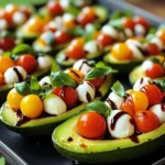 - 2 ripe avocados - 1 cup cherry tomatoes, halved - 1 cup fresh mozzarella balls, halved or cubed - 1/4 cup fresh basil leaves, roughly chopped - 2 tablespoons balsamic glaze - 1 tablespoon extra virgin olive oil - Salt and freshly ground black pepper to taste Each serving of Caprese stuffed avocados offers around 400 calories. This meal provides healthy fats from avocados and protein from mozzarella. You get a good amount of vitamins A and C from tomatoes and basil, too. The combination supports heart health and boosts your immune system. To pick ripe avocados, gently squeeze them. They should feel soft but not mushy. Look for dark green skin, which often means ripeness. Avoid any with large dents or brown spots. If they’re not ripe, leave them on the counter for a few days. Enjoy your fresh Caprese stuffed avocados! 1. Start with two ripe avocados. Cut each one in half lengthwise. Be careful not to cut too deep. 2. Gently remove the pit from each avocado half. Use a spoon to scoop out a little flesh, making space for the filling. 3. In a mixing bowl, combine 1 cup of halved cherry tomatoes and 1 cup of halved or cubed mozzarella. 4. Add 1/4 cup of roughly chopped basil leaves to the bowl. 5. Drizzle 1 tablespoon of extra virgin olive oil and 2 tablespoons of balsamic glaze into the mix. 6. Sprinkle in salt and pepper to taste. Toss the mixture gently to coat everything well. 7. Use a spoon to fill each avocado half with the Caprese mixture. Make sure to pack it in nicely. 8. For an extra touch, drizzle more balsamic glaze over the stuffed avocados. This adds flavor and looks great. - Serve the Caprese Stuffed Avocados on a colorful platter. - Garnish with extra basil leaves or a sprinkle of coarse sea salt. - This adds a nice pop of color and makes the dish look fancy. You can prepare the filling in advance. Just keep it in the fridge until you are ready to fill the avocados. This keeps the flavors fresh. You can also stuff the avocados a few hours ahead of time. Just add a bit of lemon juice to prevent browning. Enjoy your tasty meal! When making Caprese stuffed avocados, avoid overripe avocados. They can be too mushy. Also, be careful not to cut the avocados too deep when removing the pit. This can lead to messy halves. Make sure to mix the filling gently. If you mash it too much, the colors and textures will blend together. Finally, serve them right away for the best taste. You can boost the taste of your dish with a few simple additions. Try adding a dash of garlic powder or a squeeze of lemon juice. Both enhance the fresh flavors. For a spicy kick, include red pepper flakes. If you like a richer taste, swap balsamic glaze for a flavored one, like fig or raspberry. Fresh herbs like oregano or thyme can also elevate the dish. Here are some essential tools to make your cooking easier: - A sharp knife for cutting avocados. - A spoon for scooping out the flesh. - A mixing bowl for combining the filling. - Measuring spoons for precise ingredient amounts. - A cutting board to protect your surfaces. These tools will help you work efficiently and keep your kitchen tidy. {{image_4}} You can change a few ingredients in Caprese stuffed avocados to suit your taste. If you want a different cheese, try feta or goat cheese. These cheeses offer a tangy flavor that works well with the tomatoes. For a twist on the dressing, use pesto instead of balsamic glaze. It adds a fresh herbal note. You can also swap the cherry tomatoes with diced bell peppers or cucumbers. These veggies give a nice crunch. Remember, the key is to keep the flavors bright and fresh. You can mix and match until you find your perfect combo! Making this dish fit special diets is easy! For a vegan version, replace mozzarella with vegan cheese or leave it out. Use a drizzle of olive oil and lemon juice for added flavor. You can also enjoy the dish gluten-free since all the ingredients are naturally gluten-free. If you are on a low-carb diet, skip the tomatoes or use fewer of them. You can add more basil and olive oil for a tasty option. This way, you keep it light and healthy without losing flavor. Incorporating seasonal ingredients can give your Caprese stuffed avocados a fresh twist. In summer, add fresh corn or zucchini for a sweet crunch. In fall, try adding roasted butternut squash for a warm, cozy feel. Seasonal fruits like peaches or nectarines also work well in summer. You can experiment with herbs too. Swap basil for mint in the summer or thyme in the fall. Each season brings new flavors to explore! Enjoy creating your own unique version of this dish. To store leftover stuffed avocados, cover them tightly with plastic wrap. This wrap keeps air out and helps prevent browning. You can also sprinkle a little lemon juice on the exposed avocado flesh. This adds flavor and slows down oxidation. If you store them in an airtight container, that works too. Just make sure to use them within a day or two for the best taste. If you want to chill your Caprese stuffed avocados, place them in the fridge for about ten minutes. This cools them down and enhances the flavors. The balsamic glaze will thicken a bit, making it even tastier. For a refreshing bite, serve them straight from the fridge. Just don’t chill them too long or the avocados may lose their creamy texture. Reheating stuffed avocados is tricky. I don’t recommend microwaving them, as the heat can change their texture. Instead, if you have leftovers, enjoy them cold. If you prefer them warm, try placing them in a preheated oven at a low temperature. Heat them for just a few minutes. Keep an eye on them to avoid overcooking. Enjoying them cold or warm keeps your meal safe and delicious! Yes, you can prep the filling ahead. Mix the tomatoes, mozzarella, basil, olive oil, and balsamic glaze. Store this mix in a container for up to a day. Cut the avocados just before serving to keep them fresh. If the avocado sits too long, it will brown quickly. These stuffed avocados pair well with several dishes. Here are a few ideas: - A crisp green salad - Grilled chicken or shrimp - Crusty bread or garlic bread - Pasta with a light sauce - A refreshing drink, like lemonade or iced tea Each option complements the fresh flavors of the Caprese stuffed avocados. Stuffed avocados are best fresh. If stored, eat them within one day. The avocado may brown, but you can minimize this by covering them tightly. If you notice browning, just scoop off the top layer. Always check for any off smells before eating leftovers. In this post, we explored the vibrant world of Caprese Stuffed Avocados. We covered essential ingredients, preparation steps, and tips to enhance flavors. Selecting ripe avocados is key for taste. Remember to avoid common mistakes and consider variations for dietary needs. Store leftovers correctly to keep them fresh. With these insights, you are ready to enjoy and impress with this delicious dish. Dive in, get creative, and savor every bite. Enjoy the fresh, healthy flavors that Caprese Stuffed Avocados bring to your table!
