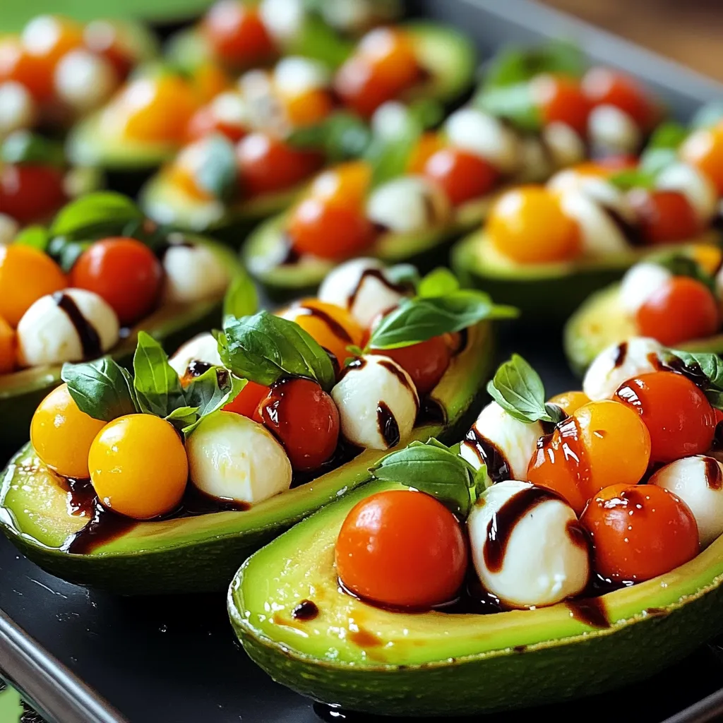 - 2 ripe avocados - 1 cup cherry tomatoes, halved - 1 cup fresh mozzarella balls, halved or cubed - 1/4 cup fresh basil leaves, roughly chopped - 2 tablespoons balsamic glaze - 1 tablespoon extra virgin olive oil - Salt and freshly ground black pepper to taste Each serving of Caprese stuffed avocados offers around 400 calories. This meal provides healthy fats from avocados and protein from mozzarella. You get a good amount of vitamins A and C from tomatoes and basil, too. The combination supports heart health and boosts your immune system. To pick ripe avocados, gently squeeze them. They should feel soft but not mushy. Look for dark green skin, which often means ripeness. Avoid any with large dents or brown spots. If they’re not ripe, leave them on the counter for a few days. Enjoy your fresh Caprese stuffed avocados! 1. Start with two ripe avocados. Cut each one in half lengthwise. Be careful not to cut too deep. 2. Gently remove the pit from each avocado half. Use a spoon to scoop out a little flesh, making space for the filling. 3. In a mixing bowl, combine 1 cup of halved cherry tomatoes and 1 cup of halved or cubed mozzarella. 4. Add 1/4 cup of roughly chopped basil leaves to the bowl. 5. Drizzle 1 tablespoon of extra virgin olive oil and 2 tablespoons of balsamic glaze into the mix. 6. Sprinkle in salt and pepper to taste. Toss the mixture gently to coat everything well. 7. Use a spoon to fill each avocado half with the Caprese mixture. Make sure to pack it in nicely. 8. For an extra touch, drizzle more balsamic glaze over the stuffed avocados. This adds flavor and looks great. - Serve the Caprese Stuffed Avocados on a colorful platter. - Garnish with extra basil leaves or a sprinkle of coarse sea salt. - This adds a nice pop of color and makes the dish look fancy. You can prepare the filling in advance. Just keep it in the fridge until you are ready to fill the avocados. This keeps the flavors fresh. You can also stuff the avocados a few hours ahead of time. Just add a bit of lemon juice to prevent browning. Enjoy your tasty meal! When making Caprese stuffed avocados, avoid overripe avocados. They can be too mushy. Also, be careful not to cut the avocados too deep when removing the pit. This can lead to messy halves. Make sure to mix the filling gently. If you mash it too much, the colors and textures will blend together. Finally, serve them right away for the best taste. You can boost the taste of your dish with a few simple additions. Try adding a dash of garlic powder or a squeeze of lemon juice. Both enhance the fresh flavors. For a spicy kick, include red pepper flakes. If you like a richer taste, swap balsamic glaze for a flavored one, like fig or raspberry. Fresh herbs like oregano or thyme can also elevate the dish. Here are some essential tools to make your cooking easier: - A sharp knife for cutting avocados. - A spoon for scooping out the flesh. - A mixing bowl for combining the filling. - Measuring spoons for precise ingredient amounts. - A cutting board to protect your surfaces. These tools will help you work efficiently and keep your kitchen tidy. {{image_4}} You can change a few ingredients in Caprese stuffed avocados to suit your taste. If you want a different cheese, try feta or goat cheese. These cheeses offer a tangy flavor that works well with the tomatoes. For a twist on the dressing, use pesto instead of balsamic glaze. It adds a fresh herbal note. You can also swap the cherry tomatoes with diced bell peppers or cucumbers. These veggies give a nice crunch. Remember, the key is to keep the flavors bright and fresh. You can mix and match until you find your perfect combo! Making this dish fit special diets is easy! For a vegan version, replace mozzarella with vegan cheese or leave it out. Use a drizzle of olive oil and lemon juice for added flavor. You can also enjoy the dish gluten-free since all the ingredients are naturally gluten-free. If you are on a low-carb diet, skip the tomatoes or use fewer of them. You can add more basil and olive oil for a tasty option. This way, you keep it light and healthy without losing flavor. Incorporating seasonal ingredients can give your Caprese stuffed avocados a fresh twist. In summer, add fresh corn or zucchini for a sweet crunch. In fall, try adding roasted butternut squash for a warm, cozy feel. Seasonal fruits like peaches or nectarines also work well in summer. You can experiment with herbs too. Swap basil for mint in the summer or thyme in the fall. Each season brings new flavors to explore! Enjoy creating your own unique version of this dish. To store leftover stuffed avocados, cover them tightly with plastic wrap. This wrap keeps air out and helps prevent browning. You can also sprinkle a little lemon juice on the exposed avocado flesh. This adds flavor and slows down oxidation. If you store them in an airtight container, that works too. Just make sure to use them within a day or two for the best taste. If you want to chill your Caprese stuffed avocados, place them in the fridge for about ten minutes. This cools them down and enhances the flavors. The balsamic glaze will thicken a bit, making it even tastier. For a refreshing bite, serve them straight from the fridge. Just don’t chill them too long or the avocados may lose their creamy texture. Reheating stuffed avocados is tricky. I don’t recommend microwaving them, as the heat can change their texture. Instead, if you have leftovers, enjoy them cold. If you prefer them warm, try placing them in a preheated oven at a low temperature. Heat them for just a few minutes. Keep an eye on them to avoid overcooking. Enjoying them cold or warm keeps your meal safe and delicious! Yes, you can prep the filling ahead. Mix the tomatoes, mozzarella, basil, olive oil, and balsamic glaze. Store this mix in a container for up to a day. Cut the avocados just before serving to keep them fresh. If the avocado sits too long, it will brown quickly. These stuffed avocados pair well with several dishes. Here are a few ideas: - A crisp green salad - Grilled chicken or shrimp - Crusty bread or garlic bread - Pasta with a light sauce - A refreshing drink, like lemonade or iced tea Each option complements the fresh flavors of the Caprese stuffed avocados. Stuffed avocados are best fresh. If stored, eat them within one day. The avocado may brown, but you can minimize this by covering them tightly. If you notice browning, just scoop off the top layer. Always check for any off smells before eating leftovers. In this post, we explored the vibrant world of Caprese Stuffed Avocados. We covered essential ingredients, preparation steps, and tips to enhance flavors. Selecting ripe avocados is key for taste. Remember to avoid common mistakes and consider variations for dietary needs. Store leftovers correctly to keep them fresh. With these insights, you are ready to enjoy and impress with this delicious dish. Dive in, get creative, and savor every bite. Enjoy the fresh, healthy flavors that Caprese Stuffed Avocados bring to your table!
