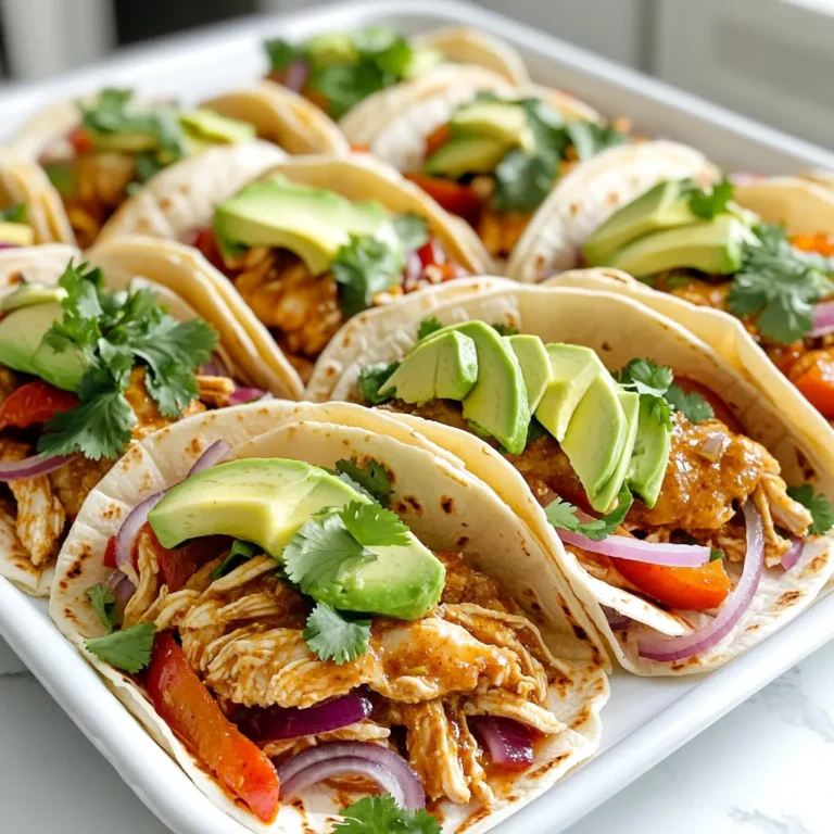 - 1.5 lbs boneless, skinless chicken thighs - 2 tablespoons olive oil - 2 teaspoons chili powder - 1 teaspoon smoked paprika - 1 teaspoon ground cumin - 1 teaspoon sea salt - ½ teaspoon freshly ground black pepper The chicken thighs are the star of this dish. They stay juicy and flavorful. Olive oil helps the spices stick and adds richness. Chili powder, smoked paprika, and ground cumin give that nice kick. Salt and pepper bring out all the flavors. - Zest and juice of 2 fresh limes - 4 cloves garlic, minced - A handful of fresh cilantro, roughly chopped (for garnish) Lime is key for that bright taste. It cuts the richness of the chicken. Garlic adds depth and warmth to the dish. Fresh cilantro brings a pop of color and freshness. These ingredients really elevate the tacos. - Corn tortillas (for serving) - 1 ripe avocado, sliced (for serving) - Salsa or pico de gallo (optional, for serving) Corn tortillas are perfect for holding all those tasty fillings. They add a nice texture. Sliced avocado brings creaminess and balances the spice. Salsa or pico de gallo can add freshness and zest. These garnishes make each bite exciting. First, you need to preheat your oven to 400°F (200°C). This step gets it ready for roasting. While the oven heats, whisk together the marinade ingredients in a large bowl. Combine olive oil, chili powder, smoked paprika, cumin, lime zest, lime juice, minced garlic, sea salt, and black pepper. Mix well to create a zesty sauce that will add flavor to the chicken. Next, coat the boneless chicken thighs in the marinade. Make sure each piece is well covered. For the best taste, let the chicken marinate for at least 15 minutes. If you have more time, you can let it sit longer to soak up the flavors. Now, it's time to roast! Arrange the marinated chicken thighs on a lined sheet pan. Surround the chicken with thinly sliced red onion and bell pepper. Spread everything out evenly. Place the sheet pan in the preheated oven and roast for 25-30 minutes. Check that the chicken reaches an internal temperature of 165°F (75°C). The veggies should be tender and slightly caramelized. Once roasted, take the pan out of the oven. Let the chicken rest for about 5 minutes. Then, shred it using two forks, making it fluffy and tender. While you do this, warm the corn tortillas in a dry skillet over medium heat. Cook them one at a time for about 30 seconds on each side until they are soft. To assemble your tacos, take a warm tortilla and add a generous portion of the shredded chicken and roasted veggies. Top each taco with fresh cilantro and slices of creamy avocado. If you want more flavor, serve with salsa or pico de gallo on the side. Enjoy every bite of this delicious dish! For the best flavor, marinate your chicken thighs for at least 15 minutes. If you have more time, let them sit longer. This allows the spices and lime juice to soak into the meat. If you prefer, you can swap chicken thighs for chicken breasts or even firm tofu. Both options work well with the marinade. Set your oven to 400°F (200°C) for roasting. Cook the chicken and veggies for 25-30 minutes. Check the chicken reaches 165°F (75°C). For caramelized veggies, spread them out on the pan. Avoid crowding, as this helps them roast better and get that lovely golden color. Present your tacos on a colorful platter. Garnish with lime wedges and extra cilantro for a festive look. You can also add sliced radishes or pickled onions for a fun twist. Serve with salsa or pico de gallo on the side for added flavor. Enjoy the mix of textures and tastes! {{image_4}} You can easily switch up proteins in this dish. Try using chicken breast instead of thighs. If you prefer a meat alternative, use tofu or tempeh. Both options soak up flavors well. For vegetables, feel free to get creative. Instead of bell peppers, try zucchini or mushrooms for a different taste. You can also add corn or black beans for extra texture. To boost flavor, think about adding more spices. Consider cumin, oregano, or even a pinch of cinnamon. Fresh herbs like basil or mint can offer a twist too. Want it spicy? Add jalapeños or a splash of hot sauce. You can also adjust the amount of chili powder in the marinade. For a milder version, use less spice or add some honey for sweetness. If you're gluten-free, ensure your tortillas are labeled gluten-free. Corn tortillas are naturally gluten-free, making them a great choice. For a low-carb option, skip the tortillas and use lettuce leaves as wraps. This keeps the dish fresh and light. You can also serve the chicken and veggies in a bowl, topped with avocado and salsa. To keep your tacos fresh, start by placing leftovers in an airtight container. This helps keep the flavors intact. You can use glass or plastic containers. Make sure they are clean and dry. If you have leftover chicken and veggies, store them separately from the tortillas. This way, the tortillas stay soft and don’t get soggy. To reheat, use a skillet over medium heat. Warm the chicken and veggies for about 5 minutes. Stir often to avoid burning. If you want to keep the flavors, add a splash of water or broth. For freezing, place cooled chicken and veggies in a freezer bag. Squeeze out the air before sealing. They can stay in the freezer for up to three months. In the fridge, your tacos can last for about 3 to 4 days. Always check for signs of spoilage. If you see any mold or the food smells off, throw it away. Freshness is key! If your chicken looks dull or feels slimy, it’s best to discard it. Always trust your senses when it comes to food safety. Yes, you can use chicken breast. Chicken thighs are juicy and tender. They have more fat. This gives them a richer taste. Chicken breast is leaner. It cooks faster and can dry out. If you choose chicken breast, watch the cooking time closely. To add heat, try these tips: - Add sliced jalapeños to the veggies. - Use spicy salsa or pico de gallo. - Mix in cayenne pepper with the marinade. - Add crushed red pepper flakes to the chicken. These options can boost the spice level to your liking. Great sides include: - Mexican rice for a hearty touch. - Refried beans for a creamy texture. - A fresh side salad with lime dressing. - Chips and guacamole for dipping. These sides will make your meal more complete and delicious. The blog post provided a simple guide to making delicious tacos. We covered key ingredients, prep steps, and tips for cooking. Remember to marinate your chicken for maximum flavor and explore ingredient swaps to personalize your dish. You can even adjust the heat to suit your taste. Whether you enjoy them fresh or as leftovers, these tacos are sure to satisfy. Enjoy your cooking adventure and the tasty results!