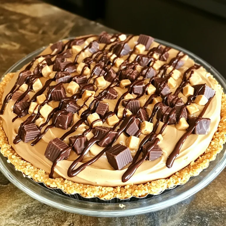 - 1 ½ cups graham cracker crumbs - ½ cup unsalted butter, melted - 1 cup creamy peanut butter - 1 cup powdered sugar - 8 oz cream cheese, softened to room temperature - 1 teaspoon vanilla extract - 1 cup whipped cream (or whipped topping) - 6-8 mini peanut butter cups, chopped (reserve some for garnish) - Chocolate sauce for drizzling You can swap graham cracker crumbs with crushed cookies for a different crust. Use almond butter instead of peanut butter for a nut-free option. If you want a lighter pie, consider using low-fat cream cheese. For sweetness, agave syrup can replace powdered sugar. For the best flavor, I recommend using brands like Jif or Skippy for peanut butter. For cream cheese, Philadelphia is a great choice. Use real whipped cream for a richer taste. Choose high-quality chocolate sauce for drizzling; brands like Hershey's or Ghirardelli work well. To start, gather your ingredients for the crust. You will need 1 ½ cups of graham cracker crumbs and ½ cup of melted unsalted butter. In a medium bowl, mix the crumbs and butter. Stir until it looks like damp sand. Press this mixture firmly into the bottom and up the sides of a 9-inch pie plate. Make sure it is even and compact. Next, place the crust in the fridge for at least 15 minutes to set. This helps it hold its shape when you add the filling. Now, let’s make the filling. In a large mixing bowl, combine 1 cup of creamy peanut butter, 1 cup of powdered sugar, 8 oz of softened cream cheese, and 1 teaspoon of vanilla extract. Use an electric mixer to beat these together until smooth and creamy. Look for a texture free of lumps. Once mixed, gently fold in 1 cup of whipped cream. Use a spatula and move slowly. This keeps the filling light and fluffy. Finally, fold in 6-8 chopped mini peanut butter cups, making sure they are evenly mixed throughout. Next, it’s time to assemble the pie. Pour the creamy peanut butter filling into your chilled graham cracker crust. Use a spatula to smooth the top. This gives it a nice finish. Cover the pie with plastic wrap or a lid. Chill the pie in the fridge for at least 4 hours. If you have time, letting it sit overnight makes the flavors even better. Just before serving, drizzle chocolate sauce on top. You can also add more chopped peanut butter cups for a fun garnish. Enjoy your delicious no-bake treat! To get the best texture for your No-Bake Peanut Butter Cup Pie, start with a smooth filling. Mix the peanut butter, cream cheese, and sugar until no lumps remain. Then, gently fold in the whipped cream. This keeps it light and fluffy. Make sure to chill the pie for at least four hours. Longer chilling helps the pie set firm. You can boost the flavor of your pie by adding a pinch of salt. A bit of sea salt can bring out the sweetness. You might also consider adding a touch of cocoa powder to the filling. This gives it a richer chocolate flavor. For extra fun, try mixing in a splash of coffee or espresso powder. These flavors pair well with chocolate and peanut butter. Avoid over-mixing the whipped cream with the filling. This can make the pie dense instead of light. Don’t skip chilling the crust before adding the filling. It helps the pie hold its shape. Also, be careful not to use too much butter in the crust. It can make it greasy and hard to cut. Lastly, remember to save some peanut butter cups for garnish; they add a nice touch! {{image_4}} You can change the flavor of your peanut butter cup pie easily. Try adding chocolate pudding to the filling for a rich twist. You can also use different nut butters, like almond or cashew, for a fun spin. Want a bit of crunch? Add chopped nuts, like peanuts or almonds, into the mixture. For a minty taste, mix in some crushed mint candies or a few drops of mint extract. The options are endless! If you want to switch up the crust, consider using Oreo cookies or chocolate graham crackers. Crush them just like the regular graham crackers. You can also use a nut-based crust for a gluten-free option. Just mix ground nuts with melted butter and press them into the pie dish. This adds a nice nutty flavor that pairs well with the filling. Making this pie vegan or dairy-free is simple. Swap the cream cheese for a vegan cream cheese product. Use maple syrup or agave instead of powdered sugar. For the whipped cream, choose a coconut whipped cream or another dairy-free option. You can also find vegan chocolate for drizzling on top. Enjoy a creamy pie while keeping it plant-based! To keep your No-Bake Peanut Butter Cup Pie fresh, store it in the fridge. Cover the pie with plastic wrap or use an airtight container. This will prevent it from drying out or absorbing other smells. Make sure to keep it chilled at all times until you are ready to serve. If you have leftovers, you can freeze them. First, slice the pie into portions. Wrap each slice tightly in plastic wrap, then place them in a freezer-safe bag. This keeps them safe from freezer burn. When you want to enjoy a slice, simply take it out and let it thaw in the fridge. The pie stays good in the fridge for up to five days. If you freeze it, aim to enjoy it within two months for the best taste. After that, the flavor may change, but it will still be safe to eat. Yes, you can use crunchy peanut butter. It adds a nice texture to the pie. The bits of peanut will give a fun crunch. If you love a strong peanut flavor, this is a great option. The pie needs to chill for at least 4 hours. This helps it set properly. For the best taste and texture, chill it overnight. The longer it chills, the firmer and more flavorful it becomes. You can serve this pie with whipped cream or chocolate sauce. A scoop of vanilla ice cream pairs nicely too. Fresh berries add a nice touch and some color. You can also sprinkle extra chopped peanut butter cups on top for fun! We explored the key ingredients and steps to make an amazing no-bake peanut butter pie. Remember to choose the right brands, follow my tips for texture, and avoid common mistakes. You can try fun variations, like vegan options or different crusts. Store your pie properly to keep it fresh. I hope this guide helps you create a delicious treat. Enjoy your baking and share your pie with friends!