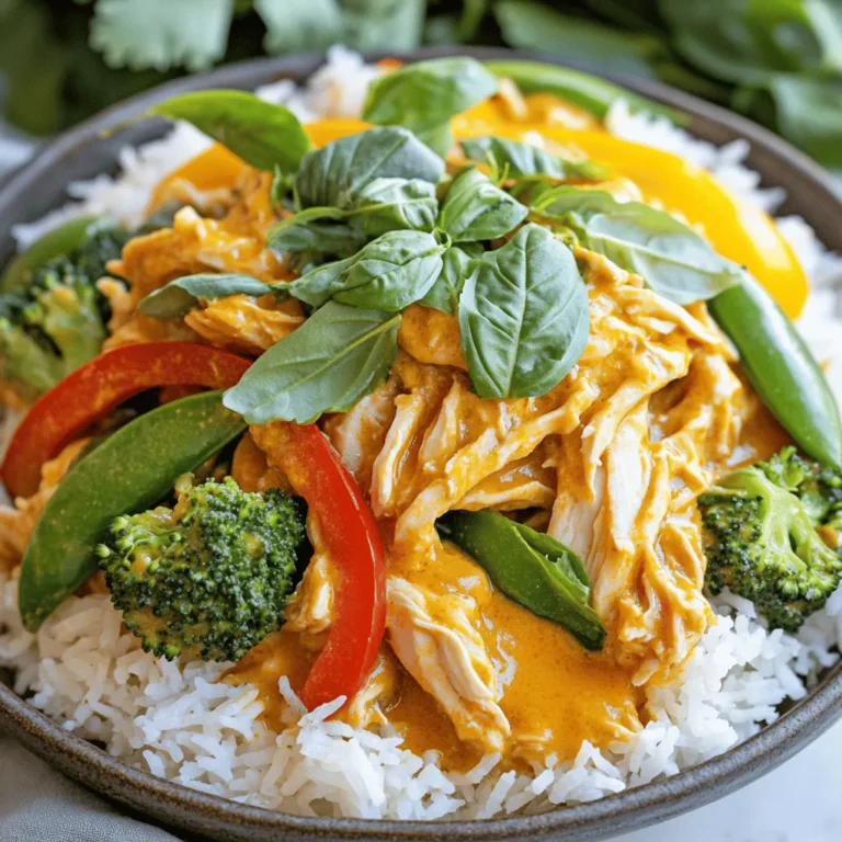 For the best Slow Cooker Thai Coconut Curry Chicken, you'll need these key items: - 2 lbs boneless, skinless chicken thighs - 1 can (14 oz) full-fat coconut milk - 2 tablespoons red curry paste - 1 tablespoon freshly grated ginger - 3 cloves garlic, finely minced - 1 tablespoon soy sauce (tamari works for gluten-free) - 1 tablespoon packed brown sugar - 1 bell pepper (red or yellow), thinly sliced - 1 cup sugar snap peas, trimmed - 1 cup broccoli florets - Fresh basil leaves for garnish - Juice of 1 ripe lime - Salt and freshly cracked black pepper, to taste You can swap some ingredients to suit your taste or diet: - Use chicken breast instead of thighs for a leaner option. - Coconut cream can replace coconut milk for a richer flavor. - If you want less spice, use less red curry paste. - Replace bell pepper with zucchini or carrots for a different crunch. - For a vegan option, substitute chicken with chickpeas or tofu. Adding spices and herbs can enhance your dish: - Consider adding a dash of turmeric for color and health benefits. - A sprinkle of paprika gives a smoky flavor. - Fresh cilantro or mint can add a fresh touch. - If you enjoy heat, use Thai chili or crushed red pepper flakes. - Don't forget to adjust salt to balance the flavors. This recipe allows you to play with the ingredients and make it your own. Enjoy experimenting! Start with 2 pounds of boneless, skinless chicken thighs. Place them at the bottom of your slow cooker. Pour in 1 can of full-fat coconut milk. This gives a creamy base. Add 2 tablespoons of red curry paste. Stir gently to mix these well. Next, add 1 tablespoon of freshly grated ginger and 3 minced garlic cloves. These ingredients add warmth and depth. Pour in 1 tablespoon of soy sauce and 1 tablespoon of packed brown sugar. Stir until the curry paste blends fully. Once your sauce is ready, it’s time for the veggies. Add sliced bell peppers, sugar snap peas, and broccoli florets. Make sure to place these on top of the chicken and sauce. This keeps the colors bright and the veggies crisp. Layering helps the vegetables cook evenly without getting mushy. Cover your slow cooker with the lid. Set it to low for 6-7 hours or high for 3-4 hours. This slow cooking allows the chicken to become tender. It should shred easily with a fork when done. After cooking, taste your curry. Adjust with salt, pepper, and juice from 1 ripe lime. This addition brightens all the flavors. For a nice texture, use two forks to shred the chicken in the sauce. Serve your curry over fluffy jasmine rice or rice noodles. Top with fresh basil leaves for a fragrant finish. To boost the flavor of your Thai coconut curry, consider adding a few extras. Use fresh vegetables like zucchini or carrots for crunch and color. You can also toss in a tablespoon of fish sauce for a savory depth. Fresh herbs like cilantro or mint can brighten the dish further. If you like heat, add sliced chilies or a pinch of cayenne pepper. Using a slow cooker is simple, but a few tips can help. Cut your chicken into smaller pieces for even cooking. Layer your vegetables on top of the meat to keep them crisp. Avoid lifting the lid during cooking, as this releases heat. Always check the liquid level before serving. If it looks too thick, add a splash of coconut milk or water. Serve your curry over fluffy jasmine rice or rice noodles for a hearty meal. Adding a side salad with lime vinaigrette can provide a fresh contrast. For extra flavor, sprinkle chopped peanuts on top for crunch. A slice of lime on the side adds a zesty kick. Enjoy your meal with a chilled drink, like coconut water or iced tea. {{image_4}} You can switch out chicken for other proteins. Try using shrimp or fish for a lighter meal. Tofu is a great choice if you want a plant-based option. Each of these proteins adds its own unique flavor and texture. Just remember to adjust cooking times. Shrimp cooks fast, while fish needs a bit more time. Tofu absorbs the sauce well and becomes very tasty. To make this dish vegetarian or vegan, replace chicken with tofu or tempeh. Use vegetable broth instead of chicken broth. For a creamier sauce, use coconut cream. You can also mix in more veggies like carrots, zucchini, or eggplant. These options make the curry rich without meat. This way, everyone can enjoy a plate of Thai coconut curry. You can control the spice level of your curry. If you like it mild, use less red curry paste. For more heat, add extra paste or fresh chili peppers. You can also stir in some chili flakes or sriracha for a kick. Remember to taste as you go. Adjust the heat to fit your palate. Everyone has a different spice tolerance, so make it just right for you! After enjoying your Slow Cooker Thai Coconut Curry Chicken, store any leftovers in an airtight container. This keeps the flavors fresh and prevents spoilage. Make sure to let the curry cool down before sealing it. You can keep it in the fridge for up to four days. To reheat, you can use the microwave or stovetop. If using the microwave, place the curry in a bowl and cover it loosely. Heat it for one to two minutes, stirring halfway through. On the stovetop, warm it in a pot over medium heat. Stir gently until it’s hot. Add a splash of coconut milk if it seems too thick. If you want to save your curry for later, freezing is a great option. First, let the curry cool completely. Then, pour it into a freezer-safe container, leaving some space at the top for expansion. Seal it tightly and label it with the date. You can freeze it for up to three months. To thaw, place it in the fridge overnight before reheating. This way, you’ll still enjoy its rich flavors! Slow Cooker Thai Coconut Curry Chicken lasts about 3 to 4 days in the fridge. Store it in an airtight container. Make sure it cools before sealing. Always check for any off smells or changes in texture before eating. Yes, you can make this dish ahead of time. Cook it in the slow cooker as directed. Once done, let it cool and store in the fridge. You can also freeze it for up to 3 months. Just thaw it overnight in the fridge before reheating. You can serve this dish with fluffy jasmine rice or rice noodles. Both pair well with the rich sauce. For a crunchy side, try a simple cucumber salad. You can also add some crusty bread to soak up the curry. Fresh basil leaves make a great garnish too! This post provided a complete guide to making Slow Cooker Thai Coconut Curry Chicken. We covered the ingredients, from spices to alternatives, to fit every palate. You learned step-by-step methods for preparation and cooking. I shared tips for flavor and storage to keep your dish fresh. Finally, we explored variations for proteins and spice levels. With these insights, you can create a delicious meal that fits your needs. Enjoy your cooking and share your delicious results!