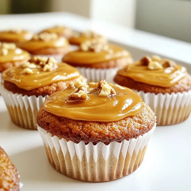To make pumpkin cupcakes with caramel drizzle, gather these ingredients: - 1 ½ cups all-purpose flour - 1 teaspoon baking powder - 1 teaspoon baking soda - ½ teaspoon salt - 1 teaspoon ground cinnamon - ½ teaspoon ground nutmeg - ½ teaspoon ground ginger - ½ cup granulated sugar - ½ cup packed brown sugar - 1 cup pumpkin puree - ½ cup vegetable oil - 2 large eggs - 1 teaspoon vanilla extract - ½ cup chopped walnuts or pecans (optional) - ½ cup caramel sauce (for drizzling) - Whipped cream (for garnish, optional) You can personalize your cupcakes by adding ingredients. Here are some ideas: - Use almond flour for a gluten-free version. - Swap chopped walnuts with chocolate chips for a sweet twist. - Substitute pumpkin puree with applesauce for a lighter taste. - Add a teaspoon of cocoa powder for a chocolatey flavor. Using high-quality ingredients makes a big difference. Here are some tips: - Choose fresh pumpkin puree for the best flavor. - Use pure vanilla extract instead of imitation for a richer taste. - Select organic sugar and spices when possible for better quality. - Opt for fresh nuts instead of pre-packaged for crunchier texture. First, set your oven to 350°F (175°C). This step is key for baking. While the oven warms up, grab a standard muffin tin. Line it with cupcake liners so the cupcakes don't stick. Next, take a medium bowl and sift together the dry ingredients. You’ll need 1 ½ cups of flour, 1 teaspoon of baking powder, 1 teaspoon of baking soda, and ½ teaspoon of salt. Add in 1 teaspoon of ground cinnamon, ½ teaspoon of ground nutmeg, and ½ teaspoon of ground ginger. Sifting helps mix the spices and leavening agents well. Set this bowl aside. In a large bowl, whisk together the sugars. Use ½ cup of granulated sugar and ½ cup of packed brown sugar. Then, add 1 cup of pumpkin puree, ½ cup of vegetable oil, and 2 large eggs. Pour in 1 teaspoon of vanilla extract for extra flavor. Whisk until the mix is smooth. Now, gently add the dry mix to the wet mix. Stir lightly until they just come together. It’s okay if the batter has some small lumps. If you like nuts, fold in ½ cup of chopped walnuts or pecans at this point. Use a spoon or an ice cream scoop to fill each cupcake liner. Aim for about two-thirds full. This gives the cupcakes room to rise and look fluffy. Place the muffin tin in your oven. Bake for 18-20 minutes. To check if they’re done, insert a toothpick into the center. If it comes out clean or with a few crumbs, they are ready! After baking, let the cupcakes cool in the tin for about 5 minutes. Then, move them to a wire rack to cool down completely. Once cool, drizzle each cupcake with caramel sauce. For a fun touch, add a dollop of whipped cream and some chopped nuts on top. Enjoy this sweet treat! To keep your cupcakes light and fluffy, mix gently. When you add the dry ingredients to the wet, stir just until you see no flour. A few lumps are okay. Overmixing makes the cupcakes dense. Remember, you want soft, airy bites. To check if your cupcakes are done, use a toothpick. Insert it in the middle of a cupcake. If it comes out clean or with just a few crumbs, they are ready. If it’s wet, bake a few more minutes. Timing is key, so keep an eye on them! For a pretty display, use a nice platter. Drizzle caramel sauce over each cupcake. If you like, top with whipped cream and chopped nuts. To make it festive, sprinkle pumpkin spice or chocolate shavings on top. This makes your treat even more inviting! {{image_4}} You can switch up your caramel drizzle easily. Try using salted caramel for a sweet and salty mix. This adds a nice twist. You can also use homemade caramel. It tastes rich and fresh. Just melt sugar and butter together, then add cream. This homemade version can take your cupcakes to a new level. If you want to play with flavors, chocolate drizzle is a great option. Just melt dark or milk chocolate. Drizzle it over your cupcakes for a sweet touch. Maple syrup is another fun choice. It adds a warm, cozy flavor. Simply warm pure maple syrup and drizzle it on top. These options make your cupcakes unique. Making gluten-free cupcakes is simple. Swap all-purpose flour for a gluten-free blend. This keeps the cupcakes soft and tasty. For a vegan version, use flax eggs instead of regular eggs. Mix 1 tablespoon of ground flaxseed with 3 tablespoons of water. Let it sit until it thickens. Use plant-based milk and oil to replace dairy. These changes allow everyone to enjoy the treat. To keep your pumpkin cupcakes fresh, store them in an airtight container. This helps maintain moisture. You can leave them at room temperature for up to two days. If you have leftovers, place them in the fridge. Just remember, they may dry out a bit in the fridge. Freezing is a great way to save cupcakes for later. First, let them cool completely. Then, wrap each cupcake in plastic wrap. Place the wrapped cupcakes in a freezer-safe bag or container. They can last for about three months in the freezer. When you're ready to enjoy them, thaw in the fridge overnight or at room temperature for a couple of hours. To reheat your cupcakes, use the microwave. Heat them for about 10-15 seconds. Check to see if they are warm, but don’t overheat. Alternatively, you can place them in a preheated oven at 350°F for about 5 minutes. This will help restore their fresh-baked taste. Yes, you can bake these cupcakes a day ahead. Let them cool completely. Store them in an airtight container. Just add the caramel drizzle before serving for the best taste. If you can't find pumpkin puree, consider using applesauce or sweet potato puree. Both give moisture and a nice flavor. You can also use butternut squash puree for a similar taste. To make caramel sauce, you need just sugar, butter, and cream. Start by heating 1 cup of sugar in a pan until it melts. Stir it until it becomes golden. Then, add 6 tablespoons of butter. Mix in ½ cup of heavy cream slowly. Stir until smooth. Yes! You can use cream cheese frosting or a simple vanilla buttercream. Both will add a nice touch to the cupcakes. You can even top them with chocolate ganache for a rich twist. You can add cloves or allspice for more warmth. A pinch of cardamom can also enhance the flavor. Feel free to experiment and find your favorite spice blend! These cupcakes are easy to make and delicious. We covered ingredients, from quality to add-ins. You learned step-by-step how to bake, cool, and decorate. Tips helped you avoid mistakes and add flair. We explored fun variations, plus storage and FAQs. Now you're ready to create your own treats. Each bite can bring joy. Enjoy the process and the sweet results!