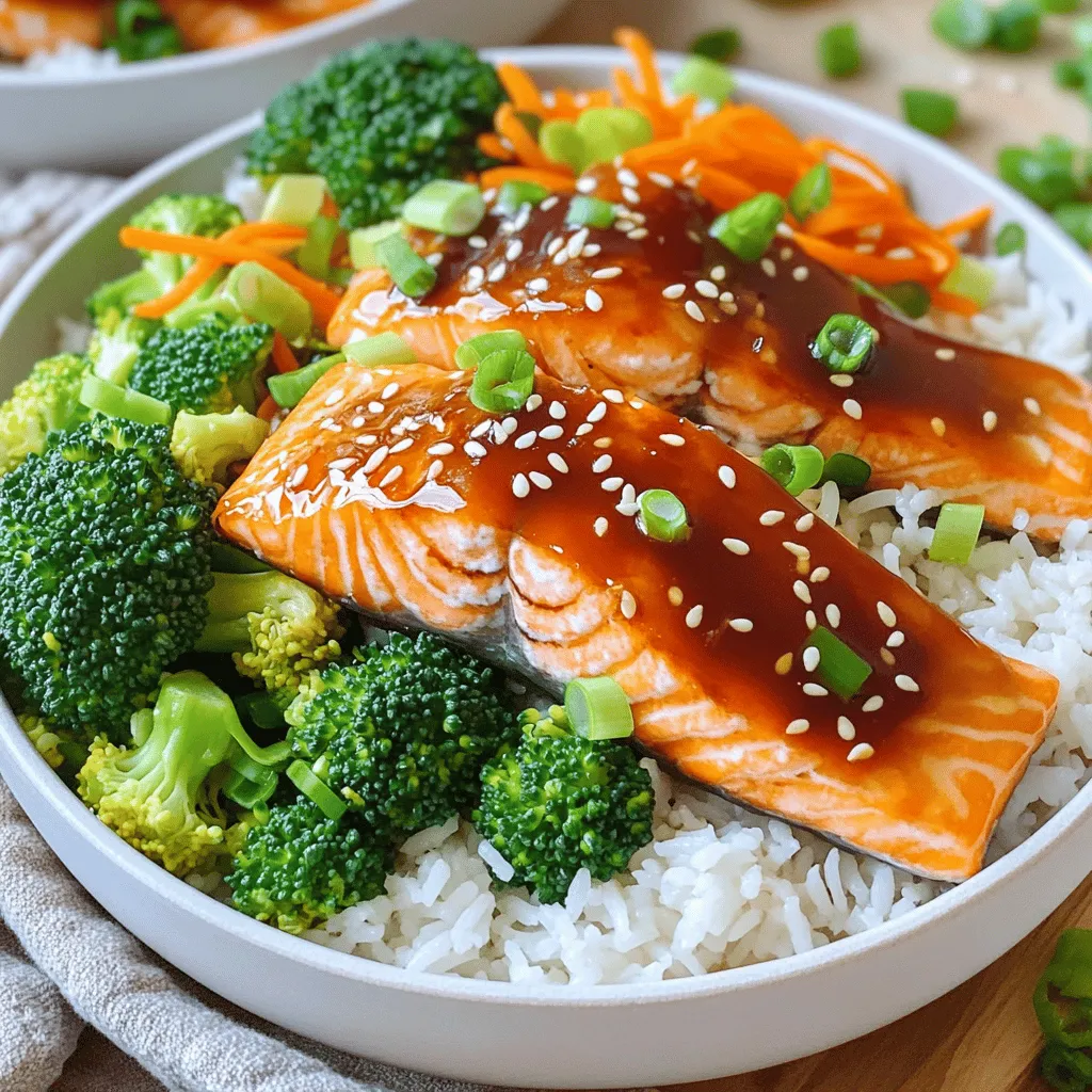 - 2 salmon fillets - 2 cups cooked jasmine rice - 1 cup broccoli florets - 1/2 cup shredded carrots - Teriyaki sauce components - 1/4 cup soy sauce - 2 tablespoons honey - 1 tablespoon rice vinegar - 1 garlic clove, minced - 1 teaspoon fresh ginger, grated - 1/4 cup green onions, thinly sliced - Sesame seeds, for garnish - Optional: Pickled ginger, for serving I love how these ingredients come together. The salmon fillets are rich and flavorful. Jasmine rice provides a soft base. Broccoli and carrots add a nice crunch and color. The teriyaki sauce gives the dish a sweet and savory kick. For the sauce, you need soy sauce for saltiness and umami. Honey adds sweetness, which balances the salty soy. Rice vinegar gives it a bit of tang. Garlic and ginger add depth and warmth. This mix creates a sauce you want to drizzle on everything! Garnishes are key. Green onions add freshness and a mild onion flavor. Sesame seeds add a nutty crunch. Pickled ginger is optional, but it gives a nice zing. It cuts through the richness of the salmon. Using these ingredients makes this dish easy and fun. You can enjoy it for lunch or dinner. Plus, it looks great on the table! To make the teriyaki sauce, start by taking a bowl. In this bowl, whisk together these ingredients: - 1/4 cup soy sauce - 2 tablespoons honey - 1 tablespoon rice vinegar - 1 minced garlic clove - 1 teaspoon grated fresh ginger Keep whisking until everything blends well. This sauce is your secret flavor booster. Set it aside for now. You will use half to marinate the salmon. Next, you will marinate the salmon. Place the salmon fillets in a shallow dish. Pour half of your teriyaki sauce over the salmon. Make sure each fillet is coated. Let the salmon sit and soak up the flavors for about 20 minutes. This step helps the fish absorb all that yummy taste. While the salmon marinates, you can cook the rice and broccoli. First, prepare 2 cups of jasmine rice according to the package directions. Cook it until fluffy and light. For the broccoli, take 1 cup of florets. Steam them for about 4–5 minutes until they're bright green and tender. This keeps the veggies fresh and crunchy. Now it’s time to cook the salmon. Heat a non-stick skillet or a grill pan over medium heat. Once it’s hot, take the salmon out of the marinade. Place it in the skillet. Cook for about 4–5 minutes on each side. Remember to baste the salmon with the reserved teriyaki sauce. This adds flavor and helps it caramelize. After cooking, it’s time to build your rice bowls. Start with a generous scoop of jasmine rice in each bowl. Next, layer on the ingredients. Top the rice with the steamed broccoli, shredded carrots, and a salmon fillet. To finish, drizzle some of the remaining teriyaki sauce over the top. Add sliced green onions and sesame seeds for a nice touch. For added flair, serve with a small dish of pickled ginger on the side. This makes your meal even more special. Enjoy! How do I check for doneness? To check if your salmon is done, use a fork. Gently twist the fork at the thickest part of the fillet. If it flakes easily and looks opaque, it is ready. Cooking time is about 4-5 minutes on each side. Keep an eye on it. Overcooking makes it dry. How do I achieve caramelization? To get that golden crust, start with a hot skillet. After marinating, let the excess sauce drip off the salmon. This helps it caramelize better. Place it skin-side down for crispy skin. Baste with reserved sauce while cooking to enhance flavor. What additional spices can I use? Try adding a pinch of red pepper flakes for heat. You can also mix in sesame oil for a nutty taste. Fresh herbs like cilantro or basil can brighten the dish. Experiment to find your favorite combo. How do I balance sweetness and umami? The teriyaki sauce is sweet, so balance it with salt. You can add a splash of soy sauce or a pinch of salt. Taste as you go to achieve your desired flavor. Use less honey if you prefer a less sweet sauce. How can I make this ahead for weeknight dinners? Cook the rice and salmon in advance. Store them in separate containers. You can steam the broccoli ahead too. Just reheat everything before serving. This makes dinner quick and easy. How do I store teriyaki sauce? Keep any leftover teriyaki sauce in a sealed jar. It can stay in the fridge for up to a week. You can also freeze it in ice cube trays. This way, you can use small amounts as needed later. {{image_4}} You can switch out the salmon if you want. Try using chicken or tofu instead. Both are great options. They soak up the teriyaki sauce well. For rice, jasmine is classic, but brown rice works too. Quinoa is also a healthy choice. Each option offers a unique taste. You can make your teriyaki sauce at home or buy it. Homemade tastes fresh and lets you adjust flavors. If you want a spicy kick, add sriracha. A little goes a long way. It adds warmth and depth to the dish without overpowering it. Feel free to mix in seasonal veggies. Zucchini, asparagus, or snap peas are nice choices. They add color and crunch. Bell peppers bring sweetness and brightness. You can even add mushrooms for an earthy taste. Keep it colorful for a fun meal. To keep your teriyaki salmon rice bowls fresh, store them in airtight containers. Divide the rice, salmon, and veggies into separate portions. This helps maintain their texture and flavor. Use the following tips: - Let the salmon cool before storing. - Keep the rice in a separate container. - Store broccoli and carrots together. - Use within three days for the best taste. You can freeze teriyaki salmon rice bowls for later meals. This is a great way to enjoy them again. Here’s how: - Wrap each portion tightly in plastic wrap. - Place wrapped portions in a freezer bag. - Remove as much air as possible to prevent freezer burn. - Use within one month for best flavor. Reheating your rice bowls can be easy and quick. Here are the best methods: - For the microwave, place the rice and salmon in a bowl. - Add a splash of water to keep it moist. - Cover with a damp paper towel and heat for 1-2 minutes. - For the oven, preheat to 350°F (175°C). - Place the rice bowls in an oven-safe dish and cover with foil. - Heat for about 15-20 minutes until warmed through. This ensures your meal tastes fresh and delicious! Yes, you can use frozen salmon. First, thaw the salmon in the fridge overnight. If you're short on time, place it in a sealed bag and run it under cold water for about 30 minutes. Make sure it’s completely thawed before cooking for best results. You can use tamari as a gluten-free option. Coconut aminos is another great substitute. Both options will give you a nice umami flavor without gluten. To make Teriyaki Salmon Rice Bowls vegetarian, swap the salmon for tofu or tempeh. Both options will absorb the teriyaki sauce well and provide a good texture. Jasmine rice is the best choice. It has a fragrant aroma and a slightly sticky texture. This helps it hold the sauce and complements the salmon well. You can store leftovers in an airtight container for up to three days. Make sure to let the food cool before sealing it. This helps maintain freshness and flavor. This blog post covered all you need for Teriyaki Salmon Rice Bowls. We explored key ingredients, like salmon, rice, and veggies, plus the teriyaki sauce you can make at home. I shared step-by-step instructions, tips for peak flavor, and storage ideas. You can even customize the dish with different proteins and veggies. Remember, cooking is about fun and creativity. Enjoy making this tasty meal and share it with others!