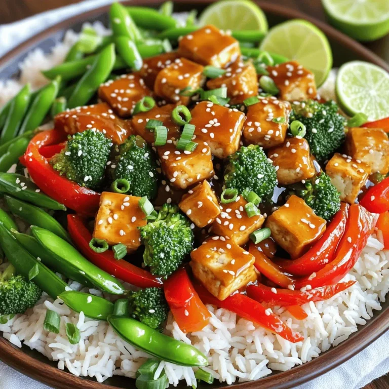 - 14 oz firm tofu, pressed and cubed - 2 tablespoons honey - 3 tablespoons soy sauce - 1 red bell pepper, sliced into strips - 1 cup broccoli florets - 1 cup snap peas, trimmed - 3 cloves garlic, minced - 1 tablespoon fresh ginger, minced - 2 tablespoons vegetable oil (plus more if needed) - 1 teaspoon sesame oil - 1 tablespoon cornstarch - 2 green onions, finely chopped (for garnish) - Sesame seeds (for garnish) - Cooked jasmine rice - Optional lime wedges In this dish, firm tofu shines as the star. It soaks up flavors well. The honey and soy sauce add a sweet and salty punch. Fresh vegetables bring color and crunch. I love using red bell pepper, broccoli, and snap peas for their taste and nutrients. Garlic and ginger give a nice kick too. For the oils, I use vegetable oil for frying. A splash of sesame oil adds depth and aroma. Cornstarch is key for crispy tofu. Green onions and sesame seeds are perfect for garnish. To serve, I always recommend warm jasmine rice. It balances the dish. A lime wedge on the side adds a fresh zing. Enjoy this colorful and tasty stir fry! Pressing the tofu to eliminate moisture To start, press the tofu to remove extra moisture. This step is key for a crispy texture. Place the tofu block between two plates. Add a heavy object on top, like a can or a skillet. Let it press for about 15 minutes. This will help the tofu absorb more flavor later. Cubing the tofu for stir fry Once the tofu is pressed, take it out from the weight. Cut it into bite-sized cubes. Aim for uniform pieces to cook evenly. This preparation ensures every bite is tasty and satisfying. Mixing honey, soy sauce, garlic, and ginger In a small bowl, combine the honey, soy sauce, minced garlic, and minced ginger. Mix well until smooth. This sauce adds a sweet and savory flavor to the dish. Set the sauce aside for later use. Sautéing the tofu and vegetables Heat vegetable oil in a large skillet or wok over medium-high heat. When the oil shimmers, add the cubed tofu. Cook for about 8-10 minutes. Turn the tofu occasionally until golden brown and crispy. Remove the tofu and set it on a plate. In the same skillet, add the sliced red bell pepper, broccoli florets, and snap peas. Sauté these veggies for 4-5 minutes. You want them tender but still crisp and bright. Combining and thickening the sauce Return the crispy tofu to the skillet. Pour the honey garlic sauce over everything. Stir gently to coat all the ingredients. Let it cook for another 2-3 minutes. This allows the sauce to thicken and stick to the tofu and veggies nicely. With these steps, your Honey Garlic Tofu Stir Fry will be bursting with flavor! To get the best crispy tofu, start with a cornstarch coating. Cornstarch draws moisture away. This helps the tofu become crunchy when fried. After pressing the tofu, cut it into cubes. Toss these cubes in cornstarch until they are fully coated. For frying, use a hot pan with vegetable oil. Heat the oil until it shimmers. This step is key to crisping the tofu nicely. Fry the tofu for about 8-10 minutes. Turn them occasionally to brown all sides evenly. To make your dish pop, add some aromatics. Fresh garlic and ginger bring a great taste. They also add a nice smell to the stir fry. You can also try adding a splash of lime juice. This adds a bright, zesty flavor. If you want more heat, add red pepper flakes or hot sauce. Adjust the soy sauce for saltiness. Each time you make this dish, you can tweak the flavors to your liking. Serve your stir fry for a stunning look. A large platter works well, or individual bowls are great too. Spoon the stir fry over warm jasmine rice. This adds a nice base for the meal. To make it pop, sprinkle green onions and sesame seeds on top. These garnishes add color and texture. You can also add lime wedges on the side. This gives your guests a chance to add zest to their dish. {{image_4}} You can easily adapt this honey garlic tofu stir fry to fit different diets. It works well for both vegans and vegetarians. Just ensure all your ingredients are plant-based. For gluten-free options, swap soy sauce with tamari. This simple change keeps the dish safe for gluten-sensitive eaters without losing flavor. Feel free to change up the vegetables to suit your taste. Try adding carrots, bell peppers, or bok choy. Each vegetable brings a new twist to the dish. If you want to switch the sweetener, maple syrup is a great alternative to honey. It adds a similar sweetness and keeps the dish vegan. This stir fry pairs well with cooked jasmine rice. You can also serve it with quinoa for a nutty flavor. If you have leftovers, get creative! Add the stir fry to a wrap or toss it in a salad. These ideas help reduce waste and keep your meals exciting. To keep your honey garlic tofu stir fry fresh, store it properly. First, let the stir fry cool to room temperature. Then, place it in an airtight container. This helps keep moisture in, which keeps your tofu and veggies tasty. - Use glass containers for safe storage. - Plastic containers work, too, but avoid using them in the microwave. - Label your container with the date to track freshness. When you're ready to enjoy the leftovers, reheating is key. The best method is using a skillet. This keeps the tofu crispy and the veggies bright. 1. Heat a little oil in the skillet over medium heat. 2. Add the stir fry and cook for around 5 minutes. 3. Stir often to avoid burning or sticking. To prevent sogginess, avoid microwaving, as it can make the tofu soft and the veggies limp. If you want to save some stir fry for later, freezing is a great option. Just follow these tips for the best results. - Cool the stir fry completely before freezing. - Place it in a freezer-safe container or bag. - Remove as much air as possible to prevent freezer burn. When you're ready to eat, thaw it in the fridge overnight. Reheat in a skillet for the best taste and texture. Enjoy your meal! Yes, you can use frozen tofu. Freezing changes the texture. It becomes spongy and absorbs more sauce. This gives a nice flavor but may alter the crispiness. Thaw it, then press it to remove extra moisture before cooking. Firm tofu works best for this dish. It holds its shape well during cooking. Extra-firm tofu is also good; it is denser and even firmer. Both types can make a tasty stir fry, but firm tofu offers a nice balance of texture. To add heat, try these options: - Add sliced jalapeños or other fresh chilies while cooking. - Mix in red pepper flakes with the sauce. - Use spicy sesame oil instead of regular. These small changes can really enhance the flavor! In this article, we explored how to make a delicious tofu stir fry. We covered key ingredients like firm tofu, fresh vegetables, and the tasty sauce mix of honey and soy sauce. I provided step-by-step instructions and helpful tips for perfecting your stir fry. You can customize the dish to fit your taste and storage needs. Whether you enjoy it fresh or as leftovers, this stir fry offers a satisfying and healthy meal option. Now, it’s time to get cooking and enjoy your flavorful creation!
