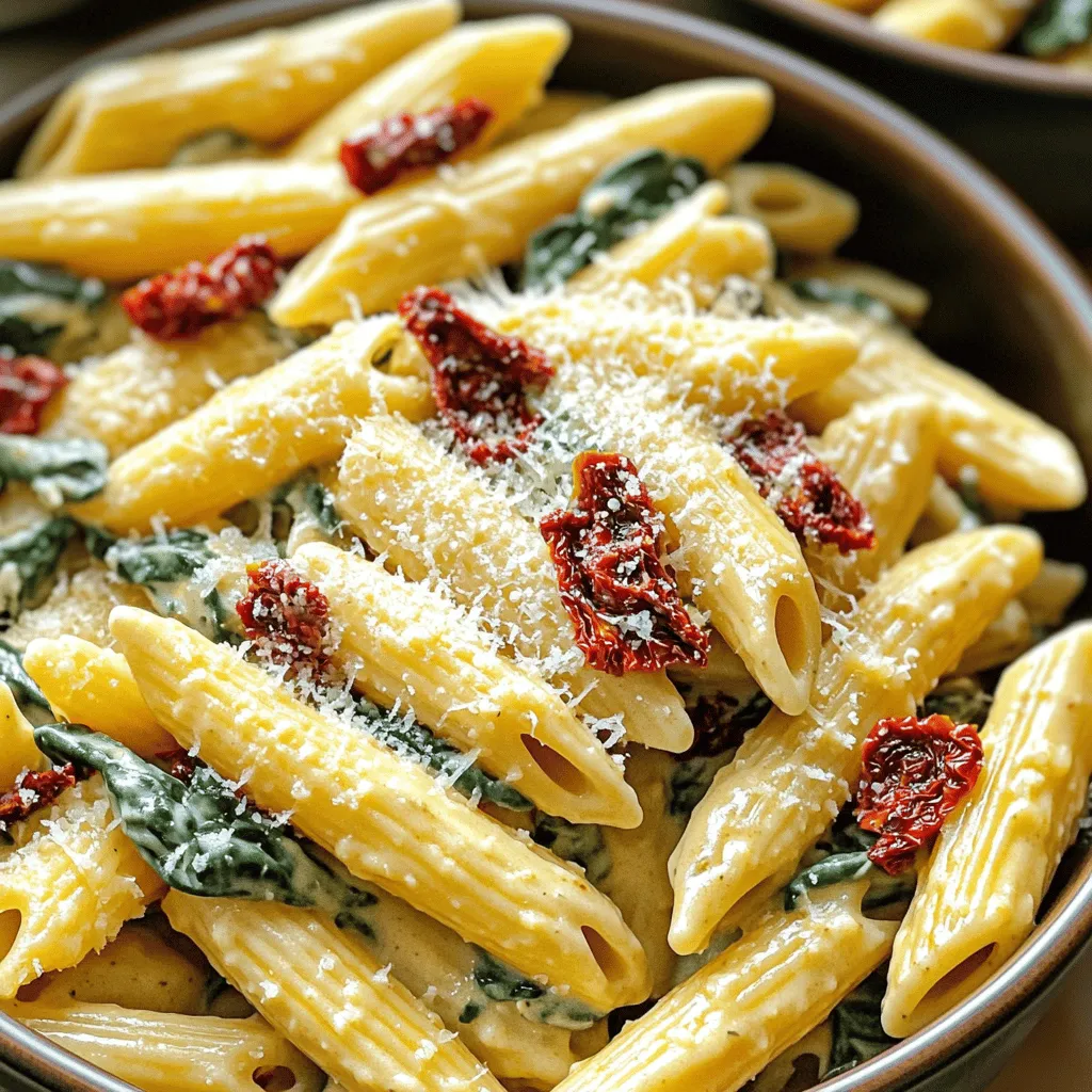 - 12 oz penne pasta - 1 cup sun-dried tomatoes in oil, drained and sliced - 3 cups fresh spinach, packed - 4 cups vegetable broth - 1 cup heavy cream or dairy-free alternative - 1 medium onion, finely diced - 3 cloves garlic, minced - 1 teaspoon each of dried oregano and basil - Salt and black pepper to taste - ½ cup grated Parmesan cheese or nutritional yeast - Red pepper flakes Gather these ingredients for a tasty one-pot meal. Start with the penne pasta, sun-dried tomatoes, and fresh spinach for a rich flavor. The vegetable broth and cream create a smooth sauce. Use onion and garlic for a solid base. Don’t forget the herbs for that extra kick. You can add cheese or red pepper flakes to make it special. This dish is easy to make and fun to share. Each bite is creamy and filled with goodness. Enjoy cooking and savoring this pasta delight! - Heat 2 tablespoons of olive oil in a large pot over medium heat. - Add 1 finely diced medium onion. Sauté for 3-4 minutes until soft. - Add 3 minced cloves of garlic and cook for 1 minute. Stir constantly. - Stir in 1 cup of drained and sliced sun-dried tomatoes. - Add 1 teaspoon of dried oregano and 1 teaspoon of dried basil. Cook for 2 minutes. - Pour in 4 cups of vegetable broth and bring to a boil. - Add 12 oz of penne pasta to the pot. Stir well to mix. - Reduce the heat and simmer, uncovered, for 10-12 minutes. Stir often until the pasta is al dente. - Add 3 cups of fresh spinach directly into the pot. - Pour in 1 cup of heavy cream and stir until the spinach wilts. - Season with salt, black pepper, and optional red pepper flakes. - Fold in ½ cup of grated Parmesan cheese until melted and creamy. - To get al dente pasta, cook it until it is firm to the bite. Check the package time but start testing a minute early. - Stir the pasta often while it cooks. This prevents it from sticking together and helps it cook evenly. - If you want a dairy-free option, use coconut milk or cashew cream instead of heavy cream. They add great flavor. - For vegan cheese, try nutritional yeast. It gives a cheesy taste and is easy to mix in. - You can add protein to this dish. Cooked chicken, shrimp, or beans work great. They make the meal more filling. - Adjust the spice level by adding herbs like thyme or red pepper flakes. This adds a nice kick if you like heat. {{image_4}} You can switch up your pasta choice. If you don’t want penne, try fusilli or rigatoni. Fusilli spirals hold onto the sauce well. Rigatoni's ridges capture flavors, too. Each option brings a fun twist to your dish! Feel free to add different veggies! Mushrooms bring a rich earthiness. Bell peppers add a sweet crunch. For a Mediterranean flair, toss in olives or artichokes. These additions will boost flavor and color in your pasta. You can change the sauce base for a new taste. Consider using vegetable puree like cauliflower for a lighter option. If you want a creamier sauce, add more broth to thin it out. Adjust to your taste for the perfect consistency! To keep your creamy sun-dried tomato spinach pasta fresh, let it cool. Place the pasta in an airtight container. Store it in the fridge for up to three days. This keeps the flavors intact and prevents spoilage. If you have a large batch, consider portioning it out. It makes it easy to grab a quick meal later. When you're ready to enjoy leftovers, reheating is simple. For the microwave, place a portion in a bowl. Add a splash of water or broth to keep it moist. Cover it with a lid or microwave-safe wrap. Heat it for 1-2 minutes, stirring halfway. On the stovetop, use a non-stick pan. Add a little water or broth and warm over low heat. Stir often to prevent sticking. This way, your pasta stays creamy and delicious. Yes, you can freeze this dish! To freeze, let it cool completely. Then, place it in a freezer-safe container. It can stay frozen for up to three months. When you want to eat it, move it to the fridge overnight to thaw. To reheat frozen portions, use the microwave or stovetop. If using the stovetop, add some liquid to help it warm evenly. Enjoy the taste of your creamy pasta anytime! Yes, you can swap penne for other pasta types. Here are some options: - Fusilli: Twisted shape holds sauce well. - Rigatoni: Large tubes for a hearty bite. - Farfalle: Bow-tie shape adds fun to your dish. These choices work well in creamy sauces. Just adjust cooking times as needed. You can prepare this dish in advance. Here are some tips: - Store leftovers in an airtight container in the fridge. - Let the dish cool before sealing. - Reheat on the stovetop with a splash of broth or cream. This keeps it creamy. If you want heat, here are some ideas: - Add red pepper flakes while cooking. - Include diced jalapeños or serrano peppers. - Stir in hot sauce for a kick. Adjust the spice level to your taste. Enjoy your creamy pasta! This dish offers a tasty mix of simple ingredients. You can enjoy pasta, vegetables, and creamy broth. With easy steps for healthful cooking, it suits any meal plan. Try different pasta or add your favorite protein for flavor. Remember to store leftovers properly and reheat with care. Make this creamy pasta your go-to recipe for quick, satisfying meals. Cooking can be fun and easy!