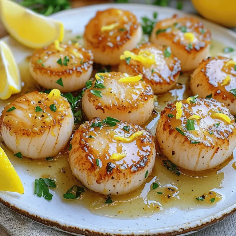 - 1 lb fresh sea scallops, cleaned and thoroughly patted dry - 4 tablespoons unsalted butter, divided - 4 cloves garlic, finely minced - Juice and zest of 1 large lemon - 1 tablespoon fresh parsley, finely chopped - Salt and freshly ground black pepper, to taste - Lemon wedges, for garnish Using fresh ingredients makes a big difference. Fresh scallops have a sweet taste and firm texture. They soak up the garlic and lemon well, making each bite burst with flavor. Fresh garlic adds a strong aroma and taste, while fresh parsley gives a bright touch. Fresh lemon juice and zest offer a zesty kick that wakes up the dish. When you use fresh items, you elevate your meal from good to great. You can get creative with garnishes and add-ins. Try adding a sprinkle of red pepper flakes for heat. A few capers can add a briny flavor that pairs well with scallops. You might like to serve the dish with a side of sautéed spinach or a crisp salad. For garnish, consider microgreens or edible flowers for a fancy touch. Mixing in these extras can make your meal even more special. To start, you must prepare the scallops well. First, take your fresh sea scallops and clean them. Use paper towels to pat them dry. This step is key. Dry scallops sear better and get a nice crust. If they are wet, they will steam instead. This can lead to a chewy texture, and we want tender, juicy scallops. Next, it’s time to sear the scallops. Heat a large skillet over medium-high heat. Add 2 tablespoons of unsalted butter and let it melt. The butter should be hot but not browned. While the butter heats, season the scallops with salt and black pepper. Gently add the scallops to the pan, but do not overcrowd them. This keeps the heat high, allowing for that golden-brown crust. Sear each side for about 2-3 minutes. You know they are done when they are opaque and have a beautiful crust. Once done, remove them from the skillet and keep warm. Now, let’s create the garlic butter sauce. In the same skillet, lower the heat to medium. Add the remaining 2 tablespoons of butter. Once melted, add 4 cloves of finely minced garlic. Sauté the garlic for about 1 minute. It should smell fragrant but watch it closely. Burnt garlic can ruin your sauce. After the garlic is ready, add the juice and zest of one large lemon. Mix well to combine all the flavors. Let it simmer for one more minute to enhance the taste. After that, take the skillet off the heat. Finally, return the seared scallops to the skillet and toss them in the sauce. This step coats them in that rich flavor we crave. To get the best sear, start with dry scallops. Moisture prevents that nice crust. Use paper towels to pat them dry. Heat your pan before adding the scallops. This way, they sizzle when they hit the skillet. Add enough space between scallops. Overcrowding makes them steam instead of sear. Sear for 2-3 minutes on each side. Look for a golden-brown color to know they are ready. Feel free to play with flavors! If you love spice, add some red pepper flakes. For more freshness, include fresh herbs like basil or thyme. Substitute lemon for lime if you prefer a different zest. You can use ghee instead of butter for a nutty taste. Keep tasting the sauce as you mix it. This helps you find the right balance for your palate. One big mistake is not drying the scallops. This leads to a soggy dish instead of a crispy one. Another issue is cooking them too long. Overcooked scallops become rubbery and tough. Watch the garlic closely; it burns fast. Burnt garlic makes the sauce bitter. Lastly, avoid skipping the lemon zest—it adds bright flavor. {{image_4}} You can lift the flavor of your scallops by adding fresh herbs. Herbs like thyme, basil, or dill work great. Toss in a few sprigs right after you add the garlic. This adds a fresh taste and a lovely aroma. You can also use tarragon for a unique twist. Experiment with what you like best! You can swap out butter for olive oil if you want a lighter dish. Olive oil adds a nice flavor and is healthier. If you want extra flavor, try using ghee. It has a rich taste and works well with garlic. You can also switch garlic for shallots for a milder taste. This change can change how your dish feels! Pair your scallops with sides that enhance their flavor. A creamy risotto or garlic mashed potatoes works well. You might also serve them with a fresh green salad or asparagus. A side of crusty bread can soak up the tasty sauce. For drinks, a crisp white wine or sparkling water with lime is refreshing. Try different pairings to find your favorite! To store leftover scallops, place them in an airtight container. Make sure they cool down first. Store in the fridge for up to two days. Keeping them in a sealed container helps prevent any strong odors from other foods. Reheating scallops can be tricky. To keep them tender, use low heat. Place them in a skillet over low heat with a bit of butter. Heat for about 5 minutes, turning gently. This method helps maintain their juicy texture and flavor. If you want to freeze scallops, first make sure they are fresh. Pat them dry and place them in a single layer on a baking sheet. Freeze them for one hour, then transfer to a freezer bag. This way, they won’t stick together. Use within three months for the best taste. Scallops are fully cooked when they turn opaque. The outside should have a nice golden color. You can also check the texture; it should feel firm but not tough. Cook them for about 2-3 minutes on each side in your hot skillet. If you see a nice crust, that's a good sign! Yes, you can use frozen scallops. Just make sure to thaw them first. Place them in the fridge overnight or run them under cold water. After thawing, pat them dry well. This step helps achieve that perfect sear. Frozen scallops may have a bit more moisture, so be cautious while cooking. You can pair lemon garlic butter scallops with many delicious sides. Here are a few ideas: - Garlic mashed potatoes - Steamed asparagus - Lemon herb quinoa - Fresh garden salad - Roasted Brussels sprouts These sides will add color and flavor to your meal! Enjoy your cooking! This blog outlined how to prepare lemon garlic butter scallops from start to finish. We discussed ingredients, the cooking process, and key tips for perfect results. I shared ways to customize flavors and how to store leftovers effectively. Cooking scallops is simple and fun. With fresh ingredients and the right techniques, you will impress anyone. Enjoy experimenting with flavors and serving styles. Preparing this dish will boost your cooking skills and delight your guests.
