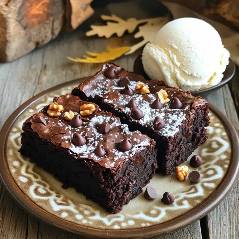 To make these brownies, you need a few key items. Gather the following ingredients: - 1 cup unsalted butter, plus extra for greasing - 2 cups granulated sugar - 4 large eggs, at room temperature - 1 teaspoon pure vanilla extract - 1 cup all-purpose flour, sifted - 1 cup cocoa powder, sifted - 1/2 teaspoon baking powder - 1/2 teaspoon fine sea salt - 1 cup semi-sweet chocolate chips - 1/2 cup walnuts, chopped (optional) Each ingredient plays a role. The butter gives richness, while sugar adds sweetness. Eggs bind everything together, and vanilla brings flavor. Flour and cocoa provide structure and chocolatey goodness. Baking powder helps the brownies rise, while salt enhances all the flavors. You can customize your brownies with add-ins. Here are some ideas: - Nuts: Try pecans or almonds for a crunchy texture. - Chocolate: Use dark chocolate chips for a richer taste. - Fruit: Add dried cherries or raspberries for a fruity twist. - Spices: A pinch of cinnamon or espresso powder can deepen the flavor. - Gluten-Free: Substitute all-purpose flour with almond flour or a gluten-free blend. Feel free to experiment. Each add-in can change the flavor and texture. Having the right tools helps make baking easier. Here’s what you need: - 9x13 inch baking pan: For even cooking. - Parchment paper: For easy removal and cleanup. - Mixing bowls: For combining wet and dry ingredients. - Spatula: For folding the batter gently. - Whisk: For mixing eggs and combining ingredients well. - Toothpick: To check if brownies are done. These tools will ensure your baking process goes smoothly. Start by preheating your oven to 350°F (175°C). This step is key to baking evenly. While the oven heats, grease a 9x13 inch baking pan with a little butter. Then, line the bottom and sides with parchment paper. Let some paper hang over the edge. This helps lift out the brownies later. In a medium saucepan, melt 1 cup of unsalted butter over low heat. Stir it now and then for even melting. Once the butter is melted, take the pan off the heat. Add 2 cups of granulated sugar to the butter. Mix this until it looks smooth and combined. Let the butter-sugar mix cool for about 5 minutes. Now, add 4 large eggs one at a time. Whisk well after each egg goes in. This makes the mix fluffy. After mixing the eggs, stir in 1 teaspoon of pure vanilla extract. - Prepare the Dry Mixture In a separate bowl, sift together 1 cup of all-purpose flour, 1 cup of cocoa powder, 1/2 teaspoon of baking powder, and 1/2 teaspoon of fine sea salt. This step keeps your brownies light and airy. - Combine Wet and Dry Mixtures Gently fold the dry mixture into the wet mix using a spatula. Mix just until you don’t see dry flour. Don’t overmix, or the brownies may turn out dense. - Add Chocolate Chips and Nuts Now, fold in 1 cup of semi-sweet chocolate chips. If you like nuts, add 1/2 cup of chopped walnuts too. Make sure everything is spread out evenly in the batter. Pour this rich mixture into the prepared baking pan. Use your spatula to smooth it into the corners. To get that perfect fudge texture, you need to mix just right. Be gentle when combining the wet and dry ingredients. Overmixing can make the brownies tough. Aim for a smooth batter with a few lumps. The key is to mix until you see no dry flour. The melted butter and sugar mix adds a rich base. This helps create a fudgy, moist brownie that melts in your mouth. One common mistake is using cold eggs. Always use eggs at room temperature. This helps them blend better with the butter and sugar mix. Another mistake is not checking the baking time. Baking for too long makes the brownies dry. Insert a toothpick into the center. If it comes out with a few moist crumbs, they are done. Avoid opening the oven door too soon, as that can cause them to sink. To keep your brownies fresh, store them in an airtight container. You can leave them at room temperature for up to four days. If you want to keep them longer, wrap them tightly and freeze them. They can last up to three months in the freezer. When you want to enjoy them again, let them thaw at room temperature. This keeps their rich taste and texture intact. {{image_4}} For a crunchy twist, try adding nuts. Chopped walnuts or pecans work great. They add a nice texture and flavor. To include nuts, simply fold in 1/2 cup of your choice when mixing in the chocolate chips. This small change makes a big difference. You can also toast the nuts for a deeper taste. Just watch them closely so they don’t burn. Caramel adds a sweet layer to your brownies. To make caramel swirl brownies, prepare your basic brownie batter. Then, before baking, drizzle store-bought or homemade caramel sauce over the top. Use a knife to swirl the caramel gently into the batter. This creates beautiful ribbons of caramel as it bakes. The result is a gooey, rich treat everyone will love. You can make these brownies fit different diets. To create gluten-free brownies, swap all-purpose flour for a gluten-free blend. Make sure it includes xanthan gum for the best texture. If you want a vegan version, replace eggs with flax eggs. Mix one tablespoon of ground flaxseed with three tablespoons of water for each egg. Let it sit until it thickens. Use vegan butter or coconut oil instead of regular butter. These swaps ensure everyone can enjoy these delicious brownies! For special occasions, serve brownies warm. Cut them into neat squares. Place them on a nice plate. Add a scoop of ice cream on the side. Drizzle with chocolate sauce for extra flair. You can also top them with fresh berries or mint leaves. This makes them look beautiful and tastes great. Brownies pair well with many treats. Vanilla ice cream is a classic choice. You can also try salted caramel sauce or raspberry sauce. These add sweetness and a bit of tang. A dollop of whipped cream on top can make them even more special. Try different flavors to find your favorite! Get creative with how you present your brownies. Dust them with powdered sugar for a pretty touch. Use a stencil to make fun shapes. Arrange them on a tiered stand for a festive look. You can even serve them in cute cupcake liners. This adds fun and makes serving easy! Chocolate fudge brownies last about 3 to 4 days at room temperature. Keep them in an airtight container to keep them fresh. If you store them in the fridge, they can last up to a week. Yes, you can freeze chocolate fudge brownies. Wrap them in plastic wrap and then place them in a freezer bag. This way, they stay fresh for up to 3 months. To enjoy, just thaw them in the fridge overnight. To cut brownies well, chill them for a bit first. Use a sharp knife for clean edges. Wipe the knife with a damp cloth between cuts to avoid sticking. You can substitute cocoa powder with chocolate, but adjust the amounts. Use about 1 ounce of chocolate for every 3 tablespoons of cocoa powder. Melt the chocolate with butter for better mixing. In this post, we explored how to make rich chocolate fudge brownies. We discussed the key ingredients and some optional add-ins. You learned step-by-step instructions for baking, along with tips to achieve that perfect texture. We also covered fun variations and serving ideas. Brownies can be enjoyed in many ways, whether with ice cream or alone. Now you have the skills and knowledge to bake these treats. Enjoy sharing them with family and friends!