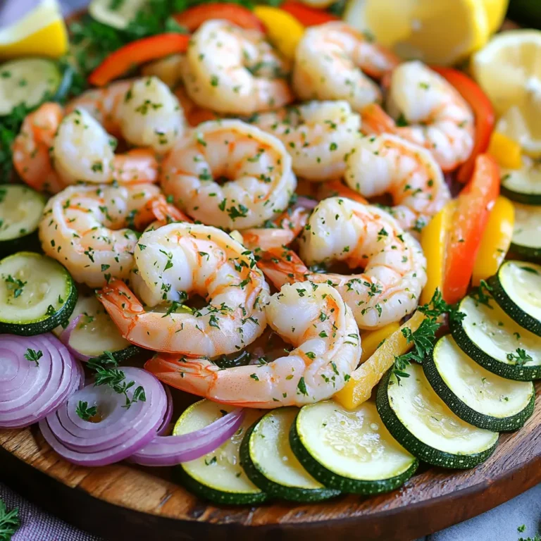 - Fresh shrimp: 1 pound large shrimp, peeled and deveined - Vegetables: 2 medium zucchinis, sliced into half-moons - 1 bell pepper, sliced (choose your favorite color for a vibrant look) - 1/2 red onion, sliced into thin wedges - Marinade components: - 3 tablespoons extra virgin olive oil - 2 tablespoons fresh lemon juice (about one lemon) - Zest of 1 lemon for added flavor - 3 cloves garlic, finely minced - Seasonings: - 1 teaspoon dried oregano - Sea salt and freshly cracked black pepper to taste - Garnish: 1 tablespoon fresh parsley, chopped for garnish When I make this dish, I love how fresh shrimp pairs with bright veggies. The vibrant colors of the zucchini, bell pepper, and red onion make the plate pop. For the marinade, I use olive oil, lemon juice, and zest, which add a zesty kick. Minced garlic brings in depth, while oregano adds warmth. Don't forget the salt and pepper for balance! This simple list of ingredients is easy to find. You can get them all at your local market. Fresh parsley on top makes it look beautiful and adds freshness. I always remind myself that using fresh ingredients makes a big difference in taste. You will love how easy it is to gather the ingredients for this flavorful meal! - Preheat the oven to 425°F (220°C). This step is key for even cooking. - In a large mixing bowl, combine 3 tablespoons of olive oil, 2 tablespoons of lemon juice, lemon zest, and 3 minced garlic cloves. Whisk until blended. - Add 1 pound of shrimp, 2 sliced zucchinis, 1 sliced bell pepper, and 1/2 sliced red onion to the bowl. Toss everything well to coat. - Spread the shrimp and vegetables in a single layer on a baking sheet. Leave space for air to flow around them. - Place the sheet in the oven and bake for 12-15 minutes. Look for shrimp to turn pink and opaque, and veggies to be tender but bright. - After baking, let the dish cool for about one minute. This helps the flavors settle. - Serve on a decorative platter. Garnish with fresh parsley and lemon wedges for a pop of color. - Pair with crusty bread or a light salad to complete your meal. Enjoy the bright flavors! To ensure perfectly cooked shrimp, watch the color closely. When shrimp turn pink and opaque, they are done. Overcooking makes them rubbery. For caramelized veggies, spread them out on the pan. This allows steam to escape, leading to that golden color. Use a high oven temp for best results. Prepare your ingredients ahead of time. Slice the zucchini and bell pepper early. You can also marinate the shrimp a few hours before cooking. This adds flavor and saves time. For storing leftovers, place them in an airtight container. Keep them in the fridge for up to three days. Reheat gently to maintain the shrimp's texture. {{image_4}} You can change up the veggies in this dish. If you have bell peppers, try using asparagus or cherry tomatoes instead. Broccoli florets can also be a great choice. They add color and taste with ease. For herbs, you can swap fresh parsley for basil or cilantro. Thyme or rosemary can also bring a new flavor. Fresh herbs always add a nice touch. Want some heat? Add a pinch of red pepper flakes or diced jalapeños. This will spice things up and add a new kick. If you love heat, try a bit of sriracha in your marinade. You can also play with different marinades. For a sweet twist, mix in honey or maple syrup. A splash of soy sauce can give it an Asian flair. Experiment with these options to find your favorite. To keep your Sheet-Pan Lemon Herb Shrimp & Zucchini fresh, follow these tips: - Cool Down First: Let the dish cool to room temperature. This helps prevent condensation in your storage container. - Use Airtight Containers: Store leftovers in airtight containers. Glass or BPA-free plastic containers work great for this. - Refrigerate Quickly: Place the containers in the fridge within two hours of cooking. This helps reduce the risk of bacteria. Reheating shrimp can be tricky. Here’s how to do it well: - Use the Oven: Preheat your oven to 350°F (175°C). Spread the shrimp and veggies on a baking sheet. Heat for 8-10 minutes. This keeps the shrimp juicy and tasty. - Microwave with Care: If you use a microwave, heat on low power. Heat in short bursts to avoid overcooking. Check frequently to keep the shrimp tender. By following these steps, you can enjoy your delicious meal again without losing its great taste! How do I know when the shrimp are done? The shrimp turn pink and opaque when they are done. They should also curl slightly. This usually takes about 12-15 minutes in the oven. Can I use frozen shrimp for this recipe? Yes, you can use frozen shrimp. Just thaw them first. Place them in cold water for about 15-20 minutes. Make sure they are peeled and deveined before using. What’s the best way to cut zucchini for this dish? Slice the zucchini into half-moons. Aim for about 1/4 inch thick. This size helps them cook evenly and stay tender. Can I make this recipe ahead of time? Yes, you can prep the ingredients a few hours in advance. Store the shrimp and veggies in the marinade in the fridge. Just bake them before serving. What are some good side dishes to serve with it? Great sides include crusty bread or a light salad. You can also serve it with rice or quinoa for a heartier meal. You now know how to make a tasty shrimp and vegetable dish. We covered the fresh ingredients, step-by-step cooking steps, and fun tips to make this meal shine. Remember to play with flavors and ingredients. Don't hesitate to try new veggies or add spices. This dish is not just quick to cook; it's also great for meal prep. Keep your leftover shrimp tender by storing them right. Enjoy making this healthy dish your way!
