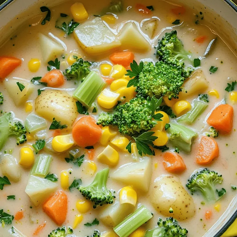 - 3 cups vegetable broth - 2 cups potatoes, diced into ½-inch cubes - 1 cup carrots, diced into small pieces - 1 cup celery, finely diced - 1 cup corn kernels (can use fresh or frozen) - 1 cup broccoli florets, cut into bite-sized pieces - 1 can (14 oz) coconut milk, preferably full-fat for creaminess - 1 onion, finely chopped - 3 cloves garlic, minced - 2 teaspoons dried thyme for herbal flavor - 1 teaspoon smoked paprika for depth - Salt and pepper to taste - 2 tablespoons olive oil for sautéing - Fresh parsley, chopped (optional, for garnish) Each ingredient plays a key role in making this chowder tasty. The vegetable broth serves as the base, bringing warmth and flavor. Potatoes add heartiness, while carrots and celery lend sweetness and crunch. Corn and broccoli contribute color and texture, making each bite delightful. Aromatics like onion and garlic form the flavor foundation. They create a fragrant base when sautéed. Coconut milk adds creaminess and a hint of sweetness, balancing the spices. Dried thyme gives an herbal touch, while smoked paprika adds a subtle warmth. Salt and pepper enhance all flavors, bringing everything together. Finally, the olive oil helps to sauté the onions and garlic, ensuring they cook evenly. If you want to add a fresh touch, sprinkle chopped parsley on top before serving. This chowder is full of vibrant ingredients that come together to create a simple yet hearty meal. Sautéing Onion and Garlic Start by heating two tablespoons of olive oil in a medium skillet over medium heat. Add one finely chopped onion and three minced garlic cloves. Sauté for about three to four minutes. You want the onion to turn translucent and fragrant. This step builds a strong base flavor for your chowder. Tips for Achieving Flavor To enhance the flavor, cook the onion until it softens. A little browning adds depth. Don’t rush it; patience is key. Use fresh garlic for the best taste. You can also try using different oils like avocado oil for a twist. Layering Vegetables Once your aromatics are ready, transfer them into the slow cooker. Add three cups of diced potatoes, one cup of diced carrots, and one cup of finely diced celery. Then, mix in one cup of corn kernels and one cup of broccoli florets. Layering helps each veggie maintain its texture and flavor. Incorporating Spices Sprinkle two teaspoons of dried thyme and one teaspoon of smoked paprika evenly over the veggies. These spices add a nice herbal flavor and a hint of smokiness. Feel free to adjust these amounts based on your taste. Setting Cooking Time (Low vs. High) Cover the slow cooker with its lid. You can set it to cook on low for six to eight hours or on high for three to four hours. Cooking on low gives the flavors more time to meld. If you're short on time, high works well too. Importance of Covering the Slow Cooker Always keep the lid on while cooking. This helps to trap steam and keeps the chowder thick and creamy. Removing the lid can lead to a watery soup, which is not what we want! Adding Coconut Milk After the cooking time is up, take off the lid and stir in one can of full-fat coconut milk. This adds a rich, creamy texture to your chowder. Let it heat through for about 15 to 30 minutes on low. Adjusting Seasoning Before serving, taste your chowder. Add salt and pepper as needed. This step ensures the flavors are just right. Remember, a little adjustment can make a big difference in taste! Importance of Cooking Times Cooking time is key for slow cooker recipes. For this chowder, set your slow cooker to low for 6–8 hours. If you're in a rush, the high setting works in 3–4 hours. Cooking low and slow helps blend the flavors. Preventing Overcooking To avoid mushy veggies, check the chowder. If you see veggies are tender, it's ready. You can also cut your vegetables into larger pieces. This helps them hold their shape as they cook. Suggestions for Extra Spices Boost the flavor with spices. Add a pinch of cayenne for heat or a dash of cumin for earthiness. Fresh herbs like thyme or basil can add brightness too. Experiment until you find your favorite combo. Using Fresh vs. Frozen Vegetables Fresh veggies often taste best, but frozen ones save time and are easy to use. If using frozen corn or broccoli, no need to thaw. Just toss them in! They will cook perfectly in the slow cooker. Alternatives to Coconut Milk Love the creamy texture? If you can't use coconut milk, try heavy cream or cashew cream. Both give that rich taste. You can also add blended silken tofu for a dairy-free option. Creamy Add-ins For an extra creamy chowder, stir in some cream cheese or sour cream near the end. This gives a velvety finish. You can also add mashed potatoes for added thickness. {{image_4}} You can add protein to your chowder for extra nutrition and taste. Here are three great choices: - Chickpeas: They add fiber and protein. They are plant-based and easy to use. - Tofu: Tofu is a great option. It soaks up flavors and adds creaminess. - Chicken: Cooked chicken adds heartiness. It pairs well with the veggies. Pros and Cons of Each: - Chickpeas: They are cheap and healthy. They may change the chowder's texture. - Tofu: It’s rich in protein and blends well. It may require more seasoning. - Chicken: It adds richness. You need to cook it before adding. You can easily change the flavor of your chowder. For spice lovers, try these ideas: - Spicy Veggie Chowder with Jalapeños: Adding jalapeños gives a nice kick. Adjust the amount based on your spice level. - Adding Cheese for Richness: Stir in cheese for a creamy finish. Cheddar or gouda work well. Make your chowder with fresh, seasonal veggies. Here are the best options: - Spring: Use peas and asparagus for a fresh taste. - Summer: Add zucchini and bell peppers for brightness. - Fall: Sweet potatoes and squash add depth. - Winter: Root veggies like parsnips and turnips work well. Adapting Recipe to Local Produce: Visit your local market for fresh options. This way, you support local farmers and enjoy peak flavor. To keep your chowder fresh, let it cool before storing. This helps prevent moisture buildup. Use a clean container with a tight lid. Glass or BPA-free plastic works well. Make sure to label the container with the date. When it's time to enjoy leftovers, reheat gently. The best way is on the stove. Pour the chowder into a pot and heat over low to medium heat. Stir often to keep the texture smooth. You can also use a microwave. Place the chowder in a microwave-safe bowl, cover it, and heat in short bursts. Stir after each burst. You can freeze this chowder for later. To freeze, pour it into an airtight container. Leave some space at the top for expansion. It’s best to freeze it within three days of cooking. When you’re ready to eat, thaw it in the fridge overnight. For quick thawing, place the container in cold water. After thawing, reheat as mentioned above. Yes, you can make this recipe vegan. The ingredients are mostly plant-based. The main item to check is the coconut milk. Use full-fat coconut milk for creaminess. All other ingredients are vegan-friendly. Just make sure to avoid any animal-based products if you want to keep it vegan. You can store the chowder for up to five days. Keep it in an airtight container in the fridge. Make sure it cools down before sealing. This helps it stay fresh. For longer storage, consider freezing it. There are several options if you need a substitute for coconut milk. You can use almond milk or soy milk for a lighter option. For creaminess, try cashew cream or oat milk. Each of these options has a different taste, so pick what you enjoy. Yes, you can cook this chowder on the stove. Start by sautéing the onion and garlic in a pot. Then add the vegetables and broth. Bring it to a boil, then simmer for about 20-30 minutes. Stir in the coconut milk before serving. This will give you a similar creamy texture. This blog post covers how to make a tasty veggie chowder in your slow cooker. We discussed key ingredients, including fresh vegetables and coconut milk. You learned how to prepare aromatics and combine everything for the best flavor. I shared tips for enhancing flavor and storing your chowder. In conclusion, this chowder is simple and fun to customize. Try adding your favorite veggies or proteins. Enjoy cooking and experimenting with this recipe, and you’ll have a cozy meal ready to share!