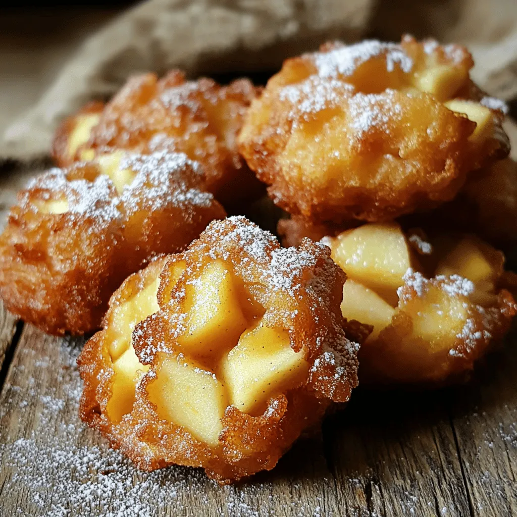 - 2 medium apples (preferably Granny Smith or Honeycrisp), peeled and diced into small cubes - 1 cup all-purpose flour - 1 teaspoon baking powder - 1/2 teaspoon ground cinnamon - 1/4 teaspoon ground nutmeg - 1/4 teaspoon salt - 1/4 cup granulated sugar - 1/2 cup milk - 1 large egg, beaten - 1 teaspoon vanilla extract - 1 tablespoon fresh lemon juice - Cooking spray for greasing - Optional: Powdered sugar for dusting You will need fresh apples for this recipe. Granny Smith or Honeycrisp apples work best. Their tartness balances the sweet flavors. Next, gather your dry ingredients. You need flour, baking powder, cinnamon, nutmeg, salt, and sugar. These will give your fritters structure and flavor. Now, for the wet ingredients. You will need milk, a large egg, vanilla extract, and lemon juice. The lemon juice helps keep the apples fresh and adds a nice zing. Finally, don’t forget about cooking spray. This helps your fritter bites cook evenly without sticking. If you like, you can add powdered sugar on top for a sweet finish. Each ingredient plays a key role in making these fritters tasty and fun. Enjoy the process and get ready for a delicious treat! Start by peeling the apples. I like to use Granny Smith for their tartness. Dice the apples into small cubes. This helps them cook evenly. In a medium bowl, toss the diced apples with lemon juice. The lemon juice keeps the apples fresh and bright. Set the bowl aside. Let the apples soak in the flavor for a bit. Next, grab a large mixing bowl. In this bowl, add 1 cup of all-purpose flour. Then, mix in 1 teaspoon of baking powder. Add 1/2 teaspoon of ground cinnamon and 1/4 teaspoon of ground nutmeg. These spices give the fritters a warm flavor. Don’t forget to add 1/4 teaspoon of salt and 1/4 cup of granulated sugar. Whisk everything together until it is well blended. Make sure there are no lumps. Now, take another bowl to mix your wet ingredients. Pour in 1/2 cup of milk. Add 1 beaten egg and 1 teaspoon of vanilla extract. Stir this mixture well. Then, gently mix the wet ingredients into the dry ingredients. Be careful not to overmix; just combine until it is smooth. Finally, fold in the prepared apples with a spatula. This ensures each bite has apple goodness. Preheating the air fryer is key for great texture. Set it to 350°F (175°C). Let it heat for about 5 minutes. This step helps the fritter bites cook evenly and get that nice crisp. Now, it’s time to cook! Lightly spray the air fryer basket with cooking spray. This keeps the fritter bites from sticking. Use a tablespoon to drop small mounds of batter into the basket. Don’t crowd them; leave space for air to flow. Cook for about 10-12 minutes. Watch them turn golden brown! Halfway through cooking, gently flip the fritter bites. Use tongs or a spatula to turn them. This helps both sides crisp up. To check doneness, look for a golden color. If they don’t look done, you can add a few more minutes. Enjoy the smell! {{image_4}} For the best fritter bites, I recommend using Granny Smith or Honeycrisp apples. These apples have a nice balance of sweetness and tartness. Their firm texture holds up well during cooking. If you prefer sweeter bites, Honeycrisp is a great choice. For a tart flavor, go with Granny Smith. Always choose fresh apples for the best taste. Mixing is key, but overmixing can ruin the fritter bites. When combining wet and dry ingredients, stir gently. Just mix until you see no dry flour. A few lumps are okay. This keeps the fritters light and fluffy. If you overmix, the fritters can turn out tough and chewy. Serve your fritter bites warm for the best flavor. Place them on a decorative platter to impress your guests. Dust them with powdered sugar for a sweet touch. You can also add a side of caramel or vanilla sauce for dipping. This makes the treat even more indulgent. Enjoy the compliments! You can change the taste of your apple fritter bites by adding spices. Cinnamon is a classic choice. You can also try nutmeg or ginger for a warm flavor. Want a twist? Add a dash of cardamom. This spice brings a unique taste. You might even mix in some lemon zest for a fresh kick. Instead of just powdered sugar, think about other toppings. You can dip the fritter bites in chocolate. Melted dark chocolate adds a rich flavor. For a fun twist, use caramel sauce. Drizzle it on top for extra sweetness. You can also try a glaze made from powdered sugar and milk. It adds a shiny finish that looks great. If you need a gluten-free option, it’s simple to adapt. Substitute all-purpose flour with gluten-free flour. Many brands work well in this recipe. Just make sure it’s a 1:1 blend for the best results. Also, check if your baking powder is gluten-free. This way, you can enjoy the same tasty fritter bites without worry. Yes, you can use different apples. Granny Smith gives a tart taste. Honeycrisp adds a nice sweetness. Other apples like Fuji or Gala work too. Just pick what you like best for flavor. To store leftovers, let them cool first. Place them in an airtight container. You can keep them in the fridge for about three days. If you want to keep them longer, freeze them. Just make sure they are in a freezer-safe bag. Yes, you can reheat fritter bites in the air fryer. Set it to 350°F (175°C). Heat them for about 3-5 minutes. This will make them warm and crispy again. In this blog post, I shared how to make delicious apple fritter bites. We covered the right ingredients, step-by-step instructions, and helpful tips. You learned about choosing apples, avoiding overmixing, and even making gluten-free options. Try these bites for a fun snack or dessert. Experiment with flavors and toppings to enjoy even more. I hope you feel ready to make your own tasty fritters. Enjoy every crunchy, sweet, and warm bite!