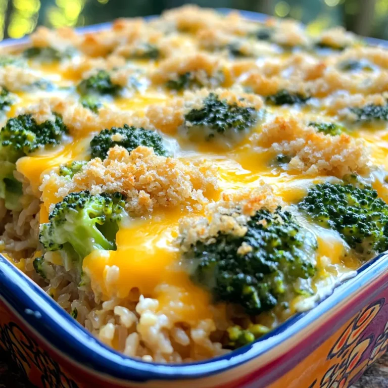 To make a cheesy broccoli rice casserole, you need the following ingredients: - 2 cups of cooked brown rice - 2 cups of broccoli florets (fresh or frozen) - 1 cup of sharp cheddar cheese, freshly grated - 1 cup of mozzarella cheese, freshly grated - 1 cup of whole milk - 1/2 cup of sour cream - 1/2 teaspoon of garlic powder - 1/2 teaspoon of onion powder - Salt and pepper, to taste - 1/4 cup of breadcrumbs (for that perfect crunchy topping) - 2 tablespoons of extra virgin olive oil - 1/4 cup of grated Parmesan cheese (for an added cheesy crust) Using fresh or frozen broccoli makes no difference in taste. I often use frozen when I want to save time. Fresh broccoli is great if you want that crisp texture. The sharp cheddar gives a nice bite, while mozzarella makes it creamy. Whole milk and sour cream add richness that makes every bite comforting. Don’t skip the breadcrumbs! They add a crunchy element that contrasts with the creamy filling. And the Parmesan cheese? It gives a lovely salty kick that takes the dish to the next level. Make sure to measure everything accurately. This ensures the best flavor and texture. Enjoy gathering these ingredients! They come together to create a dish that warms your heart and fills your belly. - Preheat oven to 350°F (175°C). - Prepare baking dish with olive oil. Start by preheating your oven. This helps the casserole cook evenly. While the oven heats, grab a 9x13 inch baking dish. Lightly coat it with olive oil. This step stops the casserole from sticking. - Combine rice, broccoli, cheeses, milk, sour cream, and spices. In a large bowl, mix the cooked brown rice and broccoli florets. Add the sharp cheddar cheese and mozzarella cheese. Pour in the whole milk and sour cream. Sprinkle in garlic powder, onion powder, salt, and pepper. Stir until everything is well mixed and coated. - Transfer mixture to the baking dish. - Add breadcrumb and Parmesan topping. - Bake for 25-30 minutes. Next, pour the mixture into your prepared baking dish. Spread it evenly with a spatula. In a small bowl, mix breadcrumbs with grated Parmesan cheese. Sprinkle this on top of the casserole for a crunchy finish. Now, place the dish in the hot oven. Bake for 25 to 30 minutes. Watch for the cheese to melt and bubble. The topping should turn golden brown. Once done, take it out and let it cool for 5-10 minutes. This makes it easier to serve. To make your casserole perfect, always use freshly grated cheese. This helps it melt nicely. You can mix different cheeses if you like. Adjust the seasoning based on your taste. Add more salt or pepper to fit your flavor. Serve your casserole hot. A sprinkle of fresh parsley adds a nice touch. Use bright plates to make the dish pop. This will make your meal look more inviting and tasty. If using frozen broccoli, thaw it first. This way, it cooks evenly. For smaller batches, check the casserole a few minutes early. If you make a larger batch, add a few extra minutes to the bake time. Always keep an eye on that golden crust! {{image_4}} You can make this dish even more fun by switching up the veggies. Try using cauliflower instead of broccoli. Spinach also adds a nice touch and boosts nutrition. Both options keep the dish colorful and tasty. For cheese lovers, consider using plant-based cheese. These alternatives melt well and give you that creamy texture. That way, everyone can enjoy this dish. If you need a gluten-free version, don't worry! You can swap out breadcrumbs for gluten-free options. Find rice made from quinoa or cauliflower rice for a lighter choice. These swaps make the casserole just as tasty and keep it gluten-free. It's a great way to enjoy this meal without worry. Want to add more flavor? Try adding cooked chicken or turkey to boost protein. This makes it a full meal. You can also sprinkle in spices like cayenne pepper for heat. A hint of paprika or a dash of smoked salt can also change the game. These extra touches make each bite exciting! To keep your Cheesy Broccoli Rice Casserole fresh, store it in an airtight container. Place it in the refrigerator. It will stay good for about three to four days. If you want to keep it longer, freezing is a great option. Cut the casserole into portions. Wrap each piece in plastic wrap and then foil. This helps prevent freezer burn. You can store it for up to three months in the freezer. When you're ready to eat, reheating is key. The best method is to use the oven. Preheat your oven to 350°F (175°C). Place the casserole in a baking dish and cover it with foil. This helps keep the moisture in. Heat for about 20-25 minutes. Check to see if it’s warm all the way through. If you want to avoid a dry casserole, add a splash of milk before reheating. This will keep it creamy and delicious. Yes, you can prepare this casserole ahead. Mix all the ingredients and place them in a baking dish. Cover the dish with foil and store it in the fridge. You can bake it the next day. Just remember to add a few extra minutes to the bake time if it’s cold from the fridge. If you want a swap for sour cream, try plain Greek yogurt. It has a similar texture and taste. You can also use cottage cheese if you blend it until smooth. Both options keep your dish creamy and delicious. To make this casserole dairy-free, use plant-based cheese and milk. Almond milk or oat milk works well in place of whole milk. Look for dairy-free sour cream as a substitute. This way, you keep the creaminess without dairy. To freeze, let the casserole cool completely. Then, cover it tightly with plastic wrap and foil. It can stay in the freezer for up to three months. When ready to eat, thaw it overnight in the fridge. Bake it as usual for a tasty meal. You now have a simple and tasty Cheesy Broccoli Rice Casserole recipe to try. Remember to mix the rice, veggies, and cheeses well. Don't forget the toppings for that crunchy finish. If you're feeling creative, you can customize it with different veggies or spices. Store leftovers properly to enjoy later. This dish is perfect for sharing with family or friends, no matter the occasion. Enjoy your cooking!