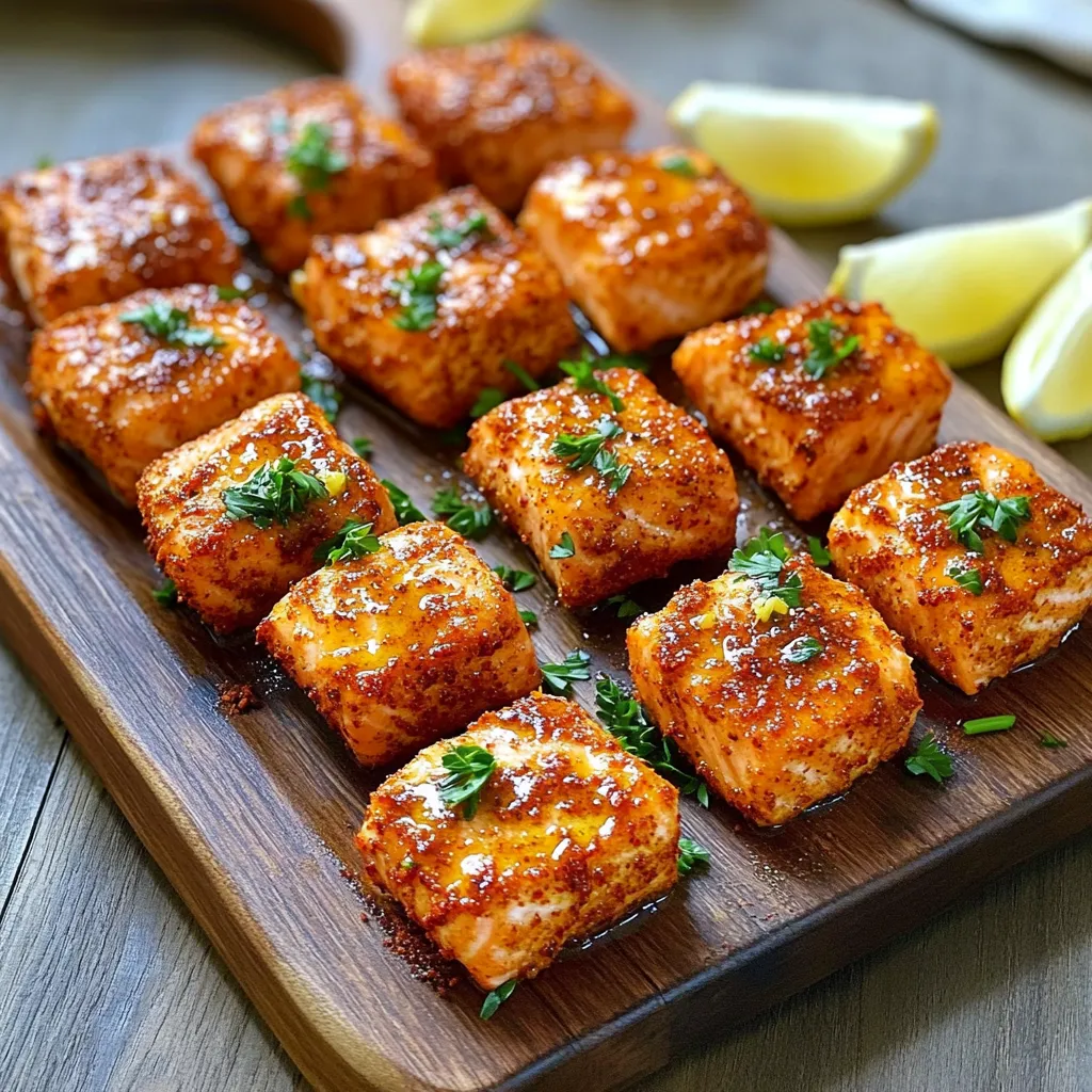- 1 pound salmon fillet, skin removed and cut into uniform bite-sized pieces - 2 tablespoons olive oil - 1 tablespoon Cajun seasoning blend - 1 teaspoon garlic powder - 1 teaspoon onion powder - 1/2 teaspoon smoked paprika - 1/2 teaspoon sea salt - 1/4 teaspoon black pepper - Fresh parsley, finely chopped - Lemon wedges, freshly cut To make Air Fryer Crispy Cajun Salmon Bites, you need a few key items. The main star is the salmon fillet. Choose a fresh piece for great taste. Remove the skin and cut it into bite-sized pieces. This helps with even cooking. Next, you need olive oil. It helps the seasoning stick and adds flavor. The Cajun seasoning blend gives the salmon a spicy kick. It’s a mix of spices that brings a lot of flavor. For additional seasonings, gather garlic powder, onion powder, smoked paprika, sea salt, and black pepper. These spices boost the flavor of the salmon. Use them to create a tasty crust. When it comes to garnishing, fresh parsley adds color and brightness. The lemon wedges serve a zesty purpose. Squeeze them over the salmon bites right before eating. This adds a fresh touch that balances the spices well. With these ingredients, you’re ready to create a delightful dish that is both easy and delicious! To start, grab a medium bowl. Add the bite-sized salmon pieces. Pour in 2 tablespoons of olive oil. Then, sprinkle 1 tablespoon of Cajun seasoning, 1 teaspoon of garlic powder, 1 teaspoon of onion powder, 1/2 teaspoon of smoked paprika, 1/2 teaspoon of sea salt, and 1/4 teaspoon of black pepper. Now, mix everything well with your hands or a spatula. Make sure every piece is covered with the spices. This gives your salmon a great flavor. Next, we need to preheat the air fryer. Set it to 400°F (200°C) and let it warm up for about 5 minutes. Preheating is key for crispiness. It helps the salmon bites turn golden brown and crunchy on the outside. Now, let's cook the salmon bites. First, lightly mist the air fryer basket with cooking spray. This step keeps the salmon from sticking. Place the seasoned salmon in a single layer. Avoid overlapping them to ensure they cook evenly. Air fry the salmon for 8 to 10 minutes. At the halfway mark, gently shake the basket. This helps every bite crisp up nicely. When done, the salmon should be golden on the outside and flaky inside. Once cooked, carefully take out the salmon bites with tongs or a spatula. Arrange them on a nice serving platter. For a pop of color and flavor, garnish with freshly chopped parsley. Serve with lemon wedges on the side. A squeeze of lemon adds a zesty touch that brings out the flavors. Enjoy your tasty Cajun salmon bites! To get the perfect crispiness, I suggest a few easy techniques. First, make sure to cut your salmon into uniform pieces. This helps them cook evenly. Next, avoid overcrowding the air fryer basket. Space is key! Place the salmon bites in a single layer. This way, hot air can circulate around them. You can also lightly mist the basket with cooking spray to prevent sticking. If you want to amp up the flavor, consider adding more spices. A dash of cayenne pepper can add heat. You can also try a bit of lemon zest for brightness. Marinating the salmon is another great option. Let it soak in the olive oil and seasonings for at least 15 minutes. This adds depth to each bite. When serving, think about pairing your salmon bites with sauces or sides. A creamy garlic sauce or a tangy tartar sauce works well. You can also enjoy them with a side of fresh salad or roasted veggies. If you have leftovers, they are great for meal prep. Just store them in an airtight container in the fridge. They can last for up to three days! {{image_4}} If you want to change the flavor, try different seasoning blends. For a spicy kick, you can add cayenne pepper or chili powder. These spices will give your salmon a nice heat. You can also mix in some lemon zest for a fresh twist. For herb-based options, consider using dried herbs like oregano or thyme. These will add a lovely earthy taste without too much spice. You can also try Italian seasoning for a different flavor profile. If you don’t have salmon, you can use other fish. Cod or tilapia work well since they are mild and flaky. They will soak up the Cajun flavors nicely. For a richer taste, try using trout. You can also switch to other proteins. Chicken breast cut into bite-sized pieces works great. Just adjust the cooking time since chicken takes longer to cook. You can make these bites in the oven if you don’t have an air fryer. Preheat your oven to 425°F (220°C). Arrange the seasoned salmon bites on a baking sheet. Bake for about 12 to 15 minutes. Flip them halfway through for even crispiness. Grilling is another fun method. Preheat your grill to medium-high heat. Place the salmon bites on skewers for easy handling. Grill them for about 3 to 4 minutes on each side. This adds a smoky flavor that is truly delicious. To keep your salmon bites fresh, store them in an airtight container. You can keep them in the fridge for up to three days. This will help keep their flavor and texture. If you plan to eat them later, make sure they cool down first before sealing them. When you are ready to enjoy your salmon bites again, the best way to reheat them is in the air fryer. Set it to 350°F (175°C). Heat them for about 3 to 5 minutes. This helps keep the bites crispy. You can also use a toaster oven for a nice finish. Avoid using a microwave, as it can make them soggy. If you want to save some salmon bites for later, you can freeze them. Just place the cooled bites in a single layer on a baking sheet. Freeze them for about an hour, then transfer them to a freezer bag. To use later, take them out and let them thaw in the fridge overnight. This way, they stay tasty and ready to cook! Cooking time for frozen salmon bites is about 10 to 12 minutes. This time can change based on the size and thickness of the pieces. Always check the internal temperature. It should reach 145°F (63°C) for safe eating. If your bites are smaller, check them earlier to avoid overcooking. Yes, you can use skin-on salmon. However, it may change the cooking time slightly. The skin adds flavor and crispiness, but it may also take longer to cook. If you use skin-on salmon, cook it for an extra 2 to 3 minutes. Just remember to score the skin to help it crisp up. Cajun seasoning has a mild to moderate spice level. It can vary based on the blend you use. Most blends mix paprika, garlic, and cayenne pepper. If you want more heat, add extra cayenne. For less spice, look for a milder blend. Always taste the seasoning before using it to find what you like best. This blog post shared how to make tasty Cajun salmon bites in an air fryer. We covered main ingredients, seasonings, and steps to achieve perfect crispiness. You learned variations and storage tips, too. Cooking salmon can be simple and fun. With these methods, you can enjoy great flavors and easy meal prep. Experiment with different spices or proteins for your next dish. Enjoy your cooking journey!