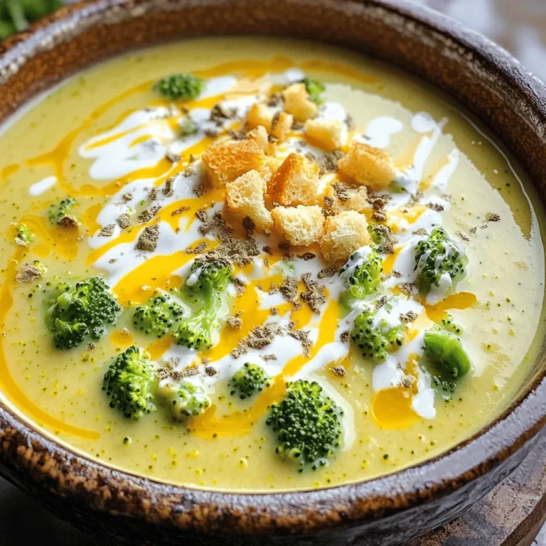 - 4 cups fresh broccoli florets - 1 medium onion, finely diced - 3 cloves garlic, minced - 4 cups vegetable broth - 2 cups sharp cheddar cheese, freshly shredded - 1 cup heavy cream (or use full-fat coconut milk for a lighter, dairy-free option) - 1 teaspoon Dijon mustard for added depth - 1 teaspoon dried thyme for aromatic flavor - Salt and freshly ground black pepper to taste - 2 tablespoons extra virgin olive oil - Optional: Toasted croutons and additional shredded cheese for topping Gather these ingredients to make a warm, creamy soup. Fresh broccoli florets are key for taste and texture. Diced onion adds sweetness, while minced garlic brings depth. Vegetable broth forms the base, giving the soup a rich flavor. Sharp cheddar cheese melts into creamy goodness, making each bite delightful. You can choose heavy cream for a rich finish or coconut milk for a lighter option. Dijon mustard gives a subtle kick, while dried thyme adds warmth. Season it well with salt and pepper. Extra virgin olive oil ensures the onions sauté perfectly. For fun, add croutons and cheese on top when serving. This adds crunch and extra flavor, making your soup even better! Start by heating 2 tablespoons of extra virgin olive oil in a large skillet over medium heat. Add 1 medium onion, finely diced, and sauté it until it turns translucent, about 5 minutes. Next, add 3 cloves of minced garlic to the skillet. Sauté until fragrant, which should take about 1 minute. Now, transfer the sautéed onion and garlic mixture to the slow cooker. Add 4 cups of fresh broccoli florets, 4 cups of vegetable broth, and 1 teaspoon of Dijon mustard. Sprinkle in 1 teaspoon of dried thyme and a pinch of salt and pepper. Stir everything to combine well. Set your slow cooker to cook on low for 4-5 hours or on high for 2-3 hours. You want the broccoli to be tender and easily pierced with a fork. Once cooked, use an immersion blender to blend the soup until smooth. You can also use a countertop blender, but do it in batches. After blending, return the smooth soup to the slow cooker if needed. Stir in 1 cup of heavy cream and 2 cups of freshly shredded sharp cheddar cheese. Mix until the cheese melts into the soup and everything is creamy. Taste your soup and adjust the seasonings with more salt and pepper, if needed. For a delightful finish, ladle the soup into bowls and top with toasted croutons and extra cheese. To get the creamiest texture, always shred your cheese. Pre-shredded cheese has additives that affect melting. Freshly shredded cheese melts better and creates a smoother soup. Use a box grater or food processor for quick shredding. When blending, I recommend using an immersion blender. It makes blending easy and keeps your soup in one pot. If you use a countertop blender, be careful. Fill it only halfway to avoid spills. Blend until the soup is completely smooth for that creamy delight. To boost flavor, add spices like garlic powder or onion powder. Fresh herbs like parsley or chives add brightness. You can also try a pinch of nutmeg for warmth. For added depth, consider mixing in a splash of lemon juice. This brightens the soup and balances the creaminess. You can also add cooked bacon or ham for a savory touch. These small changes can make a big difference in taste. Pair your soup with crusty bread like sourdough or a baguette. The crispy texture complements the creamy soup perfectly. You can also serve it with a grilled cheese sandwich for a classic combo. For presentation, ladle the soup into rustic bowls. Top with croutons and extra cheese. Add a sprinkle of fresh herbs like thyme or parsley for color. This makes your dish look as good as it tastes! {{image_4}} You can make this soup dairy-free easily. Start by swapping heavy cream with full-fat coconut milk. This creamy option keeps the soup rich. For cheese, use a dairy-free cheddar or nutritional yeast. Both options provide a nice flavor without dairy. Want to boost the nutrition? Add veggies like carrots and celery. These add flavor and texture. Just chop them small so they cook well. If you add more veggies, check the cooking time. You might need an extra 30 minutes on low for everything to get tender. Do you love heat? Adding chili flakes or hot sauce can give your soup a kick. Mix them in when you add the broccoli. For a crunchy spice, serve with spicy croutons on top. This adds an exciting twist to your creamy delight. Let your soup cool down to room temperature before putting it in the fridge. This helps keep it fresh. Use an airtight container to store the soup. Make sure the lid fits snugly to prevent air from getting in. This way, your soup stays tasty and safe. To freeze the soup, let it cool completely first. Pour it into freezer-safe containers. Leave some space at the top, as the soup will expand when frozen. You can keep it in the freezer for up to three months for the best taste. When you're ready to eat, thaw it in the fridge overnight. To reheat, use the stove or microwave. If using the stove, heat it on low and stir often. This prevents sticking and helps keep the creaminess. If using the microwave, heat it in short bursts. Stir in between to make sure it heats evenly. Enjoy your warm, creamy broccoli cheddar soup! Yes, you can use frozen broccoli. It saves time and is easy to find. Just make sure to thaw it before adding it to the slow cooker. This helps it cook evenly and blend well. You can store leftover soup in the fridge for about three to four days. Make sure to use an airtight container. If you want to keep it longer, consider freezing it. It can last for up to three months in the freezer. Absolutely! You can add cooked chicken, turkey, or even beans for protein. Just mix them in when you add the cream and cheese. This makes the soup heartier and more filling. I love serving this soup with crusty bread or a fresh salad. Grilled cheese sandwiches also pair well. They add crunch and flavor to your meal. Yes, you can use different cheeses! Gouda, mozzarella, or Monterey Jack all work well. Each cheese gives a unique taste, so feel free to experiment to find your favorite. This blog post covered how to make a delicious broccoli cheddar soup from scratch. We explored the key ingredients and the step-by-step method for preparation using a slow cooker. I shared tips for achieving the creamiest texture and enhancing flavors. You can also try tasty variations and proper storage methods to keep your soup fresh. Making this soup is both easy and rewarding. Enjoy your cooking journey, and savor every warm bowl!