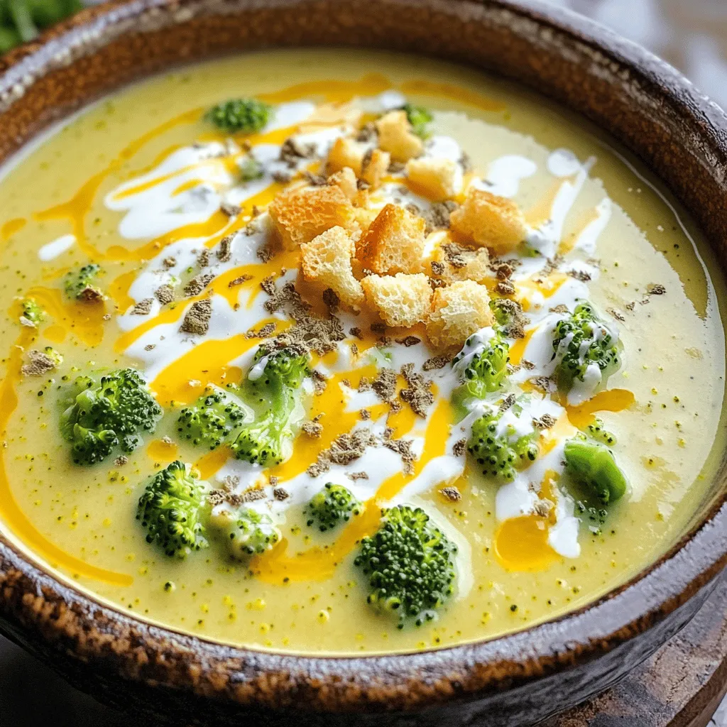 - 4 cups fresh broccoli florets - 1 medium onion, finely diced - 3 cloves garlic, minced - 4 cups vegetable broth - 2 cups sharp cheddar cheese, freshly shredded - 1 cup heavy cream (or use full-fat coconut milk for a lighter, dairy-free option) - 1 teaspoon Dijon mustard for added depth - 1 teaspoon dried thyme for aromatic flavor - Salt and freshly ground black pepper to taste - 2 tablespoons extra virgin olive oil - Optional: Toasted croutons and additional shredded cheese for topping Gather these ingredients to make a warm, creamy soup. Fresh broccoli florets are key for taste and texture. Diced onion adds sweetness, while minced garlic brings depth. Vegetable broth forms the base, giving the soup a rich flavor. Sharp cheddar cheese melts into creamy goodness, making each bite delightful. You can choose heavy cream for a rich finish or coconut milk for a lighter option. Dijon mustard gives a subtle kick, while dried thyme adds warmth. Season it well with salt and pepper. Extra virgin olive oil ensures the onions sauté perfectly. For fun, add croutons and cheese on top when serving. This adds crunch and extra flavor, making your soup even better! Start by heating 2 tablespoons of extra virgin olive oil in a large skillet over medium heat. Add 1 medium onion, finely diced, and sauté it until it turns translucent, about 5 minutes. Next, add 3 cloves of minced garlic to the skillet. Sauté until fragrant, which should take about 1 minute. Now, transfer the sautéed onion and garlic mixture to the slow cooker. Add 4 cups of fresh broccoli florets, 4 cups of vegetable broth, and 1 teaspoon of Dijon mustard. Sprinkle in 1 teaspoon of dried thyme and a pinch of salt and pepper. Stir everything to combine well. Set your slow cooker to cook on low for 4-5 hours or on high for 2-3 hours. You want the broccoli to be tender and easily pierced with a fork. Once cooked, use an immersion blender to blend the soup until smooth. You can also use a countertop blender, but do it in batches. After blending, return the smooth soup to the slow cooker if needed. Stir in 1 cup of heavy cream and 2 cups of freshly shredded sharp cheddar cheese. Mix until the cheese melts into the soup and everything is creamy. Taste your soup and adjust the seasonings with more salt and pepper, if needed. For a delightful finish, ladle the soup into bowls and top with toasted croutons and extra cheese. To get the creamiest texture, always shred your cheese. Pre-shredded cheese has additives that affect melting. Freshly shredded cheese melts better and creates a smoother soup. Use a box grater or food processor for quick shredding. When blending, I recommend using an immersion blender. It makes blending easy and keeps your soup in one pot. If you use a countertop blender, be careful. Fill it only halfway to avoid spills. Blend until the soup is completely smooth for that creamy delight. To boost flavor, add spices like garlic powder or onion powder. Fresh herbs like parsley or chives add brightness. You can also try a pinch of nutmeg for warmth. For added depth, consider mixing in a splash of lemon juice. This brightens the soup and balances the creaminess. You can also add cooked bacon or ham for a savory touch. These small changes can make a big difference in taste. Pair your soup with crusty bread like sourdough or a baguette. The crispy texture complements the creamy soup perfectly. You can also serve it with a grilled cheese sandwich for a classic combo. For presentation, ladle the soup into rustic bowls. Top with croutons and extra cheese. Add a sprinkle of fresh herbs like thyme or parsley for color. This makes your dish look as good as it tastes! {{image_4}} You can make this soup dairy-free easily. Start by swapping heavy cream with full-fat coconut milk. This creamy option keeps the soup rich. For cheese, use a dairy-free cheddar or nutritional yeast. Both options provide a nice flavor without dairy. Want to boost the nutrition? Add veggies like carrots and celery. These add flavor and texture. Just chop them small so they cook well. If you add more veggies, check the cooking time. You might need an extra 30 minutes on low for everything to get tender. Do you love heat? Adding chili flakes or hot sauce can give your soup a kick. Mix them in when you add the broccoli. For a crunchy spice, serve with spicy croutons on top. This adds an exciting twist to your creamy delight. Let your soup cool down to room temperature before putting it in the fridge. This helps keep it fresh. Use an airtight container to store the soup. Make sure the lid fits snugly to prevent air from getting in. This way, your soup stays tasty and safe. To freeze the soup, let it cool completely first. Pour it into freezer-safe containers. Leave some space at the top, as the soup will expand when frozen. You can keep it in the freezer for up to three months for the best taste. When you're ready to eat, thaw it in the fridge overnight. To reheat, use the stove or microwave. If using the stove, heat it on low and stir often. This prevents sticking and helps keep the creaminess. If using the microwave, heat it in short bursts. Stir in between to make sure it heats evenly. Enjoy your warm, creamy broccoli cheddar soup! Yes, you can use frozen broccoli. It saves time and is easy to find. Just make sure to thaw it before adding it to the slow cooker. This helps it cook evenly and blend well. You can store leftover soup in the fridge for about three to four days. Make sure to use an airtight container. If you want to keep it longer, consider freezing it. It can last for up to three months in the freezer. Absolutely! You can add cooked chicken, turkey, or even beans for protein. Just mix them in when you add the cream and cheese. This makes the soup heartier and more filling. I love serving this soup with crusty bread or a fresh salad. Grilled cheese sandwiches also pair well. They add crunch and flavor to your meal. Yes, you can use different cheeses! Gouda, mozzarella, or Monterey Jack all work well. Each cheese gives a unique taste, so feel free to experiment to find your favorite. This blog post covered how to make a delicious broccoli cheddar soup from scratch. We explored the key ingredients and the step-by-step method for preparation using a slow cooker. I shared tips for achieving the creamiest texture and enhancing flavors. You can also try tasty variations and proper storage methods to keep your soup fresh. Making this soup is both easy and rewarding. Enjoy your cooking journey, and savor every warm bowl!