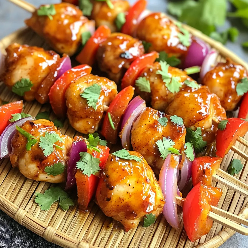 - 1 pound boneless, skinless chicken thighs, cut into 1-inch pieces - 1/4 cup sweet chili sauce - 2 tablespoons soy sauce - 1 tablespoon honey - 1 tablespoon sesame oil - 2 cloves garlic, minced - 1 teaspoon freshly grated ginger - 1 bell pepper, cut into bite-sized chunks - 1 red onion, sliced into wedges - Skewers (use wooden or metal based on your preference) Gather these ingredients for your Air Fryer Sweet Chili Chicken Skewers. The boneless chicken thighs make a tender base, soaking up the sweet chili sauce and soy sauce. Honey and sesame oil add depth to the flavor. The garlic and ginger bring a lovely aroma to the dish. The bell pepper and red onion not only add color but also enhance the taste. If you choose wooden skewers, soak them in water. This step prevents burning during cooking. With all these ingredients, you can create a delightful meal that is sure to impress! 1. Grab a medium bowl and add the following ingredients: - 1/4 cup sweet chili sauce - 2 tablespoons soy sauce - 1 tablespoon honey - 1 tablespoon sesame oil - 2 cloves garlic, minced - 1 teaspoon freshly grated ginger 2. Whisk these together until smooth and blended well. 3. Now, add 1 pound of boneless, skinless chicken thighs, cut into 1-inch pieces. Make sure to coat each piece. 4. Cover the bowl and place it in the fridge for at least 30 minutes. This helps the chicken absorb all those tasty flavors. 1. If you use wooden skewers, soak them in water for 20-30 minutes. This step stops them from burning. 2. While the skewers soak, preheat your air fryer to 400°F (200°C). Let it warm up for about 5 minutes. 1. After marinating, it's time to thread the chicken onto the skewers. Alternate pieces with chunks of bell pepper and wedges of red onion. This adds color and taste. 2. Place the skewers in the air fryer basket. Make sure they are not overcrowded. If needed, cook in batches. 3. Air fry the skewers for 10-12 minutes. Flip them halfway for even cooking. They should be cooked through with a nice char. 4. Once done, carefully remove the skewers from the air fryer. Let them rest for a few minutes. This keeps the chicken juicy and delicious. To get the best flavor, marinate your chicken for at least 30 minutes. This time allows the chicken to soak up all the tasty flavors. For a richer taste, use fresh ingredients. Fresh garlic and ginger give a bright kick. Choose vibrant bell peppers for color and flavor. When you place the skewers in the air fryer, space them out. This helps them cook evenly. If they are too close, they won't brown well. Flip the skewers halfway through cooking. This keeps every side crispy and golden. Serve the skewers on a bright plate or bamboo platter. This makes them pop! For added flair, sprinkle fresh cilantro or green onions on top. Drizzle a bit more sweet chili sauce over the skewers. This makes them look and taste even better! {{image_4}} You can switch up the protein in your skewers. Chicken breast works well if you want leaner meat. It cooks quickly and still absorbs the flavors. If you prefer plant-based options, tofu is a great choice! Just make sure to use firm tofu and marinate it for extra flavor. Want something different? Try adding shrimp or beef. Shrimp cooks fast and gives a nice contrast to the sweet chili sauce. Beef adds a rich taste. Just adjust the cooking time for these proteins to ensure they don’t overcook. Don’t feel stuck with just one type of bell pepper. You can use green, orange, or even purple bell peppers. Each color adds a unique taste and look. Zucchini is another great addition. It grills nicely and adds a fresh crunch. Mushrooms also work well, soaking up the marinade and offering a meaty texture. Feel free to mix and match veggies for more variety. A mix of colors makes your dish pop visually! You can easily tweak the sweetness or spice in your sauce. Want it sweeter? Just add more honey. If you like heat, mix in chili flakes. Lime juice can add a zesty twist. Experiment with spices like garlic powder or cumin for a different flavor profile. Adjusting the sauce lets you make the skewers your own. The key is to taste as you go! To store your sweet chili chicken skewers, place them in an airtight container. This helps keep them fresh. Make sure they cool down before sealing. In the fridge, they last for up to three days. If you want to enjoy them longer, consider freezing. When it’s time to eat leftovers, you have a few options. The best way is to reheat them in the air fryer. Set it to 350°F (175°C) for about 5-7 minutes. This method keeps them crispy. If you don’t have an air fryer, you can use a microwave. Just cover the skewers with a damp paper towel. This will help the chicken stay moist. To freeze your cooked skewers, first let them cool completely. Then, wrap each skewer in plastic wrap. Place them in a freezer bag, and remove as much air as possible. This keeps them tasty for up to three months. When you’re ready to eat, thaw them in the fridge overnight. Reheat them in your air fryer or oven for the best results. The best chicken for skewers is boneless, skinless thighs. They stay juicy and tender. Chicken breasts can dry out, especially when cooked quickly. Thighs have more fat, which helps keep them moist. You can also use chicken tenders for easy preparation. Just cut them into bite-sized pieces. Yes, you can prep these skewers ahead of time. Marinate the chicken pieces in the sweet chili sauce mix. Cover the bowl and refrigerate for up to 24 hours. You can also assemble the skewers and store them in the fridge. Just cover them tightly to keep them fresh. When ready, simply air fry them as directed. To add heat, try these tips. Mix in red pepper flakes with the marinade. You can also add a dash of hot sauce for extra kick. If you like fresh heat, add sliced jalapeños to the skewers. For a smoky flavor, use chipotle powder in the marinade. Adjust the spice level based on your taste! This blog post covered how to make tasty chicken skewers using simple ingredients and easy steps. You learned about the key items, from chicken thighs to sauces. I shared tips for marinating and cooking. Also, we explored variations to suit your tastes and storage methods for leftovers. In closing, these skewers are a fun dish that you can enjoy anytime. Experiment with flavors and enjoy the process. Happy cooking!