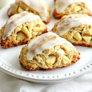 To make the perfect cinnamon apple scones with glaze, you need the right ingredients. Here’s what you’ll need: - 2 cups all-purpose flour - 1/4 cup granulated sugar - 1 tablespoon baking powder - 1/2 teaspoon salt - 1 teaspoon ground cinnamon - 1/2 cup unsalted cold butter, cubed - 1 medium apple, peeled and diced (approximately 1 cup) - 1/2 cup heavy cream - 1 large egg - 1 teaspoon vanilla extract - 1/2 cup powdered sugar (for glaze) - 1-2 tablespoons milk (for glaze) Each ingredient plays a key role in the flavor and texture of your scones. The all-purpose flour gives structure, while the sugar adds sweetness. Baking powder helps them rise, and salt balances the flavors. Ground cinnamon fills your kitchen with warmth and spice. Using unsalted cold butter ensures flakiness, while fresh apple pieces add moisture and sweetness. Heavy cream and egg enrich the dough, making it tender. The vanilla extract gives a delightful aroma. Finally, the powdered sugar and milk create a smooth glaze that brings the whole dish together. Make sure you have everything ready before you start. This way, you can enjoy the process and focus on creating these delicious scones! 1. Preheat your oven to 400°F (200°C). This helps the scones bake evenly. 2. Line a baking sheet with parchment paper. This makes for easy cleanup later. 3. In a mixing bowl, combine two cups of all-purpose flour, one-fourth cup of granulated sugar, one tablespoon of baking powder, half a teaspoon of salt, and one teaspoon of ground cinnamon. Whisk these ingredients together well. 4. Next, add half a cup of cold, cubed unsalted butter to the flour mix. Use your fingertips or a pastry cutter to blend until it looks like coarse crumbs. 5. Now, gently fold in one medium apple, peeled and diced. Make sure each piece is mixed evenly. 6. In a separate bowl, whisk together half a cup of heavy cream, one large egg, and one teaspoon of vanilla extract. Mix until combined and slightly frothy. 7. Pour the wet mix into the dry ingredients. Stir until just combined. It’s okay if the mix is a bit lumpy. 1. Transfer the dough to a floured surface. Knead it gently a few times to bring it together. 2. Pat the dough into a circle that is about one inch thick. 3. Use a sharp knife or a pizza cutter to cut the dough into eight wedges. Place each wedge on the prepared baking sheet, leaving space between them. 4. Bake in the preheated oven for 15 to 18 minutes. Look for a nice golden brown color on top. After baking, let the scones cool on the sheet for a few minutes, then move them to a wire rack. 1. To make the glaze, mix half a cup of powdered sugar with one to two tablespoons of milk in a small bowl. Stir until smooth. 2. Once the scones are warm, drizzle the glaze over the tops. This adds a sweet touch and makes them even more delicious. - Use cold butter for flakiness. Cold butter creates steam as it melts, resulting in light and airy scones. - Do not overmix the dough. Mixing too much can make scones dense and tough. Mix just until combined for the best texture. - Serve these scones warm. They taste best fresh from the oven and pair well with coffee or tea. - For a beautiful presentation, arrange scones on a decorative platter. A light dusting of cinnamon over the glaze adds an appealing touch. {{image_4}} You can make your cinnamon apple scones even more exciting. Try adding some nuts for crunch. Walnuts and pecans work great. They add texture and flavor. You can also swap the apple for other fruits. Pears or cranberries can create new tastes. Each fruit brings a different twist. Experiment to find your favorite mix! If you need gluten-free options, you can use gluten-free flour. This keeps the scones tasty for everyone. If you want to make them dairy-free, substitute butter with coconut oil. For the cream, try almond milk or coconut cream. These swaps help everyone enjoy these scones. Always check the labels to ensure they suit your needs! To keep your scones fresh, follow these simple steps: - Cool completely: Before storing, let the scones cool on a wire rack. This prevents moisture build-up. - Use an airtight container: Place the cooled scones in an airtight container. This will help keep them soft and tasty. - Room temperature: Store the container at room temperature for up to 2 days. If you need to keep them longer, consider freezing. To maintain freshness, avoid stacking the scones in the container. This can cause them to become squished and lose their shape. Instead, arrange them in a single layer. When you’re ready to enjoy your scones again, reheating is key. Here’s how to do it: - Oven method: Preheat your oven to 350°F (175°C). Place the scones on a baking sheet. Heat them for about 5-10 minutes. This method keeps them warm and flaky. - Microwave method: If you’re in a hurry, you can use the microwave. Heat one scone at a time for about 10-15 seconds. Be careful not to overdo it, or they will become tough. Choose the method that works for you. Either way, enjoy the delightful taste of your cinnamon apple scones. Can I freeze cinnamon apple scones? Yes, you can freeze cinnamon apple scones. Cool them completely first. Place them in a freezer-safe bag or container. They will keep well for up to three months. To enjoy them, just thaw and reheat in the oven. How can I tell when the scones are done baking? Scones are done when they turn golden brown on top. You can also check by inserting a toothpick in the center. If it comes out clean, your scones are ready. What’s the best way to serve scones? Serve scones warm for the best taste. Pair them with butter, jam, or cream. They also go well with a hot cup of coffee or tea. Why are my scones tough? Tough scones often come from overmixing the dough. Mix just until combined. Also, make sure your butter is cold. This keeps the scones light and flaky. How can I enhance the flavor of my scones? You can enhance scone flavor by adding spices like nutmeg or ginger. Consider mixing in nuts or dried fruits. A splash of vanilla or almond extract can also boost the taste. You now have all the tools to make tasty cinnamon apple scones. We covered ingredients, step-by-step instructions, and tips for the best results. Remember to keep your butter cold for flaky scones and avoid overmixing the dough. Consider fun variations like adding nuts or different fruits. Store leftovers properly to keep them fresh, and enjoy them warm. These simple scones can be a delightful treat any time. Happy baking!