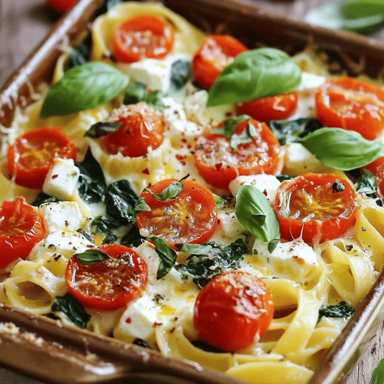 When making Baked Feta Pasta with Spinach, it's key to gather the right ingredients. This dish is simple yet full of flavor. Here’s what you need: - 200g pasta (penne or fusilli recommended) - 200g feta cheese, block - 2 cups fresh spinach, washed and chopped - 1 cup cherry tomatoes, halved - 3 cloves garlic, minced - 1 teaspoon dried oregano - 1/4 teaspoon red pepper flakes (optional for heat) - 3 tablespoons extra virgin olive oil - Salt and freshly ground black pepper to taste - Fresh basil leaves, for garnish - Grated parmesan cheese, for serving (optional) These ingredients create a creamy, savory dish. The feta cheese becomes soft and adds richness. The spinach and tomatoes give freshness. I love how the garlic adds a warm flavor. This dish is quick, tasty, and perfect for any meal. Grab these items, and let's cook something amazing! - Preheat the oven: Set your oven to 200°C (400°F). This helps cook the dish evenly. - Prepare the baking dish: Grab a large baking dish. Place the block of feta cheese in the center. Surround it with halved cherry tomatoes, minced garlic, and chopped spinach. - Bake the mixture: Place the baking dish in the oven for about 20-25 minutes. The feta should turn golden and soft. The tomatoes will blister and release their juices. - Cook the pasta: While the feta and veggies bake, boil a pot of salted water. Add your pasta and cook until al dente, as per the package instructions. Once done, drain and set aside. - Mix feta and tomatoes: After baking, take the dish out of the oven. Use a fork to mix the feta and blistered tomatoes. This will create a creamy sauce. - Incorporate the pasta: Add the cooked pasta into the dish. Toss everything together well. Make sure the pasta is coated with the creamy sauce. - Adjust seasoning and garnish: Taste your dish. If needed, add more salt or pepper. Serve hot, garnished with fresh basil leaves and a sprinkle of parmesan cheese if you like. For the best results, cook the feta pasta for 20-25 minutes. This time allows the feta to soften and the tomatoes to burst. Always season your dish well. A pinch of salt enhances the flavors. Freshly ground black pepper adds a nice kick. When serving, use deep pasta bowls. Drizzle a bit of olive oil on top. This adds richness and shine. Sprinkle fresh basil for a pop of color. You can serve this dish with a side salad or garlic bread. Both complement the meal well. You can prep in advance. Chop the spinach, tomatoes, and garlic earlier in the day. Store them in the fridge until you are ready to bake. Bake the dish just before serving. Enjoy it fresh from the oven for the best taste. {{image_4}} You can easily customize this baked feta pasta. Try different cheeses if you want. Goat cheese or ricotta can work well. Each adds a unique taste. You can also swap out the spinach. Kale or arugula are great substitutes. Both will give your dish a different twist. For a sweeter touch, try roasted bell peppers. They add flavor and color too. If you're gluten-free, choose gluten-free pasta. Many brands offer great options that cook well. You can also make this dish vegan. Use plant-based feta instead of regular feta. You can find these in many stores. For a creamy sauce, blend some cashews to make a cream substitute. To boost flavor, consider adding spices. A pinch of smoked paprika gives a warm taste. Fresh herbs like thyme or parsley can brighten the dish. You can also add protein for a heartier meal. Grilled chicken or shrimp pairs nicely. For a vegetarian option, toss in some chickpeas. They add protein and texture. To store leftovers, let the dish cool to room temperature. Place it in an airtight container. You can keep it in the fridge for up to three days. The flavors will blend nicely over time. For the best reheating, use the oven. Preheat it to 175°C (350°F). Transfer the pasta to an oven-safe dish. Cover it with foil to keep moisture in. Heat for about 15 minutes. If you want a quicker method, use the microwave. Heat in short bursts, stirring in between. This keeps the texture nice and creamy. Yes, you can freeze Baked Feta Pasta with Spinach. To freeze, let it cool fully. Place it in a freezer-safe container. Label it with the date. It will last up to three months. When you’re ready to eat, thaw it overnight in the fridge. Reheat it in the oven as mentioned earlier for the best results. You can pair this dish with a fresh salad. A simple green salad works well. You could also serve garlic bread on the side. The crispy bread adds a nice crunch. If you want protein, grilled chicken is a great choice. It complements the creamy feta sauce perfectly. You can even add some olives for extra flavor. Yes, you can use different pasta shapes. Penne and fusilli work best, but you have options. Bowtie, rotini, or even spaghetti can work. Just make sure to adjust cooking times if needed. Pasta is very forgiving, so don’t stress too much. Choose what you like best for a fun twist. Absolutely! Baked feta pasta with spinach is great for meal prep. You can make it ahead of time and store it. Just keep it in an airtight container. It will last up to three days in the fridge. When you're ready to eat, simply reheat it. The flavors only get better after a day or two! Feel free to explore various ingredients and spices to make this dish your own! Baked feta pasta with spinach is an easy and tasty dish. We explored the key ingredients, from pasta and fresh veggies to cheese and seasonings. You learned each step, from preparing the dish to baking it to perfection. We shared helpful tips for great flavor and serving ideas. You also discovered variations to suit different diets and preferences. Enjoy making this dish! It’s simple, tasty, and sure to impress.