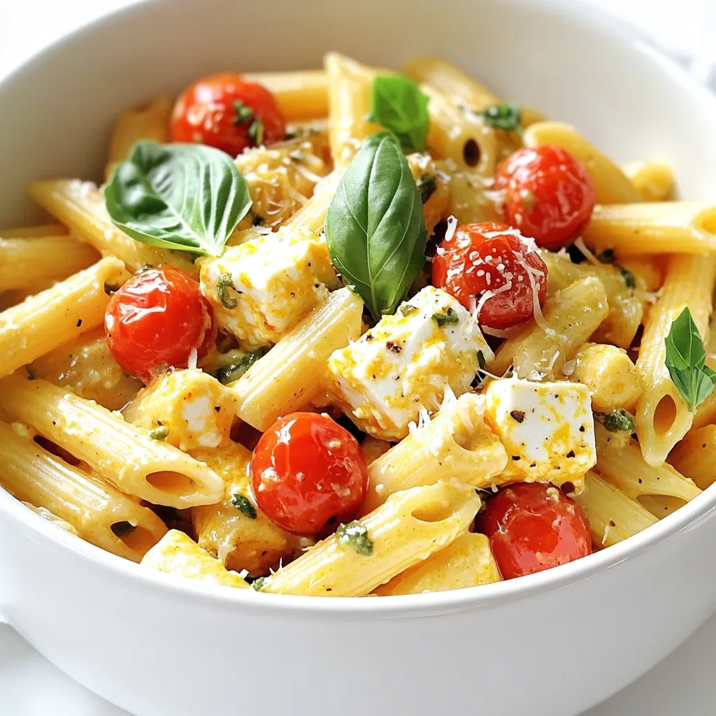 - 200g pasta (penne or fusilli) - 200g block feta cheese - 2 cups halved cherry tomatoes - 4 cloves minced garlic - 1/4 cup extra virgin olive oil - 1 teaspoon sea salt - 1/2 teaspoon freshly ground black pepper - 1 teaspoon dried oregano - 1 teaspoon chili flakes (optional) - Fresh basil leaves for garnish - Grated Parmesan cheese for serving I love the mix of simple and fresh ingredients in this dish. You start with pasta as your base. I recommend penne or fusilli for best results. The pasta soaks up the sauce well. Next, you need a block of feta cheese. This creamy cheese makes the sauce rich and tasty. The cherry tomatoes add freshness. Halve them to let all their juices mix in during baking. Garlic is a must for flavor. I use four cloves, but you can adjust based on your taste. Extra virgin olive oil adds good fat and flavor. Sea salt and black pepper are essential for seasoning. Dried oregano gives a nice earthy note. If you like heat, add chili flakes. They are optional but add a fun kick! Don't forget fresh basil leaves to garnish. They brighten the dish and add color. Finally, a sprinkle of grated Parmesan cheese on top is a great touch. It adds another layer of flavor. With these ingredients, you will create a dish that is simple yet delicious! - Preheat your oven to 400°F (200°C). - In a large baking dish, mix halved cherry tomatoes, minced garlic, olive oil, sea salt, black pepper, dried oregano, and chili flakes (if you want heat). Stir it well. - Make a small well in the center of the tomato mix. Place the block of feta cheese there. Drizzle some olive oil on top of the feta. - Bake the dish in the oven for 25-30 minutes. Check for doneness. The feta should be soft and golden. The tomatoes should burst open and release their juices. - While the feta and tomatoes bake, cook 200g of pasta in boiling salted water until al dente. Drain the pasta and set it aside. - Remove the baking dish from the oven. Use a fork to mash the softened feta. Mix it with the burst tomatoes to make a creamy sauce. - Add the drained pasta to the baking dish. Toss everything together until the pasta is well coated with the sauce. - Serve hot, garnished with fresh basil leaves and a sprinkle of grated Parmesan cheese. Enjoy your meal! - Choosing the right pasta type: I recommend using penne or fusilli. These shapes hold the sauce well. They capture the creamy feta and tomatoes in every bite. - How to ensure creamy sauce consistency: To get a smooth sauce, mash the feta well. Mix it with the burst tomatoes. Add a splash of pasta water if needed. This helps achieve a nice, creamy texture. - Overbaking the feta: Keep an eye on the feta while it bakes. If it gets too brown, it can become gritty. You want it soft and slightly golden. - Not salting pasta water: Always salt your pasta water. This adds flavor to the pasta. It makes a big difference in the final dish. - Customizing spice levels: If you like heat, add more chili flakes. You can also mix in some red pepper for extra kick. Adjust it to match your taste. - Adding vegetables for nutrition: Toss in extra veggies like spinach or bell peppers. They add color and nutrients. Plus, they blend well with the dish. {{image_4}} You can play with your ingredients to change the flavors. If you want a different taste, try these options: - Alternatives to feta cheese: You can use goat cheese or cream cheese. These will give a different texture and taste. - Using different types of tomatoes: While cherry tomatoes are sweet, you can use grape or even diced canned tomatoes for a twist. Each type brings its own flavor. Making this dish fit your needs is easy. Here are some good swaps: - Gluten-free pasta options: Use gluten-free penne or fusilli. They cook well and taste great, too. - Vegan alternatives for a dairy-free version: Swap feta for almond or tofu-based cheese. This keeps the dish creamy without dairy. Adding more flavors makes this dish even better. Here are some fun ideas: - Mediterranean add-ins (like olives): Toss in some kalamata olives for a salty kick. They pair well with the feta. - Adding proteins (chicken, shrimp, etc.): Cooked chicken or shrimp can add protein. They work well when mixed in before serving. This makes your meal heartier. Try these variations to make the TikTok Baked Feta Pasta your own! To keep your baked feta pasta fresh, place it in the fridge. Use an airtight container for best results. This helps to lock in flavors and moisture. Eat leftovers within three days for the best taste. You can reheat your pasta in the microwave or the oven. The microwave is quick and easy. Just use a microwave-safe dish and cover it. Heat in short bursts, stirring often. The oven takes longer but keeps it crispy. Preheat it to 350°F (175°C) and heat for about 15 minutes. To keep the sauce creamy, add a splash of olive oil or water before reheating. Yes, you can freeze baked pasta! To freeze it, let the dish cool completely. Then, place it in a freezer-safe container. Make sure to label it with the date. This dish can stay good for up to three months. To thaw, move it to the fridge overnight. After that, you can reheat it as mentioned above. You can serve this dish with various sides. Here are some great options: - A simple green salad with vinaigrette - Garlic bread for a crunchy side - Roasted vegetables like zucchini or bell peppers - Steamed broccoli or asparagus for a healthy touch - A light soup, like tomato or minestrone These sides create a well-rounded meal. They balance the creamy pasta nicely. Yes, you can prepare this dish ahead. Follow these tips for meal prep: - Cook the pasta a day before. Store it in the fridge. - Mix the tomatoes, garlic, and feta in the baking dish. Cover it tightly. - Keep the baking dish in the fridge until you’re ready to bake. - When baking, add a few extra minutes to ensure it's hot and bubbly. This way, you save time on busy days and still enjoy a tasty meal. To add heat to your TikTok Baked Feta Pasta, try these ideas: - Increase the chili flakes in the recipe. - Add sliced fresh jalapeños to the tomato mix. - Mix in some hot sauce while combining the pasta. - Sprinkle crushed red pepper on top before serving. These additions fit well with the creamy sauce. You can enjoy a flavorful kick! This blog post covered everything you need for TikTok Baked Feta Pasta. We explored key ingredients, from pasta to feta, and shared step-by-step instructions. I also included tips for perfecting the dish and common mistakes to avoid. You can customize it with variations to suit your tastes or diet. Storing and reheating tips ensure you enjoy leftovers too. Try this fun recipe for an easy and tasty meal! Enjoy the flavors and get creative in the kitchen!