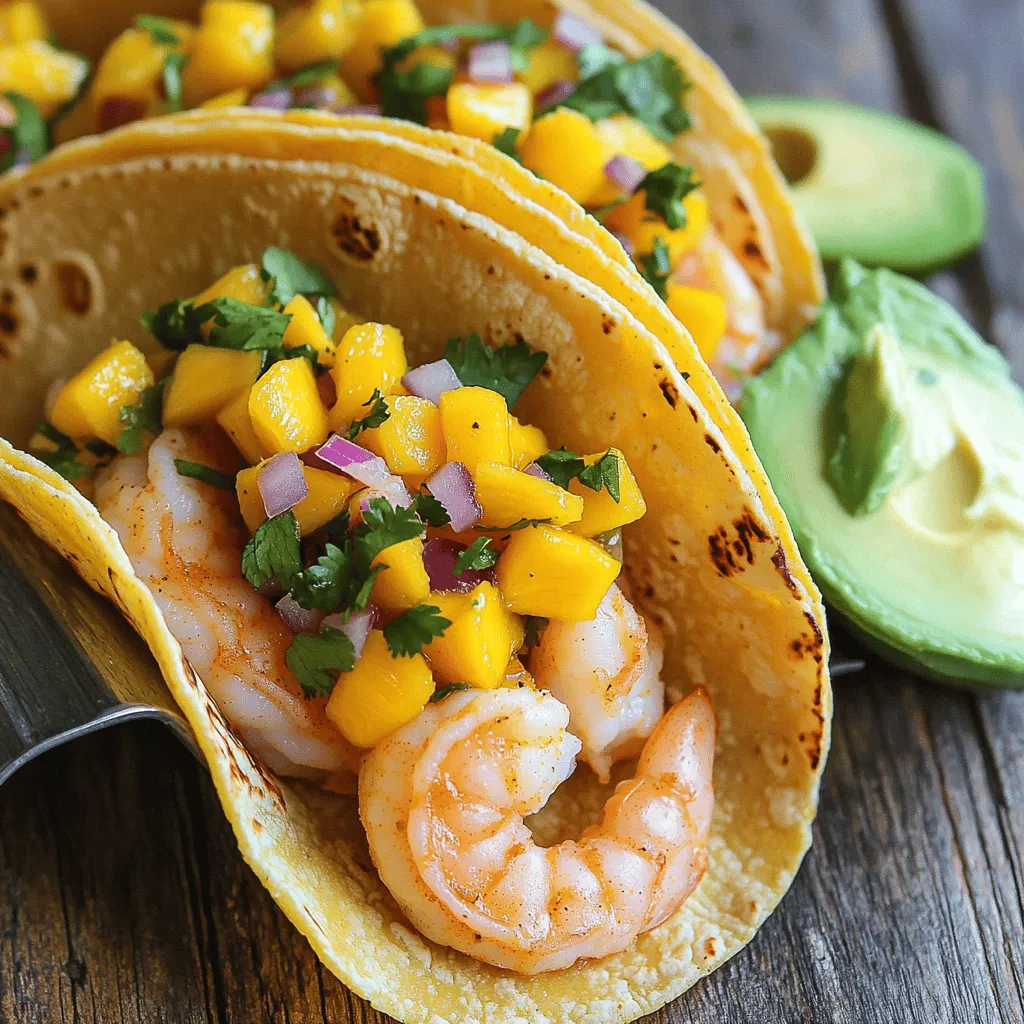 - 1 lb large shrimp, peeled and deveined - 1 tablespoon extra virgin olive oil - 1 teaspoon garlic powder - 1 teaspoon ground cumin - 1 teaspoon chili powder - Sea salt and freshly cracked black pepper, to taste - 1 ripe mango, diced into small cubes - 1/2 red onion, finely diced - 1 jalapeño pepper, seeded and minced - 1/4 cup fresh cilantro leaves, chopped - Juice of 1 lime (about 2 tablespoons) - 8 small corn tortillas - Slices of ripe avocado for topping Gather these ingredients for a burst of flavor in your tacos. The shrimp is tender and juicy, while the mango salsa adds a fresh, sweet kick. The corn tortillas hold everything together, and the avocado brings creaminess that you will love. This mix makes the perfect taco for any occasion. Enjoy every bite! First, we need to marinate the shrimp. In a medium bowl, combine 1 pound of peeled and deveined shrimp with 1 tablespoon of extra virgin olive oil. Add 1 teaspoon of garlic powder, 1 teaspoon of ground cumin, and 1 teaspoon of chili powder. Season with sea salt and freshly cracked black pepper to taste. Mix it well to coat every shrimp. Let this marinate for about 15 minutes. This time helps the shrimp soak up the flavors. While the shrimp marinates, it’s time to make the mango salsa. In a separate bowl, combine 1 ripe mango, diced into small cubes, with 1/2 a finely diced red onion. Add a minced jalapeño pepper, 1/4 cup of chopped fresh cilantro, and the juice of 1 lime. Mix everything well and sprinkle a pinch of sea salt. Setting it aside allows the flavors to meld and taste even better. Now, heat a non-stick skillet over medium-high heat. Once hot, add the marinated shrimp in a single layer. Sauté the shrimp for 2 to 3 minutes. Stir occasionally until the shrimp turn pink and opaque. This means they are cooked through and ready to enjoy. It’s essential to warm the corn tortillas for the tacos. You can do this in another skillet over medium heat or directly over the stovetop flame. Heat each tortilla for about 30 seconds on each side. They should become soft and pliable, making them easy to fold. To put the tacos together, place a few sautéed shrimp in the center of each warm tortilla. Top it generously with the fresh mango salsa. Add a couple of slices of ripe avocado on top for extra creaminess. You can also sprinkle some extra cilantro leaves for color and flavor. Serve them right away while they are warm, and enjoy every bite! To avoid overcooking shrimp, watch the color. They should turn pink and opaque. Cooking shrimp for 2-3 minutes is often enough. Remove them from the heat right when they change color. For marinating shrimp, a mix of oil and spices works best. Let the shrimp soak for about 15 minutes. This helps the flavors blend well. Use garlic powder, cumin, and chili powder for a great taste. Consider adding lime zest to your salsa for a fresh kick. It brightens up the taste. You can also add diced peppers for more heat. Let the salsa rest for about 10-15 minutes. This time allows the flavors to meld together nicely. It makes the salsa even tastier. To keep tortillas warm, wrap them in a clean towel. This keeps them soft and pliable until serving. If you want alternatives to corn tortillas, try flour tortillas or lettuce wraps. Both options are delicious and offer a different flavor. {{image_4}} You can swap shrimp for chicken or tofu. For chicken, use boneless, skinless breasts. Cut them into bite-sized pieces. Cook the chicken for about 5-7 minutes in the skillet. It should be golden brown and cooked through. Tofu is a great option too. Use firm tofu, cut into cubes. Sauté it for 4-5 minutes until it's golden. Both options add a unique twist to your tacos! Try adding different fruits to your salsa. Pineapple and peach are excellent choices. They add sweet and tangy flavors. For pineapple, use fresh chunks for a juicy bite. For peach, dice it finely to match the mango. Both fruits pair nicely with lime juice and cilantro. You can also mix in some diced bell pepper for extra crunch. Want more heat in your salsa? Add more minced jalapeño. If you like it milder, remove the seeds and ribs. You can also try using other spices. Add smoked paprika for a smoky flavor. Or mix in some cumin for extra depth. Adjust the spice to fit your taste and enjoy the meal! To store leftover shrimp and salsa, place them in airtight containers. Store the shrimp and salsa separately to keep them fresh. In the fridge, they last for about 2-3 days. This way, you enjoy your tacos without losing flavor. You can freeze cooked shrimp to enjoy later. Place shrimp in a freezer-safe bag, removing as much air as possible. They can last up to 3 months in the freezer. To thaw, put the shrimp in the fridge overnight or run them under cold water. When you’re ready to eat, reheat them in a skillet over low heat. Salsa is best fresh, but if you have leftovers, freeze it in a container. Thaw salsa in the fridge before using. To keep tortillas from becoming soggy, store them in a dry place. Wrap them in a clean kitchen towel to keep them warm and pliable. For the best taste, always store salsa separately from tacos. This way, your tortillas stay crisp, and your salsa remains fresh and zesty. Yes, you can prepare some parts early. For the shrimp, marinate it up to two hours before cooking. This helps the flavors soak in. Store the marinated shrimp in the fridge. Make the mango salsa up to a day ahead. Keep it in an airtight container to keep it fresh. When you are ready to eat, cook the shrimp and warm the tortillas. Look for a few signs. First, the shrimp should turn pink. Second, it should become opaque. Lastly, it will curl into a "C" shape. If the shrimp curls into an "O," it is likely overcooked. Perfectly cooked shrimp are tender and juicy, making your tacos delightful. You can serve a few sides to complete the meal. Consider a fresh green salad with a light dressing. Rice or quinoa also pairs well. If you want something crunchy, serve tortilla chips with guacamole. Don’t forget a refreshing drink like lemonade or iced tea to balance the flavors. Yes, there are some great options. For gluten-free tacos, use corn tortillas, which are naturally gluten-free. If you want a dairy-free option, skip any cheese and stick to avocado for creaminess. You can also use a different protein, like chicken or tofu, if you prefer. These swaps keep the dish tasty and enjoyable. In this post, we explored how to make delicious Mango Salsa Shrimp Tacos. We covered the key ingredients, including shrimp, mango, and tortillas, along with step-by-step cooking instructions. You learned tips to improve flavor, and we discussed variations for different proteins and spices. Storage tips help keep your meal fresh for later. In conclusion, enjoy these tacos fresh, but feel free to experiment with flavors and ingredients. They are fun to make and even better to eat!
