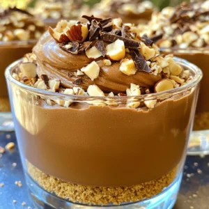 - 1 cup heavy whipping cream - 1 cup chocolate hazelnut spread (e.g., Nutella) - 1 teaspoon pure vanilla extract - 1 tablespoon powdered sugar - 1/2 cup crushed hazelnuts (plus extra for garnish) - 1 cup graham cracker crumbs - 4 tablespoons unsalted butter, melted - 1 oz dark chocolate, finely grated (for garnish) If you want a lighter mousse, use light cream instead of heavy cream. For a nut-free option, try sunbutter or a seed spread in place of hazelnut spread. You can also swap crushed almonds or walnuts for hazelnuts if you prefer a different nut flavor. Instead of graham crackers, use crushed cookies or gluten-free crumbs for a twist. Using high-quality chocolate hazelnut spread makes the mousse rich and tasty. Choose a spread with real hazelnuts for the best flavor. Fresh heavy cream whips better, so buy it close to your cooking day. When picking hazelnuts, look for whole, unroasted nuts for crunch. The darker the chocolate you use for garnish, the richer the taste. First, you need to make the base for the mousse cups. In a medium bowl, mix together 1 cup of graham cracker crumbs and 4 tablespoons of melted unsalted butter. Stir it until it looks like wet sand. Next, take 6 to 8 small cups and divide the mixture evenly among them. Press it down firmly to create a solid base. Place the cups in the fridge to chill while you prepare the mousse. For the mousse, grab a large mixing bowl. Beat 1 cup of heavy whipping cream using a mixer. Do this on medium-high speed for about 2-3 minutes, or until you see soft peaks. In another bowl, mix 1 cup of chocolate hazelnut spread, 1 teaspoon of pure vanilla extract, and 1 tablespoon of powdered sugar. Stir this mixture until it is smooth. Now, gently fold the whipped cream into the chocolate hazelnut mix using a spatula. Be careful not to lose the airiness of the whipped cream. Once combined, add in 1/2 cup of crushed hazelnuts and fold them in for added texture. Finally, spoon or pipe the mousse into your chilled cups over the graham cracker base. Smooth the tops with a spatula for a nice finish. Let the mousse cups set in the fridge for at least 2 hours. Before serving, sprinkle crushed hazelnuts and grated dark chocolate on top for a lovely touch. To whip cream perfectly, use a cold bowl and cold beaters. This helps the cream whip faster and gets more volume. Start at a low speed, then increase to medium-high. Watch closely as soft peaks form. Stop mixing when the cream looks fluffy and holds its shape. Over-mixing can turn the cream into butter, so be careful! When layering your mousse, take your time. Start with a smooth layer of mousse over the graham cracker base. Use a piping bag for more control if you want neat layers. Tap the cups gently on the counter to remove air bubbles. This gives a nice, even look. Remember to add your toppings just before serving to keep them fresh and crunchy. To get a great mousse texture, whip the cream well. You want soft peaks that hold shape. Use a clean bowl and cold beaters for best results. Mix the chocolate hazelnut spread with vanilla and sugar until smooth. Fold in the whipped cream gently. This keeps the mousse light and fluffy. Avoid stirring too hard; you don't want to lose air. Finally, let the mousse chill for at least two hours. This helps it set perfectly. Make your mousse cups look fancy with simple touches. Use clear cups to show off those pretty layers. Just before serving, sprinkle crushed hazelnuts on top. Add a bit of grated dark chocolate for a nice finish. You can also place a dollop of whipped cream on each cup. For an extra special touch, serve them on a decorative platter. This makes your dessert stand out at any gathering. You will need a few tools to make this dessert easier. A medium mixing bowl works well for the graham cracker base. A large mixing bowl is best for the mousse. Use a handheld mixer or stand mixer to whip the cream. A spatula is great for folding the mixtures together. You’ll also need measuring cups and spoons for accuracy. Lastly, having small serving cups makes for easy presentation. These tools will help you create the best no-bake mousse cups. {{image_4}} You can add new flavors to your mousse cups. A splash of coffee gives a rich taste. Just mix in one tablespoon of brewed coffee into the chocolate hazelnut spread. If you love fruit, add mashed bananas or pureed strawberries. These flavors make the mousse bright and fresh. You can also try a touch of orange zest for a citrus kick that pairs well with chocolate. For those needing gluten-free options, use gluten-free graham crackers. You can find many brands that offer tasty alternatives. Also, check your chocolate hazelnut spread for gluten-free labels. If you want a dairy-free version, swap heavy cream with coconut cream. The mousse will still be creamy and rich. Just chill the coconut cream before whipping it for the best texture. You can switch up the base of your mousse cups, too. Instead of graham crackers, try crushed Oreos for a chocolatey twist. You could also use shortbread cookies for a buttery flavor. For a nutty base, ground almonds or hazelnuts work great. Just mix them with melted butter, and you have a delicious base that adds more flavor to your cups. To keep your mousse cups fresh, store them in the fridge. Use an airtight container to protect them from odors and moisture. If you have a lot, cover each cup with plastic wrap. This helps keep their texture and flavor intact. Place them on a flat surface to avoid spills. Chill them for at least two hours before serving. No bake chocolate hazelnut mousse cups last about three days in the fridge. After this time, the mousse may lose its creamy texture. The graham cracker base can also get soggy. To enjoy the best taste and texture, eat them within this time frame. Always check for any signs of spoilage before enjoying. You can freeze mousse cups, but it’s best to do this without the toppings. Place the cups in the freezer for up to one month. When ready to eat, move them to the fridge overnight. This helps them thaw slowly and keeps their texture smooth. Avoid refreezing once thawed, as it can ruin the mousse. Yes, you can prepare these mousse cups a day in advance. Just store them in the fridge. By letting them sit overnight, the flavors meld nicely. This also helps the mousse set perfectly. To keep your mousse thick, use heavy whipping cream. Make sure to whip it until soft peaks form. When mixing, fold gently to keep air in. This keeps it light and fluffy. If you can't find hazelnuts, try walnuts or almonds. Both offer a nice crunch and flavor. You can also use a nut-free chocolate spread if needed. For a twist, consider adding crushed cookies for texture. This blog post covered how to make delicious mousse. I shared the best ingredients and important measurements. You learned about key substitutions and tips for high-quality ingredients. I explained step-by-step instructions for preparing the mousse and gave tips to get the right texture. Different flavors and dietary options let you be creative. Storage tips help keep your mousse fresh longer. Making mousse can be fun and rewarding. Enjoy your sweet creations!