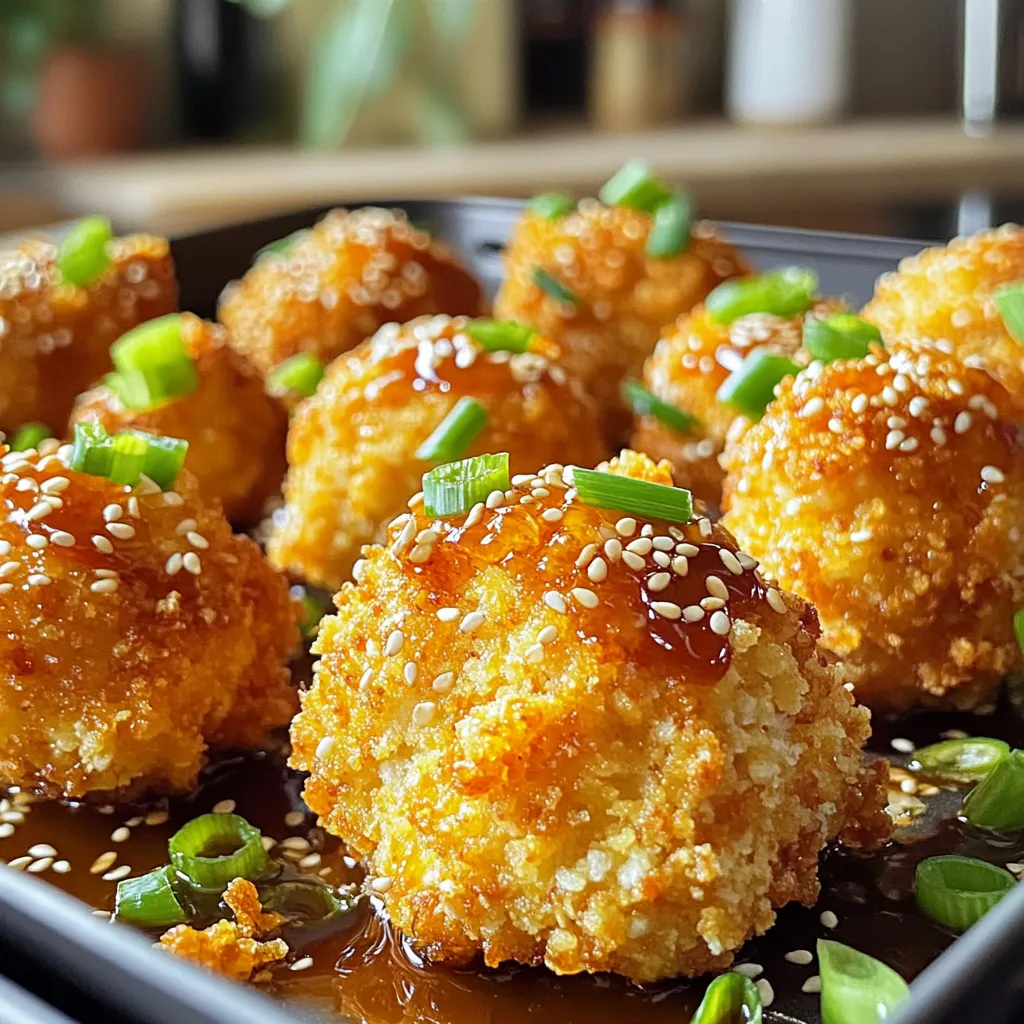 - Chicken and Coatings - 1 lb (450g) boneless, skinless chicken breasts, cut into bite-sized pieces - 1/2 cup panko breadcrumbs for extra crunch - 1/4 cup cornstarch - Flavoring Components - 1 teaspoon garlic powder - 1 teaspoon onion powder - 1 teaspoon ground ginger - 1/2 teaspoon black pepper - 1/2 teaspoon salt - 1 large egg, beaten - 2 tablespoons sesame oil - 3 tablespoons soy sauce - 2 tablespoons honey - 1 tablespoon rice vinegar - 1 tablespoon sesame seeds - Garnishes - 2 green onions, finely chopped for garnish The chicken breasts give this dish its protein and tender texture. The panko breadcrumbs add a nice crunchy layer. Cornstarch helps the coating stick and adds a crisp layer when cooked. Garlic and onion powders add a savory depth. Ground ginger gives a warm, zesty kick. Lastly, the green onions brighten the dish, making it look fresh and appealing. Each ingredient plays a key role in making your Air Fryer Sesame Chicken Bites delicious and fun to eat! Preparing the Chicken First, take 1 pound of boneless, skinless chicken breasts. Cut them into bite-sized pieces. Make sure each piece is similar in size. This helps them cook evenly. Making the Coating In a medium bowl, mix together 1/4 cup of cornstarch, 1 teaspoon of garlic powder, 1 teaspoon of onion powder, 1 teaspoon of ground ginger, 1/2 teaspoon of black pepper, and 1/2 teaspoon of salt. Stir well to combine. This mix will give the chicken a flavorful crunch. Coating the Chicken Bites In another bowl, beat 1 large egg until smooth. Dip each chicken piece into the egg, letting any extra drip off. Next, coat the chicken in the cornstarch mix, pressing gently. Finally, roll each piece in 1/2 cup of panko breadcrumbs for that extra crunch we love. Preheating the Air Fryer Set your air fryer to 375°F (190°C). Preheating helps the chicken cook evenly and get crispy. Cooking the Chicken Bites Once hot, place the chicken bites in the air fryer basket in a single layer. Lightly spray the chicken with cooking spray for that crunchy texture. Cook for 10-12 minutes. Shake the basket halfway through to ensure even cooking. The chicken should look golden brown when done. Preparing the Sesame Sauce While the chicken cooks, make the sesame sauce. In a small saucepan, mix 2 tablespoons of sesame oil, 3 tablespoons of soy sauce, 2 tablespoons of honey, and 1 tablespoon of rice vinegar. Heat it on low, stirring until warm. Add 1 tablespoon of sesame seeds and mix well. This sauce will add a sweet touch to your chicken bites. Using panko breadcrumbs is key to getting that great crunch. Panko is lighter than regular breadcrumbs. It creates a crispier bite. Make sure to coat each piece of chicken well, pressing the crumbs into the meat. This helps them stick during cooking. Spraying with cooking spray gives the chicken an extra layer of crisp. A light mist before cooking works wonders. It helps the panko brown evenly in the air fryer. This simple step can make a big difference in texture. Marinating your chicken can boost the flavor. You can marinate it in soy sauce and sesame oil for about 30 minutes. This adds depth to the taste. Feel free to add garlic or ginger to the marinade for more zing. Adjusting sauce ingredients can also change the flavor profile. If you like it sweeter, add more honey. For a bit of heat, try adding a dash of chili paste. This allows you to customize the sauce to fit your taste. {{image_4}} Substituting Chicken You can swap chicken for turkey or tofu. Both options work well. Turkey gives a similar taste. Tofu offers a plant-based choice. Cut them into bite-sized pieces like chicken. Follow the same coating and cooking steps. Offering Gluten-Free Options If you need gluten-free choices, use gluten-free breadcrumbs. You can find these at most stores. Cornstarch is already gluten-free. This keeps the dish tasty and safe for everyone. Accompanying Dishes Serve your sesame chicken bites with rice or noodles. They pair well with steamed broccoli or stir-fried veggies too. This adds color and nutrition to your meal. You can also try a fresh salad for some crunch. Pairing with Sides For sides, consider sweet and sour sauce or a spicy dip. These sauces enhance the flavor of the bites. You can also add some sesame seeds on top for extra crunch. Enjoy your meal with friends and family! Refrigeration Tips To keep your sesame chicken bites fresh, store them in an airtight container. Place a paper towel at the bottom to absorb moisture. This helps maintain their crunch. They will stay good in the fridge for up to three days. Freezing Instructions If you want to store them longer, freeze the chicken bites. First, let them cool completely. Then, arrange them in a single layer on a baking sheet. Freeze until solid, then transfer to a freezer bag. They can last up to three months in the freezer. Best Methods for Reheating When it’s time to eat, reheat the chicken bites in the air fryer for best results. Preheat it to 350°F (175°C). Cook for about 5-7 minutes, until hot and crispy. You can also use an oven set to 375°F (190°C). Maintaining Crispiness To keep the bites crispy, avoid using a microwave. Microwaving can make them soggy. If you must use a microwave, place a paper towel under the chicken to absorb steam. Enjoy your flavorsome bites just as they were meant to be! Can I use chicken thighs instead of breasts? Yes, you can use chicken thighs! They tend to be juicier and more flavorful. Just cut them into bite-sized pieces like you would with chicken breasts. How can I make this recipe spicier? To add heat, mix in red pepper flakes or chili powder with the coating. You could also add a splash of sriracha to the sesame sauce for a spicy twist. What can I serve with Sesame Chicken Bites? These bites pair well with steamed rice or a fresh salad. You can also serve them with dipping sauces like sweet chili sauce or extra sesame sauce for added flavor. This article shared how to make delicious Sesame Chicken Bites. We covered the key ingredients, from the chicken itself to flavorful coatings and garnishes. You learned step-by-step instructions for preparing and cooking the bites in an air fryer. I provided tips for achieving the perfect texture and enhancing flavor. We also explored variations and serving suggestions to suit your taste. Lastly, I included essential storage and reheating tips. Enjoy your cooking journey and share these tasty bites with friends and family. They will love it!