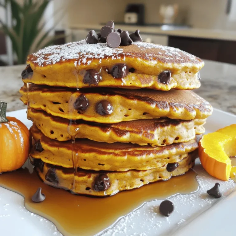 - 1 cup all-purpose flour - 1 tablespoon baking powder - 1/2 teaspoon baking soda - 1/2 teaspoon salt - 1 teaspoon ground cinnamon - 1/2 teaspoon ground nutmeg - 1 cup canned pumpkin puree - 2 large eggs - 1/2 cup milk (or your preferred plant-based alternative) - 1/4 cup pure maple syrup (plus extra for serving) - 1 teaspoon vanilla extract - 1/2 cup semi-sweet chocolate chips - Butter or neutral oil for cooking These ingredients create a delicious stack of pancakes. The all-purpose flour gives the base a soft texture. Baking powder and baking soda help the pancakes rise. Salt balances the sweetness, while cinnamon and nutmeg add warmth and spice. The canned pumpkin puree brings moisture and flavor. Using eggs helps bind everything together. The milk adds creaminess, and maple syrup sweetens the mix. Vanilla extract enhances the flavor, making each bite special. Semi-sweet chocolate chips bring a sweet surprise in every pancake. Finally, butter or oil makes cooking easy. Each ingredient plays a role in crafting the perfect pancake. You can mix and match some components, but keep the core ingredients for best results. Enjoy these pancakes warm, topped with maple syrup and extra chocolate chips. They are sure to impress your family and friends! Start by gathering your dry ingredients. In a large mixing bowl, combine: - 1 cup all-purpose flour - 1 tablespoon baking powder - 1/2 teaspoon baking soda - 1/2 teaspoon salt - 1 teaspoon ground cinnamon - 1/2 teaspoon ground nutmeg Whisk these ingredients together thoroughly. This step helps eliminate any lumps. You want a smooth, even mix to ensure fluffy pancakes. Next, move on to the wet ingredients. In a separate bowl, blend together: - 1 cup canned pumpkin puree - 2 large eggs - 1/2 cup milk (or your preferred plant-based alternative) - 1/4 cup pure maple syrup - 1 teaspoon vanilla extract Mix these until the mixture is smooth and well incorporated. A well-blended mixture makes for lighter pancakes. Now, it’s time to combine the wet and dry ingredients. Slowly pour the pumpkin mixture into the bowl with the dry ingredients. Gently stir using a wooden spoon or spatula. Be careful not to overmix—it's fine if some small lumps remain. Finally, fold in: - 1/2 cup semi-sweet chocolate chips This will add delightful bursts of chocolate in each bite. Preheat your non-stick skillet or griddle over medium heat. Lightly grease the surface with butter or neutral oil for a non-stick effect. For each pancake, measure about 1/4 cup of batter onto the hot skillet. Cook until bubbles appear on the surface, which takes about 2-3 minutes. Flip the pancake and cook for another 2 minutes, until it turns a lovely golden brown. Keep an eye on cooking time to avoid burning. Repeat with the remaining batter. Once done, stack the pancakes high on a serving plate. Enjoy warm, drizzled with extra maple syrup and sprinkled with more chocolate chips. To cook perfect pancakes, your skillet needs the right heat. Aim for medium heat. A drop of water should sizzle and dance on the surface. If it evaporates too fast, the skillet is too hot. Flipping pancakes can be tricky. Use a thin spatula to slide under the pancake. Lift it gently, then flip quickly. This keeps the pancake intact and fluffy. Spices add depth to your pancakes. Use ground cinnamon and nutmeg for warmth. Consider adding a pinch of ginger or allspice for a twist. You can also mix in extras. Try chopped nuts like walnuts or pecans. Adding small pieces of fruit, like banana or apple, can give a nice burst of flavor. How you stack pancakes matters. Make a tall stack on a large plate for wow factor. You can alternate layers with chocolate chips for a fun look. Garnish with a dusting of powdered sugar or a drizzle of whipped cream. For added flair, sprinkle extra chocolate chips and place a slice of pumpkin on the side. This makes your dish pop and looks inviting. {{image_4}} You can swap out some ingredients to fit your needs. If you want a dairy-free option, try using almond milk or oat milk instead of regular milk. These alternatives work well and keep the pancakes moist. For those who need gluten-free options, you can use a gluten-free flour blend. Just make sure it has xanthan gum, which helps with texture. This way, everyone can enjoy these tasty pancakes! To make your pancakes even more special, consider adding different extracts. A splash of almond extract can give a nice twist. You can also try pumpkin spice for an extra autumn vibe. Don't be afraid to mix in seasonal ingredients too. Adding fresh cranberries can bring a tart bite. Chopped pecans add a nice crunch and nutty flavor. Experimenting can lead to your new favorite recipe! To keep your pumpkin chocolate chip pancakes fresh, follow these tips: - Refrigeration: Place pancakes in an airtight container. Separate layers with parchment paper. This prevents sticking. - Freezing: For longer storage, stack pancakes with parchment in between. Wrap the stack tightly in plastic wrap, then place in a freezer bag. Make sure to label the container with the date. This way, you can enjoy your pancakes later without worry. When it's time to enjoy your leftover pancakes, reheating is key. Here’s how to do it right: - Microwave: Place pancakes on a microwave-safe plate. Cover with a damp paper towel. Heat for 20-30 seconds. Check for warmth and repeat if needed. - Skillet: Preheat a non-stick skillet over low heat. Add a tiny bit of butter or oil. Place pancakes in the skillet and heat for about 1-2 minutes on each side. This method adds a nice crispness. These methods ensure your pancakes stay soft and tasty. Enjoy every bite! Yes, you can make these pancakes ahead of time. Here are some tips for batch cooking and storing: - Prepare the batter: You can mix the batter a day in advance. Store it in the fridge. - Cook and cool: Cook the pancakes and let them cool completely. - Refrigerate or freeze: Stack the pancakes with parchment paper between them. Place them in an airtight container. They will last in the fridge for 3 days or in the freezer for 2 months. - Reheat: Use the microwave or toaster to warm them up. This way, you enjoy fresh pancakes anytime! You can make these pancakes healthier with a few simple changes: - Reduce sugar: Use less maple syrup in the batter. You can also use mashed bananas for sweetness. - Use whole wheat flour: Swap some or all of the all-purpose flour for whole wheat flour. This adds fiber and nutrients. - Opt for low-fat milk: Choose low-fat milk or a plant-based milk with fewer calories. - Add fruits: Mix in fruits like blueberries or chopped apples for added vitamins and fiber. Yes, you can use fresh pumpkin. Here’s how to prepare fresh pumpkin puree: - Choose the right pumpkin: Use a sugar pumpkin or pie pumpkin. They are sweeter and smoother. - Roast it: Cut the pumpkin in half. Remove the seeds and strings. Place it cut side down on a baking sheet. Roast at 400°F (200°C) for about 45 minutes or until soft. - Puree it: Let it cool, then scoop out the flesh. Blend it until smooth. This fresh puree works well in your pancakes and adds great flavor! In this post, we explored making Pumpkin Chocolate Chip Pancakes from scratch. We listed essential ingredients, detailed step-by-step instructions, and shared helpful tips. We also offered ideas for variations, storage, and answered common questions. Now you have everything you need to make delicious pancakes at home. Enjoy the fun of cooking and the joy of sharing these tasty treats!
