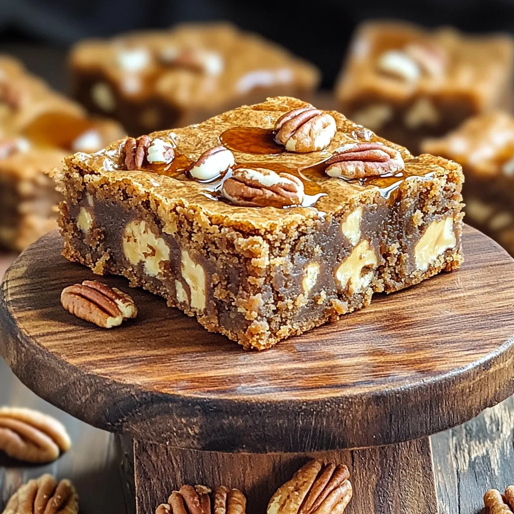 - 1 cup unsalted butter - 1 cup packed brown sugar - 1/2 cup granulated sugar - 2 large eggs - 1 tablespoon pure vanilla extract - 1 1/2 cups all-purpose flour - 1 teaspoon baking powder - 1/2 teaspoon salt - 1/2 cup pure maple syrup - 1 cup pecans, roughly chopped - 1/2 cup white chocolate chips (optional) Unpacking the ingredients is key to making great blondies. First, we start with butter. Unsalted butter gives you control over the salt level. Brown sugar adds moisture and a rich flavor. Granulated sugar balances the sweetness. Eggs bind everything together and add a nice texture. Next, we have maple syrup. It brings a unique sweetness and a lovely aroma. The pecans add crunch and nuttiness, enhancing the overall flavor. They also provide a contrast to the soft blondie texture. White chocolate chips are optional but fun! They add a creamy sweetness that pairs well with the maple flavor. If you skip them, the blondies will still be great. Each ingredient plays a role in making these blondies a delightful treat. To start, you need to prepare your baking pan. Use parchment paper to line a 9x9 inch pan. This paper helps you lift the blondies out easily. It also keeps the edges from sticking. Next, preheat your oven to 350°F (175°C). Preheating is key for even baking. If you skip this step, your blondies may bake unevenly. Now, let’s make the brown butter, which adds a deep flavor. Melt 1 cup of unsalted butter in a medium saucepan over medium heat. Stir it often. After about 5-7 minutes, it will turn golden brown. You will smell a nutty aroma when it is ready. Remove the saucepan from heat and let the butter cool for a few minutes. Cooling helps you mix it without cooking the eggs later. In a large mixing bowl, blend the cooled brown butter with both sugars. Whisk until smooth. Then, add in 2 large eggs, one at a time. Mix well after each egg. Stir in 1 tablespoon of vanilla extract and 1/2 cup of maple syrup. In another bowl, whisk together 1 1/2 cups of flour, 1 teaspoon of baking powder, and 1/2 teaspoon of salt. Gradually fold the dry ingredients into the wet mixture. Be careful not to over-mix, as this can make the blondies tough. Pour the batter into your lined pan. Spread it evenly across the surface. Place it in the preheated oven and bake for 25-30 minutes. Watch for the edges to turn lightly golden. To test for doneness, insert a toothpick into the center. If it comes out with a few moist crumbs, the blondies are ready. After baking, cool them in the pan on a wire rack for about 15 minutes. Use the parchment overhang to lift them out and let cool completely before cutting into squares. Timing Your Preheat Always preheat your oven to 350°F (175°C) before you start mixing. This step ensures even baking. If your oven is not hot enough, your blondies may not rise or cook well. Cooling Properly Before Cutting Let your blondies cool in the pan for about 15 minutes. This cooling time helps them set. Use the parchment paper to lift them out and let them cool completely on a wire rack. Cutting them too soon may cause them to fall apart. Additional Flavor Options For a burst of flavor, sprinkle a bit of sea salt on top before baking. This adds a nice contrast to the sweet maple flavors. You can also try adding a dash of cinnamon for warmth. Mixing in Spices or Other Nuts Feel free to mix in other nuts like walnuts or almonds. You can also try spices like nutmeg or ginger for a unique twist. Just remember to keep the measurements balanced to avoid overpowering the maple taste. Serving Suggestions for an Elegant Display Serve your blondies on a pretty cake stand. This makes them look inviting. You can add a small scoop of ice cream next to each piece for a fun touch. Garnishing with Maple Syrup and Pecans Drizzle some extra maple syrup over the top just before serving. This adds shine and extra sweetness. For a final touch, sprinkle whole pecans on top for a beautiful finish. {{image_4}} You can change the nuts or chocolates in the blondies. Try using walnuts or almonds for a new twist. You can also add dark chocolate chips instead of white chocolate. The options are endless, and each choice brings a new taste to the table. Adding fruit or spices can also make these blondies unique. Chopped apples or pears add moisture and sweetness. A dash of cinnamon or nutmeg brings warmth and depth to the flavor. I love to experiment with different combinations to find my favorite. For those who need gluten-free options, you can use gluten-free flour blends. They work well in this recipe and keep the texture nice. Make sure to check the labels for safe baking. If you want to make vegan blondies, replace the eggs with flax eggs or applesauce. Use vegan butter and dairy-free chocolate chips for a tasty treat that everyone can enjoy. These swaps keep the deliciousness while meeting different dietary needs. To keep your blondies fresh, you need the right methods. First, let them cool completely. Then, cut them into squares. Place them in an airtight container. This helps keep them soft and moist. You can also wrap them in plastic wrap. This method works well for short-term storage. For longer storage, line the container with parchment paper. It prevents sticking and makes for easy serving. Store them at room temperature for up to five days. If you want to keep them longer, refrigeration is a good option. Just remember to let them come to room temp before serving. Freezing blondies is simple and keeps them tasty. Start by cutting them into squares. Wrap each square tightly in plastic wrap. This prevents freezer burn. After wrapping, place them in a freezer-safe bag or container. Be sure to label the container with the date. You can freeze them for up to three months. When you want to enjoy a blondie, take it out and thaw it. The best way to thaw is to leave it in the fridge overnight. If you need it fast, let it sit at room temperature for about an hour. Enjoy your sweet treat just like fresh! Blondies and brownies differ mainly in flavor and color. Blondies use brown sugar and no cocoa. They taste sweet and buttery, with a hint of vanilla. Brownies include cocoa, giving them a rich chocolate flavor. Blondies are lighter, while brownies are darker and denser. Yes, you can use white sugar instead of brown sugar. However, the flavor will change. Brown sugar adds a deeper, caramel taste. If you use white sugar, consider adding a bit of molasses to mimic the flavor. To check if your blondies are done, look for golden edges. Insert a toothpick in the center. If it comes out with a few moist crumbs, they are ready. If the toothpick has wet batter, bake for a few more minutes. Absolutely! You can make these blondies a day in advance. Store them in an airtight container at room temperature. This helps the flavors develop more, making them even more delicious. You can serve these blondies with a scoop of vanilla ice cream. Whipped cream is also a great choice. Drizzling extra maple syrup on top adds to the flavor. For a fun twist, pair them with a cup of coffee or tea. This blog post covered how to make delicious maple brown butter pecan blondies. We explored key ingredients, detailed step-by-step baking instructions, and shared helpful tips and tricks. I discussed variations like gluten-free options and flavor tweaks. Following these steps leads to blondies that delight. Remember, baking is both an art and a science. Use fresh ingredients and enjoy the process. Happy baking!