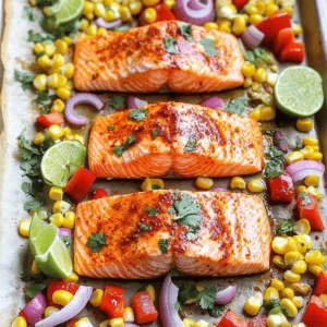 - 4 salmon fillets - 2 cups fresh corn kernels (or canned, drained) - 2 tablespoons extra virgin olive oil - 2 tablespoons freshly squeezed lime juice The main ingredients are simple yet packed with flavor. Salmon fillets offer rich taste and healthy fats. Fresh corn kernels add sweetness and texture. Extra virgin olive oil enhances the dish's richness. Fresh lime juice brings bright acidity that cuts through the salmon's richness. - 1 teaspoon chili powder - 1 teaspoon smoked paprika - 1 teaspoon garlic powder - Salt and freshly cracked black pepper to taste - 1 red bell pepper, chopped into bite-sized pieces - 1 small red onion, finely diced The seasonings create a bold flavor. Chili powder adds heat, while smoked paprika gives a nice depth. Garlic powder, salt, and pepper unite these flavors. The red bell pepper adds crunch and sweetness. Red onion offers a mild bite that complements the dish. - Fresh cilantro leaves - Lime wedges for serving Garnishes elevate the dish. Fresh cilantro adds a burst of color and fresh taste. Lime wedges let you add extra zing to each bite. These simple touches make your dish look and taste even better. First, preheat your oven to 400°F (200°C). This step gets the heat going for your salmon and corn. Next, line a large baking sheet with parchment paper. This makes for easy cleanup later. In a small bowl, mix together 2 tablespoons of olive oil and 2 tablespoons of lime juice. Add 1 teaspoon of chili powder, 1 teaspoon of smoked paprika, and 1 teaspoon of garlic powder to the bowl. Sprinkle in some salt and black pepper. Whisk it all until combined. This zesty marinade will add flavor to your dish. Place 4 salmon fillets on one side of the baking sheet. Use a brush or spoon to coat the top of each fillet with half of your marinade. On the other side of the sheet, add 2 cups of corn kernels, 1 chopped red bell pepper, and 1 finely diced red onion. Drizzle the rest of the marinade over these veggies. Toss them together so everything is well coated. Spread the corn and vegetable mix in a single layer on the baking sheet. Make sure they are spaced out well next to the salmon. Now, place the baking sheet in the oven. Bake for 15 to 20 minutes. When done, the salmon should flake easily with a fork. The corn and veggies should be tender and slightly caramelized. After baking, take the sheet pan out of the oven. Let it rest for a few minutes. This helps the flavors mix well. To serve, place a salmon fillet on a plate alongside a scoop of the corn and vegetable mix. If you like, sprinkle fresh cilantro on top for color and taste. Marinating salmon is key to great taste. The marinade adds depth and freshness. The acid from lime juice helps break down the fish, making it tender. For best results, let your salmon soak in the marinade for at least 15 minutes. If you have time, an hour is even better. This gives the fish a chance to absorb all the zesty flavors. The perfect cooking time for salmon and corn is between 15 to 20 minutes. At 400°F (200°C), salmon should flake easily with a fork when done. Corn and vegetables need to be tender and lightly caramelized. Check your salmon at 15 minutes to avoid overcooking. Each oven is different, so be sure to watch closely. For a beautiful plate, serve salmon on a colorful dish. A sprinkle of fresh cilantro adds a pop of green. Lime wedges not only look good but also offer a burst of flavor. Arrange the corn and veggies neatly beside the salmon. This makes the dish appealing and fun to eat. {{image_4}} You can swap salmon for other proteins. Chicken works great in this dish. Use boneless, skinless chicken breasts. Tofu is another option for a plant-based meal. Firm tofu soaks up the marinade well. Cut it into cubes, and it will cook nicely on the sheet pan. Feel free to change the veggies based on what you have. Zucchini, asparagus, or cherry tomatoes all pair well. Carrots add a nice crunch too. Just remember to cut them to similar sizes for even cooking. This keeps everything tender and tasty. If you love heat, add more spice! You can mix in cayenne pepper or red pepper flakes. Adjust the amount to your taste. You can also use spicy chili powder for extra flavor. Just remember, a little goes a long way! To keep your leftover chili lime salmon and corn fresh, store them in an airtight container. Refrigerate within two hours after cooking. This helps prevent any bacteria growth. Your dish will stay tasty for up to three days in the fridge. If you plan to eat it later, separate the salmon from the corn for better storage. When reheating, I recommend using the oven for the best results. Preheat your oven to 350°F (175°C). Place the salmon and corn on a baking sheet. Cover it with foil to keep the moisture in. Heat for about 10-15 minutes. This way, your meal stays juicy and delicious. You can freeze the salmon and corn for later use. Wrap each salmon fillet tightly in plastic wrap, then place it in a freezer bag. Store the corn in a separate airtight container. Your meal can last up to three months in the freezer. To defrost, move it to the fridge overnight. Reheat as mentioned above for the best taste. Yes, you can use frozen salmon fillets. However, you need to thaw them first. Put the fillets in the fridge overnight or submerge them in cold water for about an hour. Once thawed, pat them dry with a paper towel. This helps the marinade stick better. If you start with frozen fillets, increase the cooking time by about 5 minutes. Make sure to check for doneness; the salmon should flake easily. Absolutely! This recipe works great for meal prep. You can make it ahead and store it in the fridge. Cook the salmon and corn, then let them cool. Place them in airtight containers. They will last for up to three days. When you're ready to eat, simply reheat in the microwave or oven. This saves time on busy days and gives you tasty meals ready to go! This dish pairs well with many sides. Here are some tasty options: - Rice: Cilantro lime rice adds a fresh touch. - Salad: A simple green salad with lemon vinaigrette is light and refreshing. - Quinoa: This adds fiber and protein. - Roasted Vegetables: Carrots or zucchini work well. - Avocado: Sliced avocado adds creaminess. Feel free to mix and match! This dish of chili lime salmon and corn is easy and tasty. You learned about fresh ingredients, from salmon to vegetables. Proper seasoning and marination make it shine. Follow the steps for a delicious meal every time. Remember, you can swap proteins or veggies for your taste. Store leftovers carefully and reheat well to keep flavors. Overall, this recipe is perfect for any night. Enjoy creating a dish your friends and family will love!