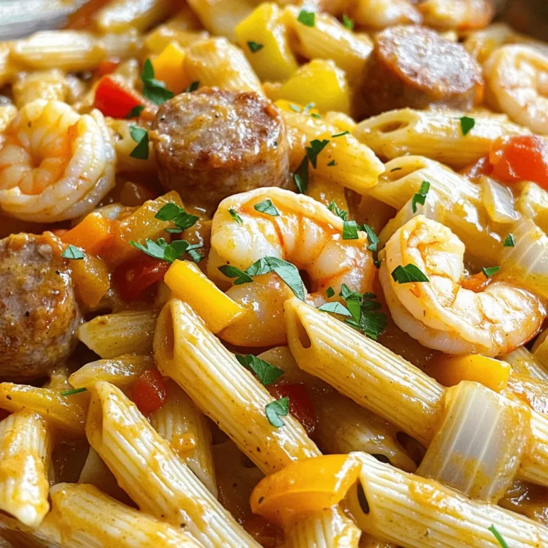 - 8 oz penne pasta - 1 lb shrimp, peeled and deveined - 8 oz smoked sausage, sliced into rounds - 1 bell pepper (red or yellow), finely chopped - 1 small onion, diced - 3 cloves garlic, minced - 2 cups chicken broth (low sodium recommended) - 1 cup heavy cream - 2 tablespoons Cajun seasoning - 1 tablespoon olive oil - Salt and black pepper, to taste - Fresh parsley, chopped - Lemon wedges Each ingredient plays a key role in this dish. The penne pasta provides a good base, while the shrimp adds a nice texture. The smoked sausage gives a rich, meaty flavor. Bell pepper and onion bring in sweetness, and garlic adds depth. For the sauce, chicken broth and heavy cream create a creamy texture. Cajun seasoning gives that unique, spicy kick. Olive oil helps with sautéing, while salt and pepper enhance all the flavors. You can garnish with fresh parsley for color and a touch of brightness. Lemon wedges add a zesty contrast and brighten the dish even more. Each element combines to create a delightful meal. To cook the penne pasta, fill a large pot with water. Add a generous pinch of salt. Bring the water to a rolling boil. Then, add the penne pasta and cook for about 9 to 11 minutes. This timing helps you reach that perfect al dente texture. Once cooked, drain the pasta and set it aside. In the same pot, add olive oil and heat it over medium heat. When the oil shimmers, add the sliced smoked sausage. Sauté the sausage for about 3 to 4 minutes. You want it nicely browned, as this adds great flavor. Once browned, use a slotted spoon to remove the sausage and set it aside. Keep using that same pot! Add the diced onion and chopped bell pepper. Sauté them for about 2 to 3 minutes until softened. Then, add the minced garlic. Cook for an additional minute, until the garlic smells great. This step builds a solid flavor base for your dish. Return the browned sausage to the pot. Now, add the peeled and deveined shrimp. Sprinkle the Cajun seasoning evenly over everything. Cook this mix for about 3 to 4 minutes. Toss gently until the shrimp turns opaque and is fully cooked. The Cajun seasoning brings that bold flavor to life. Pour in 2 cups of chicken broth and 1 cup of heavy cream. Stir well to mix all the ingredients. Increase the heat slightly and bring the mixture to a gentle simmer. This allows all the flavors to meld together beautifully. Now, add the cooked penne pasta back into the pot. Toss well to coat all the pasta in the creamy sauce. Let it simmer for an additional 2 to 3 minutes. This helps the flavors infuse into the pasta. Finally, taste your dish and adjust the salt and black pepper if needed. You can also tweak the Cajun seasoning for extra heat. Serve your one-pot Cajun shrimp and sausage pasta in warm bowls. Garnish each serving with freshly chopped parsley for a pop of color. Enjoy this delicious meal! - Adjusting Cajun seasoning: Start with the listed amount of Cajun seasoning. If you want more heat, add a bit more. Taste as you go, so you find your perfect blend. - Suggestions for additional spices: Try adding a pinch of smoked paprika for extra depth. A dash of cayenne pepper can also boost the heat if you like it spicy. - Importance of using the same pot: Using the same pot keeps all the flavors together. The bits left from the sausage make the dish richer. Each step builds on the last. - Benefits of one-pot cooking: One-pot meals save time and reduce cleanup. You’ll have fewer dishes to wash, and all the flavors meld perfectly together. It’s a win-win! - Serving suggestions: Serve the pasta in warm bowls. This keeps it hot longer and looks inviting. - Recommended plating techniques: Garnish each bowl with fresh parsley. A lemon wedge on the side adds color and a fun twist. It also brightens the dish with a zesty kick! {{image_4}} You can switch shrimp for chicken. Chicken thighs work well here. Cut them into bite-sized pieces. Cook them in the same way as the shrimp. They will soak up the Cajun flavors nicely. Using different types of sausage adds variety, too. Try andouille sausage for a spicier kick. Turkey sausage is a lean option if you want something lighter. Just slice them and sauté as the recipe says. For a vegetarian version, substitute shrimp and sausage with plant-based proteins. You can use tofu or tempeh. Both absorb flavors well and add protein. Enhance flavor in vegetarian versions by adding extra spices. Consider smoked paprika or a dash of liquid smoke. These can mimic the richness of sausage and shrimp. Fresh herbs like thyme or oregano also boost flavor. If you love heat, increase spice with additional Cajun seasoning. Add a teaspoon or two, based on your taste. Incorporating hot sauce or peppers can also spice things up. A few dashes of your favorite hot sauce will do. You can also add diced jalapeños for a fresh kick. Just be careful not to overpower the other flavors. To store leftovers of your One-Pot Cajun Shrimp and Sausage Pasta, first let it cool. Then, place it in an airtight container. This keeps air out and moisture in. The best containers are glass or BPA-free plastic. These materials help maintain flavor and texture. If you want to freeze this dish, first cool it completely. Then, portion it into freezer-safe bags. Remove as much air as possible before sealing. For reheating, thaw it in the fridge overnight. You can reheat it on the stove over low heat. Stir often to ensure even heating. Add a splash of broth or cream to revive the sauce. Generally, leftovers last about 3-4 days in the fridge. If frozen, they can last up to 3 months. For the best taste, eat it sooner rather than later. Always check for off smells or changes in texture before eating. Yes, you can prep this dish ahead. Cook the pasta and sausage in advance. Store them separately in the fridge. You can mix them with the sauce later. This way, the dish stays fresh and tasty. Tips for prep and cooking timeline: - Cook pasta and sausage a day before. - Chop vegetables ahead of time. - Store everything in airtight containers. Absolutely! This recipe works great for meal prep. You can portion it out for lunches or dinners. Just divide the pasta and sauce into containers. Suggestions for portioning and storage: - Use glass containers for easy reheating. - Label each container with the date. - Keep it in the fridge for up to three days. If you don't have Cajun seasoning, there are good swaps. You can mix paprika, garlic powder, and black pepper. This gives a similar flavor profile. Alternative seasoning options: - Use Creole seasoning if you have it. - Try smoked paprika for a different twist. - Italian seasoning can add nice herbs. Shrimp cook fast! Look for a pink color and a curled shape. When shrimp turn opaque, they are done. Visual indicators for doneness: - Bright pink color means they are cooked. - The shrimp should curl into a C shape. - Overcooked shrimp turn tough and rubbery. This blog post breaks down how to make a flavorful Cajun pasta dish. We covered essential ingredients like penne pasta, shrimp, and sausage. You learned step-by-step cooking methods, tips for enhancing flavor, and variations to suit your taste. With these insights, you can create a delicious meal that thrills your taste buds. Whether you stick to shrimp or try alternatives, this dish is versatile and fun. Enjoy cooking and make it your own!