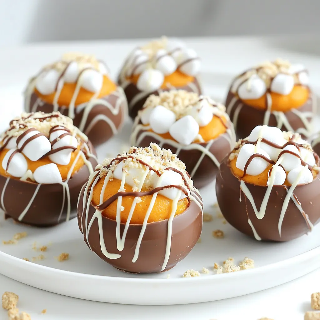 - 1 cup milk chocolate chips - 1 cup white chocolate chips - 1 teaspoon coconut oil - 1 cup hot cocoa mix - ½ cup pumpkin puree - 1 teaspoon pumpkin spice blend (mix of cinnamon, nutmeg, and ginger) - Mini marshmallows - Optional: whipped cream and crushed graham crackers for topping Pumpkin Puree: This smooth ingredient adds a rich flavor and creamy texture. It makes the cocoa bombs taste like fall in a cup. Look for pure pumpkin puree, not pumpkin pie filling, for the best taste. Pumpkin Spice Blend: This mix includes warm spices like cinnamon, nutmeg, and ginger. It brings a cozy, seasonal flavor to your hot cocoa bombs. You can buy it or make your own with common spices from your kitchen. Coconut Oil: I use coconut oil to help the chocolate melt smoothly. It also helps the chocolate harden nicely, making a strong shell for the cocoa bombs. - Milk Chocolate Chips: Ghirardelli or Nestlé are great choices. They melt well and taste rich. - White Chocolate Chips: I recommend Guittard or Ghirardelli for their smooth texture and sweet flavor. - Cocoa Mix: Swiss Miss or Ghirardelli hot cocoa mixes give a classic taste. They blend well with pumpkin flavor. - Pumpkin Puree: Libby’s is a trusted brand for pure pumpkin. It’s widely available and tasty. - Pumpkin Spice Blend: McCormick offers a solid blend, but making your own is easy and fresh! These ingredients create a cozy and delicious experience. Enjoy crafting your hot cocoa bombs! To start, take a microwave-safe bowl. Add 1 cup of milk chocolate chips and 1 teaspoon of coconut oil. Heat this in the microwave. Set it for 30 seconds. After each time, stir well. Keep doing this until your chocolate is smooth and melted. This step is key for rich flavor. Next, grab a silicone sphere mold. Pour the melted milk chocolate into each half. Use the back of a spoon to spread the chocolate evenly. Fill each mold to the rim. Once done, place the molds in the fridge. Let them chill for about 10 to 15 minutes. This helps the chocolate harden well. Now, let’s make the filling. In a mixing bowl, whisk together 1 cup of hot cocoa mix, ½ cup of pumpkin puree, and 1 teaspoon of pumpkin spice blend. Mix until smooth. This filling is where the pumpkin magic happens. Carefully take out the hardened chocolate shells. Set half aside. Spoon a generous amount of your pumpkin filling into each of the remaining shells. Add a few mini marshmallows on top. This makes it extra fluffy and fun. For decoration, melt 1 cup of white chocolate chips with 1 teaspoon of coconut oil in a small bowl. Drizzle this over the tops of your sealed hot cocoa bombs. For a special touch, sprinkle crushed graham crackers on top. This adds a tasty s'mores twist. To serve, place a hot cocoa bomb in your favorite mug. Pour hot milk over it. Watch as it dissolves, revealing the yummy filling inside. For a delightful finish, top it with some whipped cream. Enjoy your cozy pumpkin spice hot cocoa bomb! To melt chocolate, use a microwave-safe bowl. Combine milk chocolate chips and coconut oil. Heat in 30-second bursts, stirring after each. The key is to stop when it’s still a bit chunky. Stir until smooth. This method prevents burning and makes for a perfect melt. Fill your silicone molds with melted chocolate. Use a spoon to coat the sides evenly. Make sure to fill them to the rim. This ensures a strong shell. Chill the molds in the fridge for 10-15 minutes. This helps the chocolate set well. You can change the flavor of your cocoa bombs. Try using dark chocolate for a richer taste. Add a dash of vanilla extract to the filling. You can even swap pumpkin spice for other spices like chai or peppermint. Personalize to your liking! One common mistake is overheating the chocolate. Always check it often. Another mistake is not sealing the bombs well. Make sure edges stick together. Lastly, don’t skip the chilling step. This helps the bombs hold their shape when filled. {{image_4}} You can switch up the chocolate to fit your taste. Use dark chocolate for a rich flavor. White chocolate adds a sweet touch to your cocoa bombs. You can even mix milk and dark chocolate for a balanced taste. Just remember to adjust the coconut oil to keep the texture smooth. Want to play with flavors? Try adding a mocha twist by mixing in coffee with your cocoa. A mint flavor can be fun too! Just add a few drops of mint extract to your filling. You can experiment with other flavors like caramel or hazelnut for a unique treat. Making these cocoa bombs vegan is easy! Use dairy-free chocolate chips and plant-based milk. Almond or oat milk works great. Instead of regular cocoa mix, find a vegan option. This way, everyone can enjoy these cozy treats while keeping their diet in mind. To keep your cozy pumpkin spice hot cocoa bombs fresh, store them in an airtight container. This helps seal in the flavors and keeps them safe from moisture. Place parchment paper between layers to prevent them from sticking. Keep the container in a cool, dark place, like a pantry. Avoid heat and direct sunlight, as they can cause the chocolate to melt or lose its charm. If you want to save some hot cocoa bombs for later, freezing is a great option. First, let the bombs cool completely. Next, wrap each one in plastic wrap. Place them in a freezer-safe bag or container. Make sure to label the bag with the date. They can last up to three months in the freezer. When you're ready to enjoy them, let them thaw in the fridge before serving. The ingredients in these cocoa bombs have different shelf lives. Here’s a quick rundown: - Milk Chocolate Chips: Last for about 1 year if stored properly. - White Chocolate Chips: Similar to milk chocolate, these last around 1 year. - Coconut Oil: Can stay fresh for up to 2 years if kept in a cool place. - Hot Cocoa Mix: Usually good for 1 year, but check the package for best dates. - Pumpkin Puree: Fresh pumpkin puree should be used within a week. Canned puree lasts for about 2-3 years. - Pumpkin Spice Blend: This blend lasts up to 2-3 years if sealed tightly. Knowing how to store your hot cocoa bombs and their ingredients helps ensure your fall treat stays delicious and ready to enjoy! Cocoa bombs are fun, spherical treats. They hold hot cocoa mix and other goodies. You place one in hot milk, and it melts. The inside bursts open, releasing flavors and marshmallows. They make cozy drinks fun and tasty! Yes, you can! Feel free to mix up the spices. Try adding cardamom or vanilla for a new twist. Experimenting with flavors keeps things fresh and exciting. Just ensure the spices blend well with pumpkin for the best taste. When melting chocolate, look for a smooth texture. It should not be lumpy or grainy. Stir it well as you heat. If it looks shiny and coats the back of a spoon, it’s ready. Be patient and microwave in short bursts! You can use any milk you like! Whole milk gives a rich taste. Almond or oat milk is great for dairy-free options. Use whatever fits your diet and taste. The milk makes the cocoa creamy and delicious! Yes, you can find ready-made cocoa bombs in stores. Many bakeries and online shops sell them. However, making your own can be more fun and personal. You can choose the flavors and ingredients you love! In this blog post, we explored how to create delicious hot cocoa bombs. We covered ingredient lists, special ingredients, and top brands. You learned step-by-step instructions for melting chocolate and sealing the bombs. We shared tips for perfecting your technique and customizing flavors. Variations for different diets and storage info help keep your treats fresh. Hot cocoa bombs are fun, easy, and can warm any day. Try making them and enjoy the cozy treat they bring.