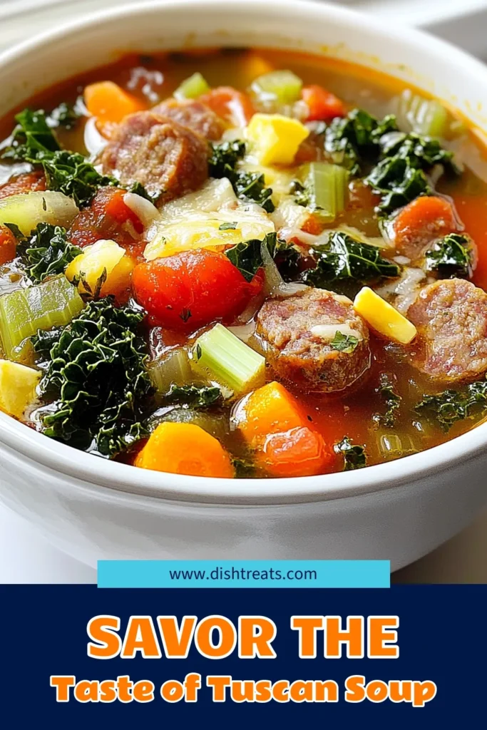 Warm up your evenings with the delicious Tuscan Sausage Delight Soup! This hearty and flavorful recipe combines Italian sausage, vibrant veggies, and nutritious greens, making it the perfect comfort food. With simple ingredients and easy steps, you can enjoy a bowl of happiness any day of the week. Click through for the full recipe and start cooking this delightful dish today! #TuscanSausageSoup #ComfortFood #HealthyRecipes #SoupLovers