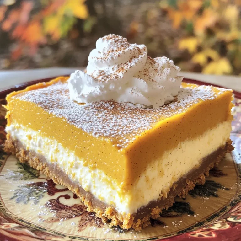 To make the perfect Pumpkin Latte Cheesecake Bars, you need the right mix of ingredients. Here’s what you’ll need: - 1 cup graham cracker crumbs - 1/4 cup unsalted butter, melted - 2 tablespoons light brown sugar - 16 oz cream cheese, softened to room temperature - 1 cup canned pumpkin puree - 1/2 cup granulated sugar - 1/2 cup packed dark brown sugar - 3 large eggs, at room temperature - 2 teaspoons pure vanilla extract - 1 teaspoon ground cinnamon - 1/2 teaspoon ground nutmeg - 1/4 teaspoon ground ginger - 1/4 teaspoon salt - 1 cup brewed coffee (cooled to room temperature) Each ingredient plays a key role in creating that rich, creamy flavor. The graham cracker crumbs give a sweet crunch. The melted butter binds this crust together. Cream cheese provides a smooth base. Pumpkin puree adds that classic fall flavor. The sugars sweeten it just right. Eggs help set the bars, while the spices warm up your taste buds. Finally, the brewed coffee adds depth and richness. This combination turns every bite into a cozy fall experience. Now, let’s dive into how these ingredients come together to create these delicious bars! 1. Preheat your oven to 325°F (160°C). 2. Line an 8x8-inch baking pan with parchment paper. Leave some overhang for easy removal. 3. In a medium bowl, mix 1 cup of graham cracker crumbs, 1/4 cup melted unsalted butter, and 2 tablespoons of light brown sugar. Stir until it resembles wet sand. 4. Press this mixture firmly into the bottom of your lined pan. Bake for 10 minutes, then let it cool slightly. 1. In a large bowl, beat 16 oz of softened cream cheese until smooth and fluffy, about 2-3 minutes. 2. Gradually add 1/2 cup granulated sugar and 1/2 cup packed dark brown sugar. Mix until creamy. 3. Add 1 cup canned pumpkin puree, 3 large eggs, 2 teaspoons vanilla extract, 1 teaspoon ground cinnamon, 1/2 teaspoon ground nutmeg, 1/4 teaspoon ground ginger, and 1/4 teaspoon salt. Mix until smooth. 4. Slowly pour in 1 cup of cooled brewed coffee while mixing on low speed. This creates a creamy batter. 1. Carefully pour the pumpkin cheesecake filling over the cooled graham cracker crust. Spread it evenly with a spatula. 2. Bake for 35-40 minutes. The edges should be set, and the center can still jiggle a bit. 3. Remove the bars from the oven and let them cool at room temperature for about 1 hour. 4. Transfer the bars to the fridge and chill for at least 4 hours, or until completely set. 5. Once chilled, lift the cheesecake out of the pan using the parchment overhang. Cut into squares and serve. How to know when the bars are done To check if your pumpkin latte cheesecake bars are done, look for a slight jiggle in the center. The edges should be set and firm. When you take them out, they will firm up as they cool. This slight jiggle means your bars will be creamy but not too runny. Tips for a creamy cheesecake filling For a creamy filling, use room temperature cream cheese. Cold cream cheese can create lumps. Beat the cream cheese until fluffy before adding sugars. Mixing in the pumpkin puree and eggs should be gentle. Avoid overmixing once you add the eggs. This will keep the texture smooth and light. How to enhance visual appeal with toppings To make your bars look great, dust the tops with powdered sugar. You can also add a dollop of whipped cream on each square. A sprinkle of cinnamon adds a nice touch. Consider adding toasted nuts or a drizzle of caramel for extra flair. Serving suggestions for a festive presentation Serve your bars on decorative plates. You can arrange them on a platter for a lovely display. Add some fall-themed decorations like small pumpkins or leaves around the bars. This makes your dessert table inviting and seasonal. {{image_4}} You can easily change the taste of your pumpkin latte cheesecake bars. Try adding chocolate or caramel for a fun twist. For chocolate, mix in mini chocolate chips or swirl chocolate sauce into the filling before baking. For caramel, drizzle it on top after baking. Both options add a rich, sweet flavor. You can also switch up the spices. Instead of just cinnamon, nutmeg, and ginger, try adding cloves or allspice. These spices can give your bars a warm, cozy taste. A hint of cardamom can add a unique flavor too. Experiment and find what you like best! If you want a gluten-free option, swap the graham cracker crumbs for gluten-free crumbs. You can find these at most grocery stores. Simply use the same amount as in the recipe. This way, everyone can enjoy these tasty bars. For vegan adaptations, use dairy-free cream cheese and a flax egg instead of real eggs. To make a flax egg, mix 1 tablespoon of ground flaxseed with 2.5 tablespoons of water. Let it sit for a few minutes until it thickens. This will keep your filling creamy while keeping it plant-based. Try these options to suit different dietary needs! To keep your pumpkin latte cheesecake bars fresh, use these tips: - Refrigeration: Place the bars in an airtight container. This helps keep them moist and tasty. Store them in the fridge for best results. - Freezing: If you want to save some for later, wrap each bar in plastic wrap. Then, place them in a freezer bag. This method keeps them fresh for up to three months. How long do the bars last in the fridge? If stored well, they can stay fresh for about five days. You can enjoy them later without losing flavor. Watch for these signs of spoilage: - Change in smell: A sour odor is a sign they may not be good. - Texture: If the bars become dry or hard, they are past their prime. - Mold: Always check for any visible mold before eating. If you see it, throw them away. Keeping an eye on these details helps ensure you enjoy every delicious bite of your pumpkin latte cheesecake bars! Yes, you can use fresh pumpkin. Start with a small pumpkin, often called a sugar pumpkin. Cut it in half and remove the seeds. Roast the halves in the oven until soft, about 45 minutes at 400°F (200°C). Once cooled, scoop out the flesh and puree it in a blender or food processor. This fresh pumpkin will add a bright flavor to your bars. Remember, fresh pumpkin may be slightly wetter than canned, so drain any excess liquid before using. If you want less sweetness, reduce the sugars in the recipe. Try cutting the granulated sugar by half. You can also lower the dark brown sugar for a less sweet outcome. Taste the filling as you mix, and adjust to your liking. For more depth, consider adding a pinch of salt, which can balance sweetness without adding more sugar. Absolutely! These bars are great for making ahead. You can bake them a day or two in advance. After they cool to room temperature, store them in the fridge. This chilling time helps the flavors meld together. When you’re ready to serve, simply cut and top with whipped cream or a dusting of powdered sugar. Enjoy the extra time you gain to relax and savor this fall treat! This blog post details a pumpkin cheesecake bar recipe that delights the senses. We covered essential ingredients, step-by-step instructions, and tips to ensure a perfect texture. You can also explore variations and storage methods to enhance your baking experience. These bars are great for any occasion. Enjoy creating them for family or friends. They are tasty and visually stunning. Follow these insights, and you’ll impress everyone. Happy baking!