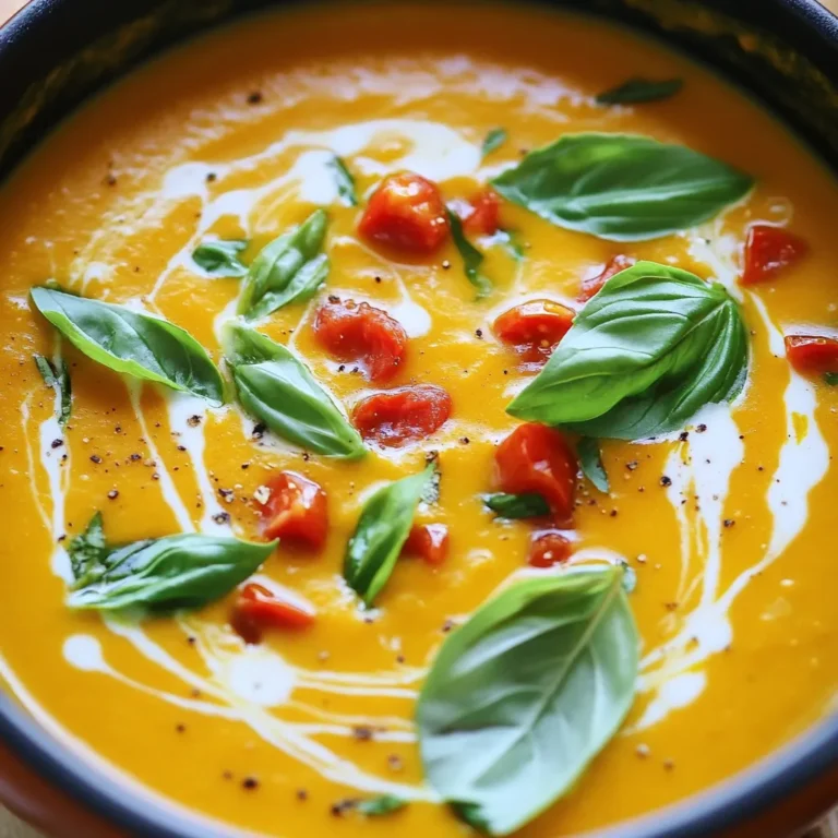 - 1 cup pumpkin purée (canned or homemade) - 2 cups ripe tomatoes, diced or 1 can of diced tomatoes - 1 medium onion, finely chopped - 2 cloves garlic, minced - 1 cup vegetable broth (low-sodium recommended) - 1 cup coconut milk (or heavy cream) - 1 teaspoon ground cumin - 1 teaspoon smoked paprika - 1 tablespoon extra virgin olive oil - Salt and freshly ground black pepper to taste - Fresh basil leaves for garnish You can use heavy cream instead of coconut milk. It gives a rich taste. If you want a dairy-free option, stick with coconut milk. For more nutrition, add veggies like carrots or spinach. They blend well and add color. If you don’t have fresh tomatoes, canned ones work great too. Always pick ripe ones for the best taste. First, we need to chop the onion and garlic. Use a sharp knife to finely chop one medium onion. Aim for small pieces to help it cook faster. Next, peel and mince two garlic cloves. Now it’s time to dice the tomatoes. You can use fresh tomatoes or a can of diced tomatoes. If using fresh ones, wash, core, and cut them into small cubes. Aim for about two cups of diced tomatoes. In a large pot, heat one tablespoon of extra virgin olive oil over medium heat. Add the chopped onion and sauté for about five minutes. Stir it often until the onion turns soft and clear. Next, add the minced garlic. Sauté for one more minute. This will bring out its rich aroma. Now, toss in the diced tomatoes and one cup of pumpkin purée. Pour in one cup of vegetable broth too. Sprinkle one teaspoon of ground cumin and one teaspoon of smoked paprika into the pot. Stir well to mix all the ingredients. Increase the heat to bring the soup to a gentle boil. Once it boils, lower the heat and let it simmer for 15 minutes. This helps all the flavors come together. After simmering, it’s time to blend the soup. You can use an immersion blender directly in the pot. This tool is easy and quick. If you don’t have one, ladle the soup into a countertop blender. Be sure to vent the lid to allow steam to escape. Blend until the soup is smooth. Once blended, return it to the pot. Now, stir in one cup of coconut milk for creaminess. If you prefer, you can use heavy cream instead. Warm the soup on low heat for five minutes. Taste it and add salt and black pepper to your liking. You can also adjust the spices, adding more cumin or paprika if you want. Serve the soup hot in bowls. Top it with torn fresh basil leaves for a burst of color and flavor. Enjoy this comforting and delicious dish! - Overcooking garlic: Garlic adds a great flavor. If you cook it too long, it turns bitter. Sauté it just until fragrant, about one minute. - Not blending long enough: A smooth soup feels good. Blend it until there are no chunks left. This creates that creamy texture we love. - Adjusting spice levels: Want more kick? Add extra cumin or smoked paprika. Start with a little, then taste and add more. - Adding herbs and aromatics: Fresh herbs boost flavor. Toss in cilantro, parsley, or thyme. You can also add a bay leaf during cooking for depth. - Garnishing techniques: Use torn basil leaves to add color. A swirl of coconut milk on top looks fancy. - Suggested side dishes: Serve with crusty bread or a fresh salad. This adds texture and makes a meal complete. {{image_4}} You can make your soup even better with a few changes. - Adding roasted red peppers: This adds a sweet and smoky taste. Just chop them up and stir them in with the tomatoes. - Incorporating different spices: Try adding a pinch of nutmeg or a dash of cayenne pepper. This gives your soup a unique flavor. If you want a vegan version, I have some great ideas. - Using plant-based cream alternatives: Swap coconut milk for almond or cashew cream. This keeps the soup creamy without dairy. - Additional vegetable options: You can add spinach or kale for more nutrients. Just stir them in at the end for a burst of color. Make your soup fresh with seasonal picks. - Incorporating seasonal vegetables for freshness: Add butternut squash in the fall or zucchini in the summer. These veggies blend well with pumpkin. - Flavorful herbs for specific seasons: Use fresh thyme in spring or sage in autumn to enhance the soup's taste. Just toss some in before serving for a fresh kick. To keep your creamy pumpkin tomato soup fresh, store it properly. First, let the soup cool down at room temperature. Then, pour it into an airtight container. You can refrigerate it for up to 4 days. If you want to save it for longer, freezing is an option. Transfer the soup into freezer-safe containers or bags. Leave some space at the top for expansion. This way, your soup will stay tasty for up to 3 months. When reheating, aim to keep the texture smooth and creamy. The best way is to use a pot on low heat. Stir it often to avoid sticking. If the soup seems thick, add a splash of broth or water. For added flavor, a pinch of fresh herbs can help refresh the taste. You can also use a microwave, but stir every minute to heat evenly. Your creamy pumpkin tomato soup lasts about 4 days in the fridge. In the freezer, it can last up to 3 months. However, always check for signs of spoilage. If you see any mold or if it smells off, it’s best to throw it away. A quick taste test can help too; if it doesn’t taste right, don’t eat it. Yes, you can make this soup ahead of time. It tastes even better the next day. To prepare in advance, follow these tips: - Cook the soup as the recipe states. - Let it cool down before storing. - Place it in an airtight container and store it in the fridge. - Reheat on the stove before serving. If your soup is too thin, don’t worry! Here are some options to thicken it: - Add a cornstarch slurry. Mix cornstarch with cold water and stir it in. - Blend in a small amount of cooked potato. - Stir in more pumpkin purée for extra flavor and thickness. - Use a little more coconut milk or cream to enrich the texture. Yes, this soup freezes well. Here’s how to do it right: - Allow the soup to cool completely. - Pour it into freezer-safe containers. - Leave some space at the top for expansion. - Label and date the containers before freezing. To thaw, place it in the fridge overnight and reheat on the stove. This soup pairs well with many side dishes. Here are some suggestions: - Crusty bread or grilled cheese sandwiches for dipping. - A fresh green salad with a light vinaigrette. - Roasted vegetables for a hearty side. - Crispy breadsticks for a fun crunch. This blog post covered everything you need for a delicious creamy pumpkin tomato soup. We explored key ingredients, preparation steps, and helpful tips. You learned about tasty variations and proper storage methods. All this ensures a great cooking experience. Remember, adjusting flavors and trying new ingredients can make this soup your own. Enjoy making this comforting dish, and don’t forget to share it with friends and family! Happy cooking!
