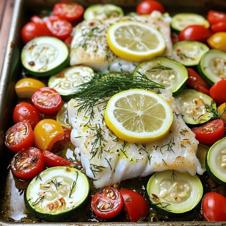 - 4 cod fillets (approximately 6 oz each) - 2 medium zucchinis, cut into half-moon slices - 1 red bell pepper, sliced into thin strips - 1 cup cherry tomatoes, halved - 3 tablespoons olive oil - 2 lemons (one juiced and the other cut into thin slices) - 3 cloves garlic, finely minced - 2 tablespoons fresh dill, chopped (or 1 tablespoon dried dill) - Salt and freshly ground black pepper, to taste The main ingredients create a bright and fresh dish. Cod fillets are the star. They offer a mild taste and tender texture. The zucchinis, red bell pepper, and cherry tomatoes add color and crunch. I love how the veggies soak up the lemon and dill flavors. Olive oil makes everything smooth and rich. The garlic gives a nice kick, while the lemon brightens the dish. Fresh dill adds a unique taste, making this meal feel special. - 1 teaspoon paprika for an extra flavor boost - Additional herbs or spices Adding paprika to the mix brings warmth and depth. You can also use other herbs or spices. Each choice can change the dish's flavor profile. Try using thyme or oregano for a twist. These extras make it fun to experiment and create your own version. - Preheat your oven to 400°F (200°C). This heat helps cook the cod perfectly. - Slice the zucchinis into half-moon shapes. Cut the red bell pepper into thin strips. Halve the cherry tomatoes. Arrange all of these on a large sheet pan. This creates a colorful base for your dish. - In a small bowl, mix together 3 tablespoons of olive oil, the juice of one lemon, 3 minced garlic cloves, and 2 tablespoons of chopped dill. Add salt, pepper, and paprika if you want extra flavor. This marinade really brings out the taste of the cod and veggies. - Drizzle half of this mixture over your arranged vegetables. Toss them well using your hands or a spatula. You want them fully coated for great flavor. - Push the veggies to the edges of the pan. Make a space in the center for the cod. - Place 4 cod fillets in that center space. Brush the remaining marinade over each fillet. Top them with a few lemon slices for added zest. - Roast in your preheated oven for about 15 to 20 minutes. The cod should become flaky and opaque while the veggies turn tender yet still crisp. This timing ensures a tasty and vibrant meal. - Maintaining moisture: To keep your cod juicy, use olive oil. Coat the fillets well before roasting. The marinade adds flavor and helps seal in moisture. - Knowing when the cod is done: Cod is ready when it flakes easily with a fork. It should look opaque and white, not translucent. Cooking time is about 15-20 minutes at 400°F. - Choosing the right veggies: Pick fresh, vibrant vegetables. Zucchini, red bell pepper, and cherry tomatoes work well. They cook nicely together and add color. - How to cut vegetables effectively: Cut zucchini into half-moons for even cooking. Slice bell peppers into thin strips to help them roast fast. Halving cherry tomatoes allows them to burst and add sweetness. - Presentation ideas: For a lovely display, serve the dish right from the sheet pan. You can also transfer it to a large platter. Add a sprinkle of fresh dill and lemon wedges on top. - Pairing with side dishes: This dish pairs well with a light salad or quinoa. The fresh flavors of lemon and dill complement many sides nicely. {{image_4}} You can switch proteins in this dish. Salmon works great as a substitute for cod. Chicken breasts also fit well with the lemon and dill flavors. Each option brings its own taste and texture. For vegetables, feel free to get creative. Try asparagus, broccoli, or carrots. Each adds a different crunch and color. Mix and match your favorites to keep this meal fresh and fun! Want to spice things up? Add different herbs like thyme or basil. Each herb brings a unique flavor that pairs well with the cod. You can also try a pinch of red pepper flakes for some heat. Experiment with marinades too. Swap lemon juice for lime juice. You can mix in soy sauce or honey for added depth. The key is to find what you love. If you need gluten-free options, this dish is perfect as is. All the ingredients are gluten-free, so no worries there! For those watching carbs, skip the cherry tomatoes. You can add more zucchini or choose low-carb veggies like cauliflower. This way, you keep the meal light and healthy while enjoying great flavor. To keep your sheet-pan lemon dill cod and veggies fresh, follow these steps: - Refrigeration tips: Let the dish cool down for about 30 minutes. Then, place it in an airtight container. Store it in the fridge for up to three days. This helps keep the flavors bright and juicy. - Freezing options: If you want to save it for later, you can freeze the leftovers. Place the cooled cod and veggies in a freezer-safe bag. Squeeze out any air before sealing. You can freeze it for up to two months. Just remember that freezing may change the texture a bit. For the best taste and texture, here’s how to reheat your meal: - Best methods for reheating: The oven works best. Preheat it to 350°F (175°C). Place the cod and veggies in a baking dish. Cover it with foil to keep moisture in. Heat for about 15-20 minutes, or until warmed through. - How to maintain texture and flavor: Avoid using the microwave, as it can make the cod rubbery. Heating it slowly in the oven keeps the dish tasty and fresh. You can drizzle a little olive oil or lemon juice before reheating to boost the flavor. Cook cod for about 15 to 20 minutes at 400°F (200°C). Look for the cod to become flaky and opaque. It should easily break apart with a fork. The veggies should be tender but still crisp. This timing ensures a perfect balance of flavors and textures. Yes, you can use frozen cod. Just thaw it completely before cooking. This helps the cod cook evenly. If you use frozen fillets, increase the cooking time by a few minutes. Make sure to check the doneness as you go. Frozen cod can still be tasty and healthy. You can use many different veggies. Try asparagus, green beans, or broccoli. Carrots or snap peas also work well. These options add color and taste to your dish. Just cut them into similar sizes for even cooking. Feel free to mix and match based on what you have at home! This article covered all you need to know for making sheet-pan lemon dill cod. We discussed main ingredients, helpful cooking tips, and variations for your dish. Remember, perfect cod needs moisture and careful cooking. You can also experiment with different vegetables and flavors. Leftovers store well and reheat nicely too. With these tips, you are ready to create a tasty meal. Enjoy your cooking adventure!