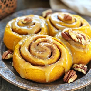 - 1 cup pumpkin puree - 1/2 cup milk, warmed to about 110°F (43°C) - 1/4 cup granulated sugar - 1/4 teaspoon sea salt - 1 teaspoon ground cinnamon - 1 teaspoon ground nutmeg - 1/4 teaspoon ground allspice - 1 packet (2 1/4 teaspoons) instant yeast - 3 tablespoons unsalted butter, melted - 3 cups all-purpose flour, plus extra for dusting To start, the dough needs a solid base. Pumpkin puree adds moisture and flavor. Milk activates the yeast and gives softness. Sugar helps the yeast grow and adds sweetness. The sea salt balances the flavors. The spices, like cinnamon, nutmeg, and allspice, bring warmth and depth to the rolls. Instant yeast makes the process quicker, so we can enjoy these treats sooner. Melted butter adds richness to the dough, making it tender. - 1/4 cup packed brown sugar - 2 tablespoons ground cinnamon - 1/4 cup unsalted butter, softened The filling is where the magic happens. Brown sugar adds a deep sweetness that pairs well with pumpkin. Ground cinnamon brings that classic spice flavor that we all love. Softened butter allows the sugar and cinnamon to mix easily, creating a sweet layer that melts into the dough. - 1 cup powdered sugar - 1/4 cup brown butter For the glaze, powdered sugar creates a smooth texture that melts into the rolls. Brown butter adds a nutty flavor that elevates the sweetness. It’s a dreamy finish that makes these rolls extra special. The glaze should be drizzled on while the rolls are warm, ensuring it seeps into every bite. Activating yeast To start, take a large bowl. Add warm milk and granulated sugar. Sprinkle in the instant yeast. Let it sit for about five minutes. You want it to bubble and foam. This shows the yeast is alive and ready to work. Mixing dough ingredients Next, stir in the pumpkin puree and melted butter. Add the sea salt, cinnamon, nutmeg, and allspice. Mix well. Gradually add two cups of flour. Keep stirring until combined. Kneading and rising Now, sprinkle some flour on your counter. Turn the dough out and knead it for five to seven minutes. Aim for a smooth and elastic texture. Shape it into a ball and place it in a greased bowl. Cover it with a towel. Let it rise in a warm place for about one hour. It should double in size. Preparing the filling While the dough rises, prepare the filling. Take the softened butter and spread it on the rolled-out dough. Mix brown sugar and cinnamon together. Sprinkle this mixture evenly over the butter. Rolling and cutting the dough Roll the dough tightly from one long edge. Keep it even as you roll. Use a sharp knife or dental floss to slice the log into twelve equal rolls. Second rise Place the rolls in a greased baking dish. Cover them with a towel again. Let them rise for another thirty minutes. Preheating the oven While the rolls rise, preheat your oven to 350°F (175°C). This will help them bake evenly. Baking duration and signs of doneness Bake the rolls for twenty-five to thirty minutes. Look for a golden brown color on top. They should feel firm when touched. Glazing the warm rolls After baking, prepare the glaze. Mix powdered sugar with the brown butter until smooth. Drizzle this glaze over the warm rolls. Enjoy the blend of flavors and the warm, gooey texture! To get soft, fluffy rolls, start with a dough that is not too sticky. If your dough feels overly wet, add a little more flour, one tablespoon at a time. This keeps your dough manageable. When kneading, use your palms to push the dough away. Fold it back, then turn it. Knead for about 5-7 minutes. The dough should feel smooth and elastic when you’re done. This step is key for the best texture. Fresh spices can make a big difference. Use ground cinnamon, nutmeg, and allspice. They add warm, rich notes that brighten your rolls. Fresh spices have more flavor than old ones. Brown butter is another secret weapon. It adds a deep, nutty taste. To make it, melt unsalted butter in a pan over medium heat. Watch it closely until it turns golden brown and smells nutty. This step takes about 5-7 minutes. Let it cool slightly before using it in your glaze. Serving these rolls warm is a must. Place them on a decorative platter for a beautiful display. Drizzle with extra brown butter glaze for a tempting look. For garnishing, add a light dusting of cinnamon on top. You can also scatter toasted pecan halves or walnuts around the rolls. This adds a lovely crunch and makes your dish even more inviting. {{image_4}} You can make pumpkin cinnamon rolls even more fun! Here are some great ideas: - Adding Nuts or Chocolate Chips: Chopped pecans or walnuts add a nice crunch. Mix them into the filling or sprinkle them on top. You can also add chocolate chips for a sweet twist. They melt inside the rolls, making every bite a treat. - Pumpkin Spice Variations: If you love pumpkin spice, feel free to add more! Increase the cinnamon, nutmeg, and allspice. This will enhance the warm flavors. You can also try adding ginger or cloves for a different taste. You can easily adapt these rolls for different diets. Here’s how: - Gluten-Free Alternatives: If you need a gluten-free option, use a gluten-free flour blend. Make sure it has a binding agent like xanthan gum. This helps the rolls stay soft and fluffy. - Vegan Version of Cinnamon Rolls: For a vegan take, swap the milk for almond or oat milk. Use coconut oil instead of butter. A flaxseed mixture can replace the egg. This keeps the rolls moist and fluffy without any animal products. You can change the flavors for each season. Here are some fun ideas: - Using Different Spices for the Holidays: For Christmas, try using peppermint extract. You can also add cardamom for a festive touch. In the fall, try adding more nutmeg or even a dash of ginger. - Incorporating Fruit Fillings: You can add fresh fruit to the rolls. Sliced apples or pears taste great with pumpkin. They add a juicy burst of flavor. You can also use dried fruits like cranberries for a chewy texture. These variations let you customize your pumpkin cinnamon rolls. You can make them your own! To keep your pumpkin cinnamon rolls fresh, store them at room temperature. Place them in an airtight container. If your kitchen is warm, you can store them in the fridge. This helps them last longer but may dry them out. To avoid this, wrap them in plastic wrap before placing them in the fridge. When reheating, aim to keep the rolls soft. You can use the microwave for quick reheating. Wrap each roll in a damp paper towel and heat for about 10-15 seconds. For the oven, preheat to 350°F (175°C) and warm for about 5-10 minutes. If you want to freeze them, wrap each roll tightly in plastic wrap, then foil. They can stay in the freezer for up to three months. To thaw, place them in the fridge overnight. These rolls can last about 2-3 days at room temperature. If stored in the fridge, they can last up to a week. Watch for any signs of spoilage. If you see mold or if they smell off, it's best to toss them. Enjoy them fresh for the best taste! Yes, you can use fresh pumpkin. Just cook, cool, and puree it. This adds a fresh taste. Make sure it’s smooth and not watery. Excess water can change the dough's texture. If you don’t have brown butter, use regular melted butter. You can also use coconut oil for a dairy-free option. The flavor will change, but your rolls will still be tasty. Your dough is ready when it has doubled in size. You can test it by gently pressing a finger into the dough. If the indentation stays, it has risen enough. Yes, you can prepare the rolls the night before. After shaping, place them in the fridge. In the morning, let them rise at room temp before baking. This saves time and adds flavor. If your dough is too dry, add a bit of warm milk. If it's too wet, sprinkle in more flour a little at a time. Knead it well after each addition until you reach a soft texture. In this blog post, we explored how to make delicious pumpkin cinnamon rolls. We covered the key ingredients, including dough, filling, and glaze. You learned the step-by-step process, from preparing the dough to glazing the rolls. We shared tips for perfect texture and flavor, and even offered variations for different diets and seasons. Keeping leftovers fresh is simple, too. With these clear instructions, you can create warm, tasty rolls any time. Enjoy this treat, and impress your friends and family with your baking skills!