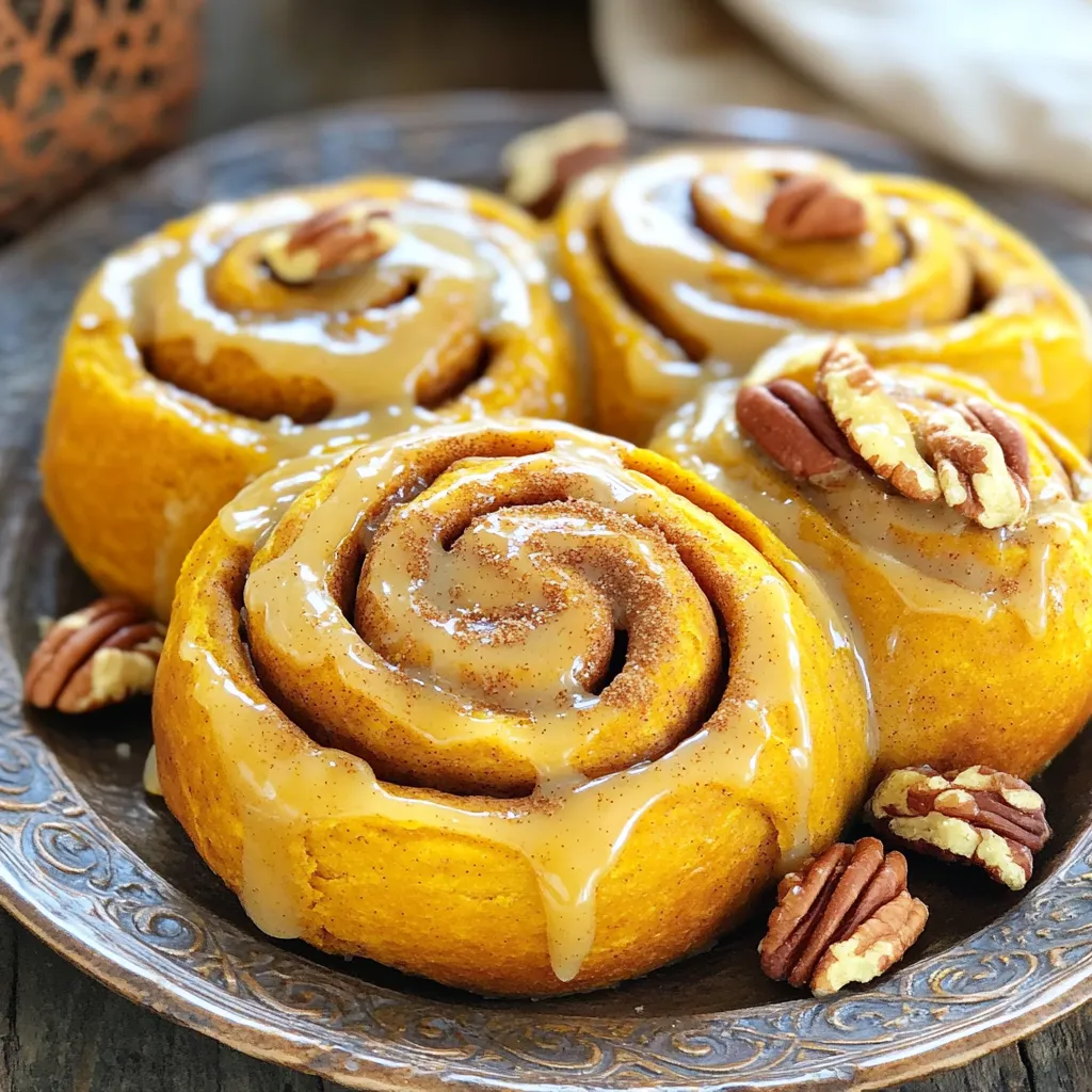 - 1 cup pumpkin puree - 1/2 cup milk, warmed to about 110°F (43°C) - 1/4 cup granulated sugar - 1/4 teaspoon sea salt - 1 teaspoon ground cinnamon - 1 teaspoon ground nutmeg - 1/4 teaspoon ground allspice - 1 packet (2 1/4 teaspoons) instant yeast - 3 tablespoons unsalted butter, melted - 3 cups all-purpose flour, plus extra for dusting To start, the dough needs a solid base. Pumpkin puree adds moisture and flavor. Milk activates the yeast and gives softness. Sugar helps the yeast grow and adds sweetness. The sea salt balances the flavors. The spices, like cinnamon, nutmeg, and allspice, bring warmth and depth to the rolls. Instant yeast makes the process quicker, so we can enjoy these treats sooner. Melted butter adds richness to the dough, making it tender. - 1/4 cup packed brown sugar - 2 tablespoons ground cinnamon - 1/4 cup unsalted butter, softened The filling is where the magic happens. Brown sugar adds a deep sweetness that pairs well with pumpkin. Ground cinnamon brings that classic spice flavor that we all love. Softened butter allows the sugar and cinnamon to mix easily, creating a sweet layer that melts into the dough. - 1 cup powdered sugar - 1/4 cup brown butter For the glaze, powdered sugar creates a smooth texture that melts into the rolls. Brown butter adds a nutty flavor that elevates the sweetness. It’s a dreamy finish that makes these rolls extra special. The glaze should be drizzled on while the rolls are warm, ensuring it seeps into every bite. Activating yeast To start, take a large bowl. Add warm milk and granulated sugar. Sprinkle in the instant yeast. Let it sit for about five minutes. You want it to bubble and foam. This shows the yeast is alive and ready to work. Mixing dough ingredients Next, stir in the pumpkin puree and melted butter. Add the sea salt, cinnamon, nutmeg, and allspice. Mix well. Gradually add two cups of flour. Keep stirring until combined. Kneading and rising Now, sprinkle some flour on your counter. Turn the dough out and knead it for five to seven minutes. Aim for a smooth and elastic texture. Shape it into a ball and place it in a greased bowl. Cover it with a towel. Let it rise in a warm place for about one hour. It should double in size. Preparing the filling While the dough rises, prepare the filling. Take the softened butter and spread it on the rolled-out dough. Mix brown sugar and cinnamon together. Sprinkle this mixture evenly over the butter. Rolling and cutting the dough Roll the dough tightly from one long edge. Keep it even as you roll. Use a sharp knife or dental floss to slice the log into twelve equal rolls. Second rise Place the rolls in a greased baking dish. Cover them with a towel again. Let them rise for another thirty minutes. Preheating the oven While the rolls rise, preheat your oven to 350°F (175°C). This will help them bake evenly. Baking duration and signs of doneness Bake the rolls for twenty-five to thirty minutes. Look for a golden brown color on top. They should feel firm when touched. Glazing the warm rolls After baking, prepare the glaze. Mix powdered sugar with the brown butter until smooth. Drizzle this glaze over the warm rolls. Enjoy the blend of flavors and the warm, gooey texture! To get soft, fluffy rolls, start with a dough that is not too sticky. If your dough feels overly wet, add a little more flour, one tablespoon at a time. This keeps your dough manageable. When kneading, use your palms to push the dough away. Fold it back, then turn it. Knead for about 5-7 minutes. The dough should feel smooth and elastic when you’re done. This step is key for the best texture. Fresh spices can make a big difference. Use ground cinnamon, nutmeg, and allspice. They add warm, rich notes that brighten your rolls. Fresh spices have more flavor than old ones. Brown butter is another secret weapon. It adds a deep, nutty taste. To make it, melt unsalted butter in a pan over medium heat. Watch it closely until it turns golden brown and smells nutty. This step takes about 5-7 minutes. Let it cool slightly before using it in your glaze. Serving these rolls warm is a must. Place them on a decorative platter for a beautiful display. Drizzle with extra brown butter glaze for a tempting look. For garnishing, add a light dusting of cinnamon on top. You can also scatter toasted pecan halves or walnuts around the rolls. This adds a lovely crunch and makes your dish even more inviting. {{image_4}} You can make pumpkin cinnamon rolls even more fun! Here are some great ideas: - Adding Nuts or Chocolate Chips: Chopped pecans or walnuts add a nice crunch. Mix them into the filling or sprinkle them on top. You can also add chocolate chips for a sweet twist. They melt inside the rolls, making every bite a treat. - Pumpkin Spice Variations: If you love pumpkin spice, feel free to add more! Increase the cinnamon, nutmeg, and allspice. This will enhance the warm flavors. You can also try adding ginger or cloves for a different taste. You can easily adapt these rolls for different diets. Here’s how: - Gluten-Free Alternatives: If you need a gluten-free option, use a gluten-free flour blend. Make sure it has a binding agent like xanthan gum. This helps the rolls stay soft and fluffy. - Vegan Version of Cinnamon Rolls: For a vegan take, swap the milk for almond or oat milk. Use coconut oil instead of butter. A flaxseed mixture can replace the egg. This keeps the rolls moist and fluffy without any animal products. You can change the flavors for each season. Here are some fun ideas: - Using Different Spices for the Holidays: For Christmas, try using peppermint extract. You can also add cardamom for a festive touch. In the fall, try adding more nutmeg or even a dash of ginger. - Incorporating Fruit Fillings: You can add fresh fruit to the rolls. Sliced apples or pears taste great with pumpkin. They add a juicy burst of flavor. You can also use dried fruits like cranberries for a chewy texture. These variations let you customize your pumpkin cinnamon rolls. You can make them your own! To keep your pumpkin cinnamon rolls fresh, store them at room temperature. Place them in an airtight container. If your kitchen is warm, you can store them in the fridge. This helps them last longer but may dry them out. To avoid this, wrap them in plastic wrap before placing them in the fridge. When reheating, aim to keep the rolls soft. You can use the microwave for quick reheating. Wrap each roll in a damp paper towel and heat for about 10-15 seconds. For the oven, preheat to 350°F (175°C) and warm for about 5-10 minutes. If you want to freeze them, wrap each roll tightly in plastic wrap, then foil. They can stay in the freezer for up to three months. To thaw, place them in the fridge overnight. These rolls can last about 2-3 days at room temperature. If stored in the fridge, they can last up to a week. Watch for any signs of spoilage. If you see mold or if they smell off, it's best to toss them. Enjoy them fresh for the best taste! Yes, you can use fresh pumpkin. Just cook, cool, and puree it. This adds a fresh taste. Make sure it’s smooth and not watery. Excess water can change the dough's texture. If you don’t have brown butter, use regular melted butter. You can also use coconut oil for a dairy-free option. The flavor will change, but your rolls will still be tasty. Your dough is ready when it has doubled in size. You can test it by gently pressing a finger into the dough. If the indentation stays, it has risen enough. Yes, you can prepare the rolls the night before. After shaping, place them in the fridge. In the morning, let them rise at room temp before baking. This saves time and adds flavor. If your dough is too dry, add a bit of warm milk. If it's too wet, sprinkle in more flour a little at a time. Knead it well after each addition until you reach a soft texture. In this blog post, we explored how to make delicious pumpkin cinnamon rolls. We covered the key ingredients, including dough, filling, and glaze. You learned the step-by-step process, from preparing the dough to glazing the rolls. We shared tips for perfect texture and flavor, and even offered variations for different diets and seasons. Keeping leftovers fresh is simple, too. With these clear instructions, you can create warm, tasty rolls any time. Enjoy this treat, and impress your friends and family with your baking skills!