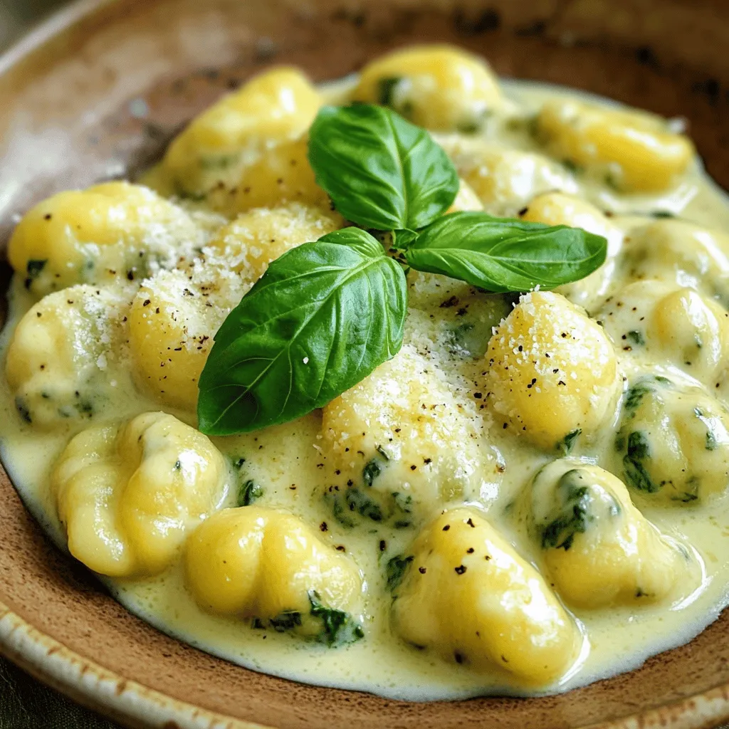 - 2 cups fresh spinach, finely chopped - 1 cup ricotta cheese - 1 cup all-purpose flour (plus extra for dusting) - 1 large egg - 1/4 teaspoon freshly grated nutmeg - Salt and freshly ground pepper to taste - 1 tablespoon olive oil - 1 cup heavy cream - 1/2 cup grated Parmesan cheese - Fresh basil leaves for garnish - Additional grated Parmesan cheese for topping This dish offers a blend of protein from ricotta and healthy fats from olive oil. Each serving contains key nutrients, including calcium from cheese and fiber from spinach. You can enjoy a serving of creamy spinach ricotta gnocchi for a hearty meal. First, take 2 cups of fresh spinach and chop it finely. In a medium skillet, add the chopped spinach and a splash of water. Cook it over medium heat for about 2-3 minutes until it wilts. Stir occasionally to help it cook evenly. Once the spinach is wilted, remove it from heat. Let it cool for a few minutes. Squeeze out any extra moisture and chop it again if needed. In a large mixing bowl, combine 1 cup of ricotta cheese with the cooled spinach. Crack in 1 large egg and add 1/4 teaspoon of freshly grated nutmeg. Season with a pinch of salt and pepper. Mix these ingredients until they blend well. Now, add 1 cup of all-purpose flour, a little at a time. Stir gently until a soft dough forms, but do not overmix. This helps keep the gnocchi light and fluffy. On a lightly floured surface, divide the dough into four equal pieces. Roll each piece into a long rope about 1/2 inch thick. Cut each rope into 1-inch segments. If you want, you can roll each piece over the tines of a fork to create ridges. This step is optional but helps the sauce cling to the gnocchi. Next, bring a large pot of salted water to a boil. Carefully add the gnocchi in batches. Watch for them to float to the surface, which takes about 2-3 minutes. Once they float, they are cooked. Use a slotted spoon to remove them and set them aside on a plate. In the same skillet you used for the spinach, heat 1 tablespoon of olive oil over medium heat. Pour in 1 cup of heavy cream and bring it to a gentle simmer. Stir continuously to prevent burning. Add 1/2 cup of grated Parmesan cheese and let it melt into the cream. Stir until the sauce is smooth. Season it with salt and pepper to taste. Gently toss the cooked gnocchi into the cream sauce. Make sure each piece is well-coated. Allow it to simmer on low heat for about one more minute. This helps meld the flavors together nicely. Plate the creamy spinach ricotta gnocchi in shallow bowls. Garnish with fresh basil leaves for a pop of color. If you like, sprinkle more grated Parmesan cheese on top. For an extra touch, drizzle a bit of cream sauce over the dish. Enjoy your delightful dinner! Making creamy spinach ricotta gnocchi can be fun, but some common mistakes pop up. - Overmixing the Dough: This can make your gnocchi tough. Mix just until combined. - Not Salting the Water: A pinch of salt in boiling water is key. It adds flavor to the gnocchi. - Cooking in Batches: Avoid crowding the pot. Cook gnocchi in small batches for even cooking. To get that perfect light and fluffy texture, follow these simple tips: - Use Fresh Ingredients: Fresh spinach and good-quality ricotta make a big difference. - Don’t Overwork the Dough: Mix gently and stop as soon as it comes together. - Test Cook a Few: Before cooking all, try a few pieces. This helps you adjust the dough if needed. Having the right tools can make cooking easier: - Mixing Bowl: A large bowl for mixing dough. - Fork or Gnocchi Board: For creating ridges on the gnocchi, if you choose to. - Slotted Spoon: Perfect for removing cooked gnocchi from boiling water. - Skillet: A good skillet is essential for making the cream sauce. With these tips and tricks, you’ll make a delicious creamy spinach ricotta gnocchi every time! Enjoy your cooking adventure! {{image_4}} You can change a few items to fit your taste. If you want a lighter meal, use low-fat ricotta cheese. For a gluten-free option, swap all-purpose flour with gluten-free flour blend. You can also try using sweet potato instead of regular potatoes for a different texture. If you love a bit of zest, lemon zest can add a bright flavor to the dough. To enhance the taste, consider adding spices. A pinch of garlic powder gives a nice depth. Fresh herbs like thyme or parsley can bring more aroma. Try adding a dash of red pepper flakes for some heat. Nutmeg adds warmth, but keep it light. Don’t forget, the right seasoning makes a huge difference in your dish. Many people have dietary needs. For a vegan dish, replace ricotta with cashew cream or tofu blended with lemon juice. You can also use plant-based cream to make the sauce. For those avoiding dairy, nutritional yeast can add a cheesy flavor without milk. Each of these changes makes the dish friendly for various diets while keeping it delicious. To store leftover gnocchi, place it in an airtight container. Make sure to separate layers with parchment paper. Keep it in the fridge for up to three days. This will help keep the gnocchi fresh and avoid sticking together. To freeze gnocchi, lay it on a baking sheet in a single layer. Make sure the pieces do not touch. Freeze for about one hour. Once frozen, transfer the gnocchi to a freezer-safe bag. It can last up to three months in the freezer. When you’re ready to use it, cook it directly from frozen, adding a few extra minutes to the cooking time. To reheat gnocchi, you can use a skillet or the microwave. For the skillet, add a bit of olive oil. Heat the gnocchi on medium until warm, stirring gently. In the microwave, place the gnocchi in a bowl with a splash of water. Cover it and heat in 30-second intervals. Stir between intervals until heated through. Enjoy your creamy spinach ricotta gnocchi just like the first time! You can serve creamy spinach ricotta gnocchi with a variety of sides. A fresh salad pairs well. Try a simple arugula salad with lemon and olive oil. Garlic bread also makes a great side. Its crunch complements the soft gnocchi. For a heartier meal, add grilled chicken or shrimp. These proteins add flavor and balance. Roasted vegetables can also be a tasty option. Their sweetness contrasts with the rich gnocchi. Yes, you can make gnocchi in advance. After shaping the gnocchi, place them on a baking sheet. Make sure they do not touch each other. Freeze them for about an hour. Then, transfer to a freezer bag. This way, they won’t stick together. When you are ready to cook, boil them straight from the freezer. Just add a minute to the cooking time. You can tell when the gnocchi is fully cooked by watching for floating. When they rise to the surface of the boiling water, that’s a good sign. This usually takes about 2-3 minutes. You can also taste one to check its texture. It should be soft but still hold its shape. If it's too firm, give it another minute. In this blog post, we explored how to make Creamy Spinach Ricotta Gnocchi. I covered each step, from prepping spinach to serving suggestions. You learned about ingredients, cooking tips, and how to store your leftovers. Now, you can enjoy this dish anytime. Experiment with flavors or share it with friends. Cooking can be fun, and this gnocchi is sure to impress. Happy cooking!