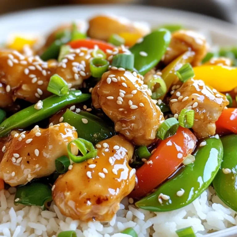 - 1 lb boneless, skinless chicken breast, cut into bite-sized pieces - 2 tablespoons honey - 2 tablespoons soy sauce (low-sodium preferred) - 1 tablespoon sesame oil - 1 tablespoon cornstarch - 2 tablespoons vegetable oil - 1 bell pepper (red or yellow), sliced into thin strips - 1 cup snap peas, trimmed and rinsed - 1 large carrot, julienned for a crunchy texture - 3 cloves garlic, finely minced - 1 teaspoon fresh ginger, grated - 2 tablespoons sesame seeds (toasted for extra flavor) - Fresh green onions, sliced diagonally for garnish In this recipe, I use fresh, simple ingredients. The chicken is the star. It gives the dish protein. Honey makes it sweet. Soy sauce adds saltiness. Sesame oil gives a nutty flavor. Cornstarch helps thicken the sauce. The vegetables bring color and crunch. Bell pepper adds sweetness. Snap peas give a nice snap. Carrots add texture. Garlic and ginger provide aroma and warmth. For garnish, sesame seeds and green onions add a lovely finish. This mix makes a balanced and tasty meal. You can find these ingredients in most stores. Fresh ingredients help make your stir fry shine. So, pick the best you can find! In a mixing bowl, whisk together the following: - 2 tablespoons honey - 2 tablespoons soy sauce - 1 tablespoon sesame oil - 1 tablespoon cornstarch Make sure the mixture is smooth. This sauce gives your stir fry a sweet and savory taste. Heat 1 tablespoon of vegetable oil in a large skillet over medium-high heat. Once hot, add 1 pound of chicken pieces. Cook for about 5-7 minutes, stirring often. Look for a golden brown outside and cooked inside. Check with a meat thermometer. The chicken should reach 165°F. In the same skillet, add another tablespoon of vegetable oil. Toss in: - 1 sliced bell pepper - 1 cup snap peas - 1 large carrot, julienned Sauté the vegetables for about 2-3 minutes. They should be bright and slightly crunchy. Now, add: - 3 cloves minced garlic - 1 teaspoon grated ginger Stir for about 30 seconds. Then, return the chicken to the skillet. Pour the sauce over everything. Stir it well to coat the chicken and vegetables. Cook for another 2-3 minutes. This helps the sauce thicken. Sprinkle 2 tablespoons of toasted sesame seeds over the stir fry. Gently toss to mix. Remove from heat and let it cool slightly. Just before serving, garnish with sliced green onions for a fresh look. - Prepping ingredients ahead of time: Chop your chicken and vegetables before you start cooking. This makes cooking fast and easy. You can store them in the fridge. Just pull them out when you need them. - Using pre-cut vegetables: Many stores sell pre-cut veggies. This saves you time. Grab some snap peas and bell peppers that are already cut. You can focus on cooking instead of chopping. - Cooking chicken evenly for better texture: Spread the chicken in a single layer in the pan. This helps it cook evenly. Stir often to get all sides golden brown. It should be juicy inside. - Achieving optimal vegetable crunch: Don’t overcook your veggies. They should be bright and slightly crispy. Sauté them for just 2-3 minutes. This keeps their color and crunch. - Best accompaniments for a complete meal: Serve your honey sesame chicken over steamed rice or fluffy quinoa. Both add a nice base. You can also pair it with a fresh salad. A drizzle of extra honey adds a sweet touch. Finish with more sesame seeds and green onions for a pop of color. {{image_4}} If you want to switch up the protein, you have options! Shrimp makes a great choice. It cooks fast and adds a nice flavor. Tofu is perfect for a vegetarian dish. Just press it to remove extra water and cut it into small cubes. Beef can also work well. Use thin slices and cook them until they are brown and tender. Each protein brings a unique taste to your honey sesame stir fry. You can change the veggies based on your taste. Broccoli florets add a nice crunch. Zucchini slices sauté well and soak up the sauce. Mushrooms bring a great umami flavor to the dish. You can even add baby corn for a fun texture. Feel free to mix and match your favorite vegetables. The key is to keep them colorful and crunchy. Do you like heat? Add chili flakes for a spicy kick! A dash of sriracha can elevate the flavor too. Just mix it in with your sauce for a nice blend. Start with a small amount and taste as you go. You can always add more if you want it spicier. This gives your honey sesame chicken a whole new twist! To store your honey sesame chicken stir fry, let it cool first. Transfer it to an airtight container. This dish stays fresh in the fridge for up to three days. If you want to enjoy it later, make sure to keep it sealed. This keeps flavors intact and prevents any odors from other foods. When you're ready to eat, reheating keeps your meal tasty. The best way to do this is on the stove. Heat a skillet over medium heat. Add a splash of water or broth to keep it moist. Stir it gently until everything is heated through. This method helps keep the chicken tender and the veggies crunchy. Yes, you can freeze honey sesame chicken stir fry! Just make sure it cools completely. Place it in a freezer-safe container or bag. It lasts for about three months in the freezer. When you want to eat it, thaw it in the fridge overnight. Then, reheat it on the stove for the best texture and flavor. Enjoy your quick and delicious meal anytime! You have many options to serve with honey sesame chicken stir fry. Here are some ideas: - Rice: Steamed white or brown rice works great. - Noodles: Try egg noodles or rice noodles for a twist. - Salad: A light salad can balance the dish well. These sides add texture and flavor to your meal. You can also mix and match based on your taste. Yes, you can prep this dish ahead of time. Here are some tips: - Meal Prep: Chop all your veggies and chicken in advance. Store them in the fridge. - Cooking: Cook the chicken and veggies, then let them cool. Store in airtight containers. - Reheating: When ready to eat, just reheat in a skillet. Add a splash of water to keep it moist. This way, you save time and still enjoy a fresh meal. Using a meat thermometer is the best way to ensure chicken is safe to eat. Here’s why: - Temperature: Chicken needs to reach 165°F (75°C) to be safe. - Precision: Thermometers give you an exact reading. No guesswork! Insert the thermometer into the thickest part of the chicken. This helps avoid undercooking or overcooking. Perfectly cooked chicken will be juicy and tender! In this article, you learned how to make a tasty honey sesame chicken stir fry. We covered the ingredients, cooking steps, and helpful tips for success. You can easily swap proteins and veggies too. Remember to store leftovers properly for the best taste. This recipe is fun and quick, perfect for any meal. Experiment with flavors to make it your own. Enjoy your cooking journey and share this dish with friends. You’ll impress them with your skills!