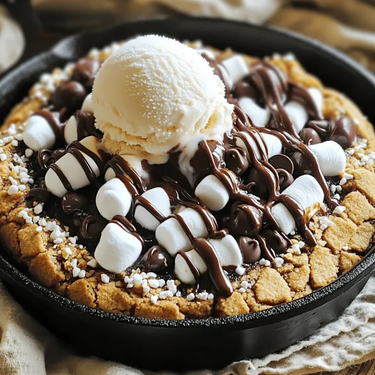 To make the S'mores Skillet Cookie, you need: - 1 cup all-purpose flour - 1/2 teaspoon baking soda - 1/4 teaspoon salt - 1/2 cup unsalted butter, softened - 1/2 cup packed brown sugar - 1/4 cup granulated sugar - 1 large egg - 1 teaspoon pure vanilla extract - 1/2 cup semi-sweet chocolate chips - 1/2 cup mini marshmallows - 1/2 cup crushed graham crackers - Additional marshmallows and chocolate chunks for topping You can swap some ingredients if needed. Use whole wheat flour for a healthier option. Coconut oil works well in place of butter. If you want less sugar, try using a sugar substitute. For a nutty flavor, add almond extract instead of vanilla. If you have a nut allergy, skip the nuts entirely or use sunflower seeds. Always choose fresh ingredients. For flour, look for a fine texture. Check the butter; it should be creamy without any discoloration. When buying chocolate, choose high-quality semi-sweet chips. Fresh marshmallows should be soft and squishy. For graham crackers, pick ones that are crisp and not stale. Quality ingredients make a big difference in taste! Start by preheating your oven to 350°F (175°C). This step is key for even baking. While the oven warms up, grab two mixing bowls. One will hold the dry ingredients, and the other will hold the wet ones. In the first bowl, whisk together 1 cup of all-purpose flour, 1/2 teaspoon of baking soda, and 1/4 teaspoon of salt. Set this bowl aside. You will need it soon. In your larger mixing bowl, cream together 1/2 cup of softened unsalted butter with 1/2 cup of packed brown sugar and 1/4 cup of granulated sugar. Beat this mixture until it’s light and fluffy, which should take about 2-3 minutes. Next, add in 1 large egg and 1 teaspoon of pure vanilla extract. Mix until everything is well blended. Now, slowly add the flour mixture to the wet ingredients. Keep mixing until a soft dough forms. Make sure there is no dry flour left. Once your dough is ready, fold in 1/2 cup of semi-sweet chocolate chips, 1/2 cup of mini marshmallows, and 1/2 cup of crushed graham crackers. Use a spatula to gently mix these in. Grease your cast-iron skillet with cooking spray or a little butter. This will help keep the cookie from sticking. Spread the cookie dough evenly into the skillet. Make sure it reaches the edges for even baking. For a fun twist, sprinkle extra marshmallows and chocolate chunks on top. Now, place the skillet in the preheated oven. Bake for 20-25 minutes. Watch closely! The cookie should be golden brown on top, and the edges may pull away from the skillet. When done, take the skillet out and let it cool for 5-10 minutes. This waiting time helps set the cookie and makes it easier to slice and serve. Enjoy your delicious S'mores Skillet Cookie! To get that soft and gooey inside, mix your dough gently. Do not over-mix after adding flour. This keeps the cookie light. Use room-temperature butter for a creamy texture. It blends better with sugars. Bake until the edges are golden, but the center remains soft. Let it cool for a few minutes before serving. This helps it set up nicely. Serve this treat right in the skillet. It adds a rustic feel. Top it with a scoop of vanilla ice cream. Drizzle chocolate sauce on top. Sprinkle crushed graham crackers for extra crunch. Add some extra mini marshmallows for a fun touch. You can even serve it with fresh berries for a fruity twist. One common mistake is using cold butter. Cold butter won't mix well. Make sure you measure your flour correctly. Too much flour makes the cookie dry. Don't skip the additional toppings before baking; they add great flavor. Lastly, avoid baking too long. Check your cookie around the 20-minute mark to ensure it's perfect. {{image_4}} You can mix up the flavors in your S'mores Skillet Cookie. Try using white chocolate chips instead of semi-sweet. They add a sweet twist. You can also swap in peanut butter chips for a nutty taste. If you love fruit, add dried cherries or cranberries for a tart touch. To make this dessert gluten-free, use a 1:1 gluten-free flour blend. This works well in most recipes. Be sure to check that all other ingredients are gluten-free. Look for gluten-free graham crackers. They are easy to find in stores. Get creative with toppings! You can sprinkle crushed pretzels for a salty crunch. Add fresh berries for a pop of color and flavor. If you love caramel, drizzle some on top before serving. You can also use flavored ice cream, like chocolate or mint, for an extra treat. Store any leftover S’mores Skillet Cookie in an airtight container. Keep it at room temperature for up to two days. If you want it to last longer, place it in the fridge. Just make sure to wrap it well to avoid drying out. To reheat your S’mores Skillet Cookie, preheat your oven to 350°F (175°C). Place the cookie in the oven for about 10 minutes. This warms it up nicely. You can also use a microwave. Heat it for 15-20 seconds for a quick warm-up. Just be careful not to overheat it. If you want to save some for later, freezing is a great option. Cut the cookie into portions and wrap each piece in plastic wrap. Place them in a freezer-safe bag. Your cookie will stay fresh for up to three months. To enjoy later, just thaw it overnight in the fridge and reheat as needed. Yes, you can use different types of chocolate. You might try milk chocolate or dark chocolate. Each type adds a unique taste. Milk chocolate brings sweetness, while dark chocolate adds richness. Mix and match to find your favorite blend. If you don’t have a cast-iron skillet, use a different oven-safe pan. A ceramic or metal baking dish works well too. Just be sure to grease it, so the cookie doesn’t stick. The baking time may change slightly, so check it often. The cookie is done when it turns golden brown on top. The edges should pull away from the pan a little. If you insert a toothpick in the center, it should come out with a few moist crumbs. This shows it’s soft but not raw. You learned about the key ingredients and tips for making a s'mores skillet cookie. I shared how to prepare the dough, bake it, and serve it. I also covered common mistakes, storage methods, and fun variations you can try. Remember, using quality ingredients makes a big difference. Enjoy your baking journey and make this treat your own. Happy cooking!