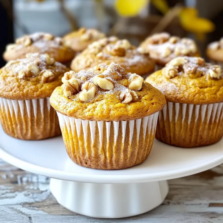 The ingredients for cinnamon pumpkin muffins are simple and wholesome. Each item plays a key role in making these muffins moist and flavorful. Here’s what you will need: - 1 cup canned pumpkin puree - 1/2 cup vegetable oil - 1/2 cup packed brown sugar - 1/2 cup granulated sugar - 2 large eggs - 1 teaspoon vanilla extract - 1 1/2 cups all-purpose flour - 1 teaspoon baking powder - 1/2 teaspoon baking soda - 1 teaspoon ground cinnamon - 1/2 teaspoon ground ginger - 1/4 teaspoon ground nutmeg - 1/4 teaspoon salt - 1/2 cup chopped walnuts (optional) - 1/4 cup granulated sugar for topping (optional) Each of these ingredients adds a unique flavor or texture. The canned pumpkin puree serves as the star of the show, giving moisture and a lovely orange hue. Vegetable oil keeps the muffins soft and fluffy. The sugars add sweetness and help form a nice crust. The spices—cinnamon, ginger, and nutmeg—bring warmth and depth, making each bite feel like a cozy hug. If you want a bit of crunch, you can add walnuts. They also enhance the flavor. The optional topping sugar gives your muffins a sweet, crunchy finish. Using high-quality ingredients makes a big difference. Fresh spices and pure extracts will elevate your muffins. Pay attention to these details for the best baking results. Start by preheating your oven to 350°F (175°C). This temperature is perfect for baking. While the oven heats, prepare your muffin tin. You can use paper liners or grease each cup lightly. This step helps your muffins come out easily. In a large mixing bowl, combine 1 cup of canned pumpkin puree, 1/2 cup of vegetable oil, 1/2 cup of packed brown sugar, and 1/2 cup of granulated sugar. Add 2 large eggs and 1 teaspoon of vanilla extract. Whisk these ingredients together until smooth. The mixture should have a nice, creamy look. In another bowl, sift together 1 1/2 cups of all-purpose flour, 1 teaspoon of baking powder, 1/2 teaspoon of baking soda, 1 teaspoon of ground cinnamon, 1/2 teaspoon of ground ginger, 1/4 teaspoon of ground nutmeg, and 1/4 teaspoon of salt. Stir these dry ingredients well. This step ensures even mixing and helps your muffins rise. Now, carefully add the dry mixture into the wet ingredients. Use a spatula or wooden spoon to fold them gently. Mix until just combined. It's okay if there are a few lumps; overmixing can make your muffins dense. If you like walnuts, gently fold in 1/2 cup of chopped walnuts at this stage. Using a spoon or an ice cream scoop, fill each muffin cup about 2/3 full with batter. For a sweet touch, sprinkle a little bit of granulated sugar on top. Place the muffin tin in the preheated oven and bake for 20-25 minutes. Check for doneness by inserting a toothpick into the center. If it comes out clean, your muffins are ready. Once baking is done, remove the muffin tin from the oven. Let the muffins cool in the tin for about 5 minutes. After that, gently transfer them to a wire rack. This cooling method helps maintain their texture and flavor. Enjoy these warm or let them cool completely before serving! To avoid dense muffins, do not overmix your batter. Mix just until combined. A few lumps are okay. This keeps your muffins light and fluffy. To ensure even baking, use an oven thermometer. Sometimes, ovens run hot or cold. Place your muffins in the center of the oven for best results. You can use honey or maple syrup instead of brown sugar. These add a nice flavor too. For egg substitutes, try using applesauce or flaxseed meal mixed with water. These work great in vegan muffins. Serve your muffins warm for the best taste. You can also enjoy them at room temperature. For a fun twist, top each muffin with cream cheese frosting. This adds sweetness and richness. To enhance visual appeal, arrange muffins on a wooden board. Dust them with cinnamon and add small pumpkins. This creates a festive fall display. {{image_4}} Adding chocolate chips to your muffins brings a rich twist. I like using semi-sweet chips. They melt a bit and mix well with the pumpkin flavor. You can also try dark chocolate for a more intense taste. Incorporating different spices can change the whole vibe of your muffins. Cloves and allspice add depth and warmth. A pinch of ground cloves can bring a sweet and spicy kick. Allspice gives it a unique flavor that pairs well with pumpkin. Just a little goes a long way. If you need gluten-free options, you can substitute all-purpose flour with a gluten-free blend. Make sure it has xanthan gum for better texture. You might need to adjust the liquid in your mix for the best results. Nut-free options are easy too. If you skip the walnuts, your muffins will still taste great. You can even add seeds like pumpkin or sunflower seeds for a little crunch. For Halloween-themed muffins, add fun toppings. Try decorating with orange and black sprinkles or mini chocolate candies. You can also use Halloween cupcake liners for a festive touch. When planning a Thanksgiving brunch, these muffins shine. Serve them warm alongside coffee or tea. They pair well with cream cheese frosting for a sweet treat that everyone will love. Store your cinnamon pumpkin muffins at room temperature. Place them in an airtight container. They will stay fresh for about three days. If you want them to last longer, consider refrigerating them. Wrap each muffin in plastic wrap before putting them in the fridge. This helps keep them moist. To freeze your muffins, let them cool completely. Then, wrap each muffin tightly in plastic wrap. Place the wrapped muffins in a freezer bag or container. This will keep them fresh for up to three months. When you want to enjoy one, take it out and thaw it at room temperature. You can also warm it in the microwave for a few seconds. The best time to eat these muffins is within three days for optimal taste. After that, they may start to dry out. Check for signs of spoilage. If you see mold or a strange smell, it's time to toss them. Enjoy your muffins while they are fresh and delicious! Yes, you can make these muffins ahead of time. Bake them and let them cool. Store in an airtight container at room temperature for up to three days. For longer storage, freeze them. Just wrap each muffin in plastic wrap and place in a freezer bag. They can last for up to three months in the freezer. To enjoy, simply thaw them at room temperature or warm them in the oven. If you don’t have canned pumpkin, you can use fresh pumpkin puree. To make it, roast fresh pumpkin until soft, then blend it until smooth. Butternut squash puree works well too. It has a similar taste and texture. You can even use sweet potato puree for a twist. To check if your muffins are done, insert a toothpick into the center of one. If it comes out clean, the muffins are ready. The tops should be golden brown too. You can also gently press the top; it should spring back. If it leaves a dent, bake a few more minutes. Yes, you can use whole wheat flour. It adds a nutty flavor and makes the muffins denser. Start by replacing half of the all-purpose flour with whole wheat flour. This keeps the muffins light while still adding more fiber. If you prefer a denser muffin, you can use all whole wheat flour. To make these muffins less sweet, you can reduce the sugar in the recipe. Try cutting both sugars by a quarter cup. You can also use unsweetened applesauce as a substitute for some of the sugar. This keeps the muffins moist without adding too much sweetness. Another option is to add spices like cinnamon or nutmeg for extra flavor without sugar. These pumpkin muffins are easy to make and delicious. We covered all the ingredients, steps, and even tips. I shared variations and storage tips for any occasion. Remember, these muffins can suit your dietary needs and be made in advance. They bring warmth to your kitchen any time of year. Enjoy your baking and make these muffins your own! You'll impress everyone with your tasty treats.