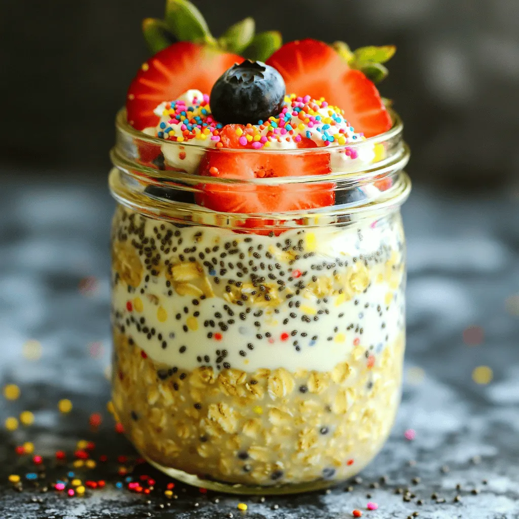 To make Protein Birthday Cake Overnight Oats, you need a few simple ingredients. Each one plays a key role in creating a tasty and nutritious treat. Here’s what you will need: - 1 cup rolled oats - 1 cup almond milk (or any milk of choice) - 1 scoop vanilla protein powder - 2 tablespoons Greek yogurt - 1 tablespoon chia seeds - 1 tablespoon maple syrup (or honey) - 1 teaspoon vanilla extract - 1 tablespoon sprinkles (plus extra for topping) - Fresh fruit for topping (such as strawberries, blueberries, or bananas) Each ingredient adds flavor and nutrition. The rolled oats give you fiber and heartiness. Almond milk keeps it light and creamy. The protein powder boosts your energy. Greek yogurt adds creaminess and protein. Chia seeds add a nice crunch and fiber. Maple syrup or honey sweetens it up. Vanilla extract gives it a lovely aroma. Sprinkles make it fun and festive. Lastly, fresh fruit adds color and extra vitamins. By gathering these ingredients, you set yourself up for a delightful breakfast. Enjoy the process of making your own protein-packed birthday cake oats! 1. In a medium bowl or jar, combine 1 cup of rolled oats and 1 cup of almond milk. Stir until the oats are fully soaked. 2. Next, add 1 scoop of vanilla protein powder, 2 tablespoons of Greek yogurt, 1 tablespoon of chia seeds, 1 tablespoon of maple syrup, and 1 teaspoon of vanilla extract. Mix everything well to avoid dry spots. 3. Gently fold in 1 tablespoon of sprinkles. Make sure they spread evenly for a fun look. 1. Cover your bowl or jar tightly with a lid or plastic wrap. 2. Place it in the refrigerator. Let it chill overnight or at least for 4 hours. This step helps the oats absorb the flavors. 1. When you're ready to eat, take the oats out of the fridge. Stir the mixture well. 2. If it feels too thick, add a splash of almond milk to adjust the texture. 3. Serve your birthday cake oats in a bowl or jar. Top with fresh fruit like strawberries or blueberries and add extra sprinkles for fun. Enjoy this tasty treat! To make the best Protein Birthday Cake Overnight Oats, you must mix well. Start with the rolled oats and almond milk. Stir until the oats soak up the milk. Next, add the protein powder, Greek yogurt, chia seeds, maple syrup, and vanilla extract. Use a whisk or spoon to mix everything. This step is key to avoiding clumps. You want a smooth mixture, so take your time. You can change this recipe to fit your tastes! Try using different protein powder flavors like chocolate or cookies and cream. You can swap the Greek yogurt for flavored yogurt, too. For toppings, consider different fruits like mango or kiwi. You can also add nuts, seeds, or nut butter for extra crunch. Get creative with your sprinkles! Different colors or shapes can make your oats even more fun. When it’s time to serve, think about how you want to present your oats. Use a clear jar to show off the colorful oats and sprinkles. Layer fresh fruit on top in fun patterns. This not only looks great but adds flavor. You can enjoy these oats cold or at room temperature. For a special touch, drizzle more maple syrup on top before serving. {{image_4}} You can change the flavor of your protein birthday cake overnight oats easily. Try using different protein powder flavors. Chocolate, strawberry, or cookie dough can give your oats a fun twist. You can also use flavored yogurts. A vanilla or cake batter yogurt can enhance the birthday cake vibe. If you want a vegan version, swap the Greek yogurt for a nut-based yogurt. Use plant-based protein powder instead of whey protein. For a gluten-free option, choose certified gluten-free oats. This way, everyone can enjoy this tasty treat. Get creative with toppings! Instead of just fresh fruit, try adding nuts for a crunch. Almonds or walnuts work great. You can also mix in nut butters like almond or peanut butter for extra flavor. Don't forget to add more sprinkles for that festive look! For the best results, use glass jars or airtight containers. These keep your oats fresh. I like using mason jars because they are easy to clean. They also let you see the colorful layers. If you prefer plastic, choose BPA-free containers for safety. You can keep your protein birthday cake overnight oats in the fridge for up to five days. This makes them great for meal prep. Just make sure to seal the container tightly. This keeps them from drying out or soaking up other fridge smells. You can enjoy these oats cold or at room temperature. If you like them warm, simply microwave them for 30 seconds. Stir well to heat evenly. If the oats are too thick, add a splash of almond milk before serving. This helps you achieve your perfect texture. Yes! To make this recipe vegan, switch out a few ingredients. Use plant-based yogurt instead of Greek yogurt. Choose a vegan protein powder. For the milk, almond milk works great, but you can use any plant-based milk you like. For sweetening, maple syrup is already vegan. This makes a delicious vegan version of birthday cake oats! You can store your overnight oats in the fridge for up to five days. Keep them in a sealed jar or container to keep them fresh. Make sure to check for any changes in smell or texture before eating. If you notice any, don't eat them! Yes, you can use old-fashioned oats. The main difference is in texture. Old-fashioned oats are thicker and may take longer to soften. They might not absorb liquid as quickly as rolled oats. If you like a chewier bite, go for old-fashioned oats. If you want creamier oats, stick with rolled oats. To boost protein in your cake oats, add more protein powder. You can also mix in some nut butter, like almond or peanut butter. Chia seeds and hemp seeds are also great options. They add protein and healthy fats. Greek yogurt is already in the recipe, but you can add more for extra creaminess and protein. This blog post shared a simple recipe for overnight oats. We covered the key ingredients, preparation steps, and chilling process. I highlighted tips for mixing and customization, plus storage info for your oats. In conclusion, overnight oats are a great way to enjoy a healthy breakfast. You can easily make them your own with different flavors and toppings. Now, you have the tools to create tasty, nutritious breakfasts that you will love. Enjoy your next bowl of overnight oats!