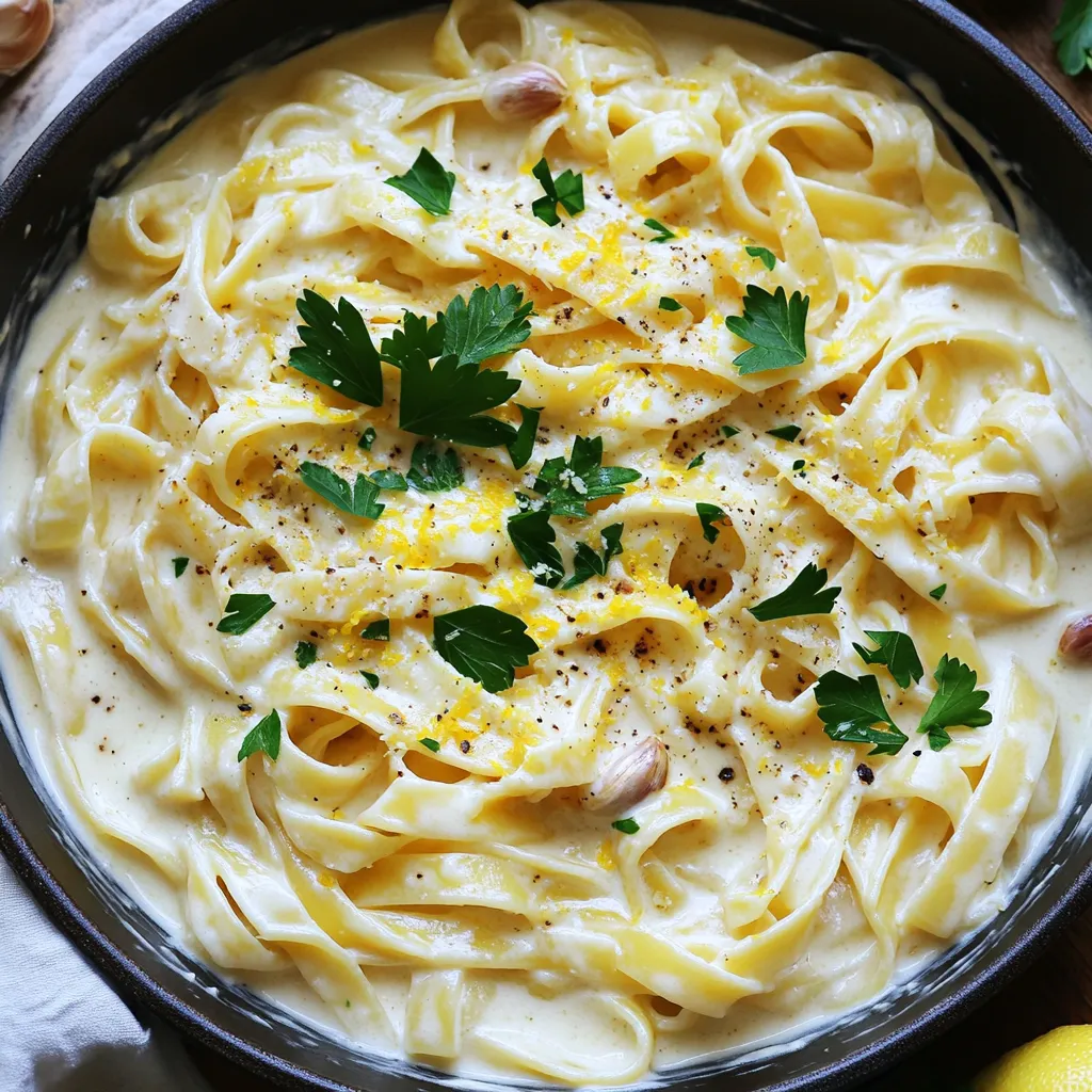 - 12 oz fettuccine pasta - 1 bulb of garlic - 2 tablespoons olive oil - 3 cups vegetable broth - 1 cup heavy cream - 1 cup grated Parmesan cheese - Salt and black pepper to taste - Fresh parsley, chopped (for garnish) - 1 teaspoon Italian seasoning - Zest of 1 lemon (optional for brightness) For this One-Pot Creamy Roasted Garlic Alfredo Pasta, you need simple ingredients. Each one plays a key role in making the dish flavorful and creamy. First, you have fettuccine pasta. It gives a nice, thick bite to the dish. Then, the bulb of garlic brings a rich, sweet flavor. Roasting the garlic changes its taste and makes it soft. The olive oil adds a nice, smooth texture. Next, the vegetable broth acts as our cooking liquid. It is a great way to add flavor without using meat. Heavy cream makes the sauce rich and creamy, while the grated Parmesan cheese adds a salty, cheesy kick. Salt and black pepper make sure to season the dish just right. Don’t forget the fresh parsley for a pop of color! The Italian seasoning gives the dish a nice herb flavor. Lastly, the lemon zest is optional but adds a bright touch. Each ingredient works together to create a dish that is not only tasty but also easy to make in one pot. Enjoy gathering these ingredients to start your cooking adventure! - Preheat your oven to 400°F (200°C). - Slice the top off the bulb of garlic. - Drizzle 1 tablespoon of olive oil over the bulb. - Wrap the garlic tightly in aluminum foil. - Roast for 30 to 35 minutes until the cloves are soft. Roasting garlic makes it sweet and rich. The warm smell fills your kitchen. You want it soft and caramelized for great flavor. - In a large pot, heat 1 tablespoon of olive oil over medium heat. - Add 3 cups of vegetable broth and 1 cup of heavy cream. - Mix in 1 teaspoon of Italian seasoning. - Stir well and bring to a gentle simmer. This sauce base is key for a creamy texture. The broth adds depth, while the cream makes it rich. - Add 12 oz of fettuccine pasta to the sauce. - Stir to make sure the pasta is well mixed. - Cook for 10 to 12 minutes, stirring often, until al dente. Cooking the pasta in the sauce lets it absorb the flavors. Al dente means it has a slight bite, which is perfect for this dish. - Remove the roasted garlic from the oven. - Let it cool for a few minutes. - Squeeze the soft garlic cloves into a bowl. - Use a fork to mash the cloves until smooth. Mashing the garlic gives it a creamy consistency. This adds a wonderful sweetness to the dish. - Lower the heat to low after cooking the pasta. - Stir in 1 cup of grated Parmesan cheese and the mashed garlic. - Mix until the cheese melts and the sauce is creamy. - Taste and season with salt, black pepper, and lemon zest as desired. Combining all these ingredients makes the dish sing! The cheese adds a salty kick, while the garlic brings warmth. - Remove the pot from the heat. - Let the sauce thicken for a couple of minutes. - Serve hot, garnished with fresh parsley and extra Parmesan. This final step makes the pasta even creamier. The garnish adds a pop of color and freshness. Enjoy your delicious creation! - To make sure your sauce is creamy, use heavy cream. - Stir the sauce well as you add the cheese to melt it fully. - Taste your sauce before serving. Add salt and pepper as needed. - Cook the pasta until it is al dente. This means it should be firm but not hard. - Stir the pasta often while it cooks. This helps it cook evenly and prevents sticking. - You can swap fettuccine for any long pasta like spaghetti or linguine. - For a dairy-free option, use coconut milk or a nut-based cream. It adds a nice flavor! {{image_4}} You can easily boost your One-Pot Creamy Roasted Garlic Alfredo Pasta with some protein. - Grilled chicken or shrimp: Adding grilled chicken or shrimp gives a nice flavor and texture. Simply grill your choice, cut it into pieces, and stir it in when you mix in the cheese and garlic. - Vegetarian protein options: If you prefer a meatless dish, try adding chickpeas or lentils. They pack protein and blend well with the creamy sauce. Adding vegetables makes the dish more colorful and healthy. - Spinach, mushrooms, or peas: Spinach wilts nicely and adds a fresh taste. Mushrooms bring a savory depth. Peas add little bursts of sweetness. Toss any of these in with the pasta near the end of cooking. - Seasonal vegetable suggestions: Use seasonal favorites like zucchini in summer or butternut squash in fall. These can enhance the dish and make it even more delicious. You can elevate the flavors of your pasta with some simple enhancements. - Extra herbs and spices: Fresh basil or thyme can add a lovely aroma. A pinch of red pepper flakes can give it a nice kick. - Lemon or truffle oil options: A splash of lemon juice brightens the dish and balances the cream. Truffle oil adds a rich, earthy flavor. Just a drizzle makes a big difference! To keep your One-Pot Creamy Roasted Garlic Alfredo Pasta fresh, cool it first. Once it cools, place it in an airtight container. This helps seal in the flavor and keeps out air. Store it in the fridge for up to three days. If you want to save it longer, freezing is a great option. When it's time to enjoy the leftovers, the best way to reheat is gently. You can use the stove or microwave. If using the stove, add a splash of vegetable broth or cream to the pot. Stir often over low heat. This helps keep the sauce creamy and prevents it from drying out. If using the microwave, heat in short bursts. Stir between each burst to ensure even heating. To freeze your pasta, start by letting it cool completely. Then, portion it into smaller containers. This makes it easier to thaw just what you need. Seal the containers tightly and label them with the date. You can freeze it for up to three months. When ready to eat, thaw it overnight in the fridge and reheat as mentioned above. Yes, you can use different types of pasta. I often use penne or rotini. Just adjust the cooking time as needed based on the pasta shape. Make sure it cooks until al dente. This helps the sauce stick better. The garlic is ready when it feels soft to the touch. You can also smell its sweet aroma. If it looks golden brown, that’s a good sign! Let it cool before you mash it. Absolutely! For a vegan version, swap heavy cream with coconut milk or cashew cream. Use vegan cheese or nutritional yeast in place of Parmesan. This keeps the dish creamy and tasty. The pasta stays good for about 3 to 5 days in the fridge. Store it in an airtight container. Before serving, reheat gently on the stove or in the microwave. Yes, you can prepare this dish ahead of time. Just make the pasta and sauce, then store them separately. When ready to serve, reheat and mix them together. This way, you preserve the creamy texture. This blog post guides you through making a delicious fettuccine Alfredo. You learned essential ingredients and easy steps for roasting garlic, crafting the sauce, and cooking pasta. I shared tips for perfect texture, flavor variations, and storage advice. Take this knowledge and create a tasty meal that satisfies. With practice, this dish can become a favorite in your kitchen. Enjoy the cooking journey!
