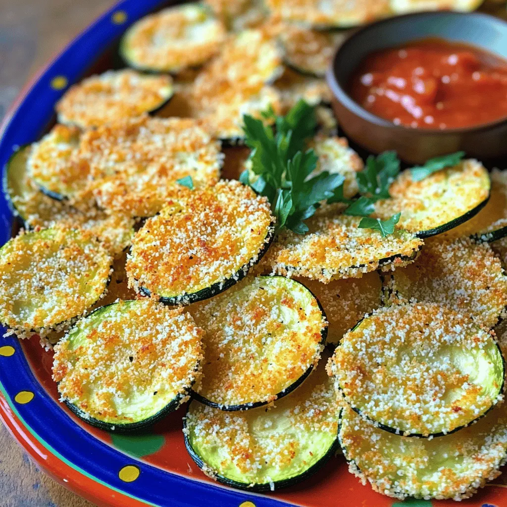 - 2 medium zucchinis, sliced into thin rounds - 1 cup grated Parmesan cheese - 1 cup breadcrumbs (preferably panko) - 1 teaspoon garlic powder - 1 teaspoon onion powder - 1 teaspoon dried oregano - 1 teaspoon dried basil - Salt and freshly ground black pepper to taste - 2 large eggs - Cooking spray or olive oil for greasing - Prep Time: 15 minutes - Cook Time: 20 minutes - Servings: 4 Gathering the right ingredients is key to making great Parmesan crusted zucchini chips. Start with two medium zucchinis. Slice them into thin rounds, around a quarter-inch thick. This thickness helps them become crispy while cooking. Next, you need one cup of grated Parmesan cheese. Use fresh cheese for the best flavor and texture. For the crunch, grab one cup of breadcrumbs. Panko breadcrumbs work best, as they give a light and airy crunch. You will also need a few spices: one teaspoon each of garlic powder, onion powder, dried oregano, and dried basil. These spices add depth and flavor to the chips. Don’t forget salt and freshly ground black pepper to taste. You will need two large eggs to help the coating stick. Lastly, get cooking spray or olive oil for greasing the baking sheet. This step is important to ensure your chips do not stick while baking. Now that you have all the ingredients, you are ready to start cooking! The prep time is only 15 minutes, and cooking takes about 20 minutes. In just over half an hour, you will have a delicious snack that serves four. First, preheat your oven to 425°F (220°C). This step is key for crispy chips. Next, line your baking sheet with parchment paper. This keeps the chips from sticking and makes cleanup a breeze. In a shallow bowl, mix together the grated Parmesan cheese and breadcrumbs. Add garlic powder, onion powder, dried oregano, and dried basil. Season with salt and pepper. Stir the mixture until all the spices blend well. This will give the chips a tasty flavor. Crack the two large eggs into a separate bowl. Beat the eggs until the yolks and whites mix well. Take each zucchini slice and dip it into the beaten eggs. Let any extra egg drip off. Then, coat the slice in the breadcrumb mixture. Press gently to help it stick. This double coating gives the chips a nice crunch. Arrange the coated zucchini chips on the baking sheet in a single layer. Make sure they don't overlap. This is important for achieving maximum crispiness. Lightly spray the chips with cooking spray or drizzle olive oil over them. This helps them brown nicely. Bake in the preheated oven for 15-20 minutes. Flip the chips halfway through to ensure they cook evenly. Look for a golden brown color to know they’re done. Once baked, let them cool for a few minutes before serving. This helps them crisp up even more. To get the best crunch from your zucchini chips, avoid overlapping the slices. Each piece needs its space to crisp up. Lay them in a single layer on the baking sheet. Lightly spray the chips with cooking oil. This step helps them brown nicely. You can elevate the taste by adding extra spices or herbs. Try some chili powder for heat or fresh herbs for brightness. These tweaks make each bite exciting. When serving, think about dips. A cool yogurt dip or classic marinara sauce pairs well. These options add more flavor and fun to your meal. To know when your chips are ready, look for a golden brown color. This shows they are crispy and cooked just right. If your oven runs hot or cold, you may need to adjust the cooking time. Keep an eye on them. Flipping the chips halfway through helps them cook evenly. {{image_4}} You can switch up the cheese in this recipe. Cheddar adds a sharp flavor. Mozzarella gives a gooey texture. Vegan cheese works well for a dairy-free option. Each cheese brings its own taste. Experiment to find your favorite. Want to spice things up? Add cayenne pepper for a kick. Smoked paprika gives a nice depth. You can also try herbs like thyme or rosemary. These herbs add fresh notes that elevate the dish. Mix and match to create your own flavor profile. If you're gluten-free, use almond flour or crushed cornflakes. These options still give you crunch. Crushed nuts can also add a fun texture. They offer a nutty flavor that pairs well with zucchini. Don’t be afraid to be creative with your breading! To keep your zucchini chips fresh, place them in an airtight container. A glass container works well, but a plastic one is fine too. Before sealing, let the chips cool completely. This helps avoid moisture buildup. Store them in the fridge for up to three days. To restore the crispiness, use your oven. Preheat it to 350°F (175°C). Spread the chips in a single layer on a baking sheet. Heat them for about 10 minutes. Check to make sure they are warm but not burnt. You can also use an air fryer if you have one. Set it to 350°F (175°C) and heat for about 5 minutes. You can freeze zucchini chips for later. First, let them cool completely. Then, place them in a single layer on a baking sheet. Freeze them for about one hour. Once frozen, transfer the chips to a freezer bag. Squeeze out any air. They can last for up to three months. When you want to eat them, thaw the chips in the fridge overnight. Reheat them in the oven or air fryer as described above. This way, they stay crispy and tasty. Yes, you can! Some good options are: - Eggplant - Sweet potatoes - Carrots - Bell peppers These vegetables also crisp up well when coated and baked. You may need to adjust cooking times based on thickness. To make these chips healthier, try these tips: - Use less cheese or switch to a low-fat cheese. - Use whole grain breadcrumbs for added fiber. - Bake without oil or use a light spray. - Skip the egg and use a flax egg for a vegan option. These changes help cut calories while keeping the flavor. These chips pair well with: - Marinara sauce - Yogurt dip - Hummus - Ranch dressing Each dip adds a new layer of flavor and makes for a fun snack. Absolutely! Here's how to air fry them: 1. Preheat your air fryer to 400°F (200°C). 2. Coat the zucchini slices as you would for baking. 3. Place them in a single layer in the air fryer basket. 4. Cook for about 10-12 minutes, flipping halfway through. Check for crispiness and adjust time as needed. Enjoy the crunch! This blog covered making crispy Parmesan zucchini chips. You learned the ingredients and steps, plus tips for best results. Remember to play with flavors and coatings to suit your taste. Storing leftovers properly keeps them fresh and tasty. Whether you’re making these chips for snacks or meals, they are simple and fun. Enjoy your cooking and the delicious results. Happy munching!