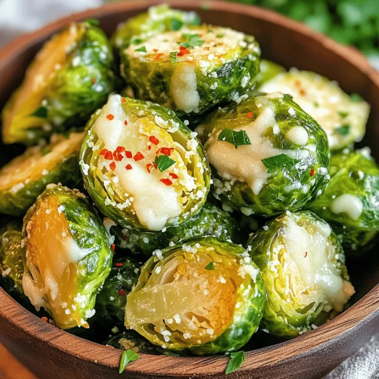 - 1 lb Brussels sprouts, trimmed and halved - 3 tablespoons olive oil - 4 cloves garlic, finely minced - 1/2 teaspoon salt - 1/4 teaspoon freshly ground black pepper - 1/4 teaspoon red pepper flakes (optional) - 1/2 cup freshly grated Parmesan cheese - 1 tablespoon freshly squeezed lemon juice - Fresh parsley, chopped (for garnish) I love using fresh Brussels sprouts for this recipe. They are the star of the dish! Look for sprouts that are bright green and firm. If you can’t find fresh ones, frozen sprouts can work too. Next, olive oil adds a nice flavor and helps the sprouts crisp up. I prefer extra virgin olive oil for its rich taste. Garlic is a must. Use fresh garlic for the best flavor. You will finely mince it to release all its goodness. Salt and pepper are essential to enhance the flavors. If you like a bit of heat, add red pepper flakes. The Parmesan cheese gives a savory finish. Always use freshly grated cheese for the best melt and taste. A squeeze of fresh lemon juice brightens the dish. It adds a zesty kick that balances the savory elements. Finally, chopped parsley makes for a pretty garnish. It adds color and freshness to your plate. With these ingredients, you're ready to create a delightful dish! Start by preheating your air fryer to 375°F (190°C). This step is key for even cooking. Let it warm for about 5 minutes. A hot air fryer helps the Brussels sprouts crisp up nicely. In a large bowl, add the halved Brussels sprouts. Pour in 3 tablespoons of olive oil. Then, add 4 cloves of minced garlic, 1/2 teaspoon of salt, and 1/4 teaspoon of black pepper. If you like spice, sprinkle in 1/4 teaspoon of red pepper flakes. Toss everything well. Make sure every sprout gets coated with oil and spices. Arrange the seasoned Brussels sprouts in the air fryer basket. Lay them in a single layer. This helps them cook evenly. If your air fryer is small, you might need to cook in batches. Air fry for 10-12 minutes. Halfway through, gently shake the basket. This ensures they crisp up on all sides. After the Brussels sprouts are golden and crispy, remove the basket. Generously sprinkle 1/2 cup of grated Parmesan cheese on top. Return the basket to the air fryer. Cook for an extra 2 minutes. This melts the cheese and gives it a nice texture. Once the cheese melts, carefully move the Brussels sprouts to a serving bowl. Drizzle 1 tablespoon of fresh lemon juice over them. This adds a bright flavor. For a fresh look, garnish with chopped parsley. Enjoy these as a side dish or a tasty snack! To get the best texture, make sure your Brussels sprouts are cut evenly. Halving them helps them cook fast and evenly. If your air fryer is small, cook in batches. This way, they won't crowd each other. Crowding leads to soggy sprouts. A good olive oil adds rich flavor. I recommend using extra virgin olive oil. Its taste is bold and complements the garlic and cheese well. Avoid cheap oils; they can spoil the dish. You can tweak the seasonings to match your taste. Fresh herbs add bright flavor. If you have fresh rosemary or thyme, use those. Dried herbs work too but use less. Fresh herbs are stronger, so start with a small amount. To keep your sprouts crispy, avoid overcooking. The air fryer does a great job, but it needs space. Shake the basket halfway through cooking. This movement helps them cook evenly and stay crisp. Drizzle lemon juice at the end; it keeps them fresh without making them soggy. {{image_4}} You can mix in other veggies for extra flavor and texture. Try carrots, broccoli, or bell peppers. Just cut them into similar sizes as the Brussels sprouts. Toss them with olive oil and seasonings. This adds color and nutrition to your dish. Parmesan cheese gives a nice salty kick. But you can try other cheeses too! Pecorino Romano is a great choice for a sharper taste. You might also like crumbled feta for a creamy touch. Just sprinkle it on top at the end, like you do with Parmesan. Want to spice things up? Add red pepper flakes for some heat. You can also mix in honey or balsamic vinegar for sweetness. Drizzle honey over the sprouts before air frying. For balsamic, toss it on after they cook. Both options create a tasty balance of flavors that you'll love! After you enjoy your Air Fryer Garlic Parmesan Brussels sprouts, keep any leftovers in the fridge. Place them in an airtight container. They will stay fresh for up to three days. Always let them cool down to room temperature before sealing. This helps maintain their flavor and texture. To reheat your Brussels sprouts, the best method is using the air fryer again. Set it to 350°F (175°C). Heat for about 5 minutes. This keeps them crispy. You can also use an oven. Just place them on a baking sheet and heat at 350°F for 10 minutes. Avoid the microwave to keep them from getting soggy. You can freeze Brussels sprouts too! Place them in a freezer bag after cooking. Squeeze out the air and seal tightly. They can last up to three months in the freezer. When you are ready to use them, thaw in the fridge overnight. Reheat them in the air fryer for the best results. Yes, you can use frozen Brussels sprouts. However, they may not get as crispy. Thaw them first and pat them dry. This helps remove excess moisture. If they are still frozen, adjust cooking time. Cook them for a few extra minutes in the air fryer. To make your Brussels sprouts extra crispy, follow these tips: - Ensure they are dry before adding oil and seasonings. - Cut them in half for more surface area. - Don’t overcrowd the air fryer basket. - Shake the basket halfway through cooking. - Add the Parmesan cheese at the end to keep it crispy. These Brussels sprouts pair well with many dishes: - Grilled chicken or fish - Steak or pork chops - Quinoa or rice bowls - Pasta dishes - Or enjoy them as a tasty snack! Yes, Brussels sprouts are very healthy! They are low in calories and high in fiber. They also contain vitamins C and K, along with antioxidants. Eating them may help improve digestion and support heart health. Plus, they are a great addition to a balanced diet. Leftovers can last in the fridge for about 3 to 4 days. Store them in an airtight container. To keep them crispy, reheat them in the air fryer for a few minutes. This helps maintain their texture and flavor. In this blog post, we explored a tasty way to prepare Brussels sprouts using an air fryer. We discussed the key ingredients, step-by-step instructions, and helpful tips. You learned how to mix flavors and achieve crispy results. Remember, you can customize this recipe with your favorite veggies or cheeses. These Brussels sprouts make a great side dish or snack. Try this recipe to enjoy healthy, flavorful bites. It's simple and fun for everyone. Enjoy your cooking adventure!