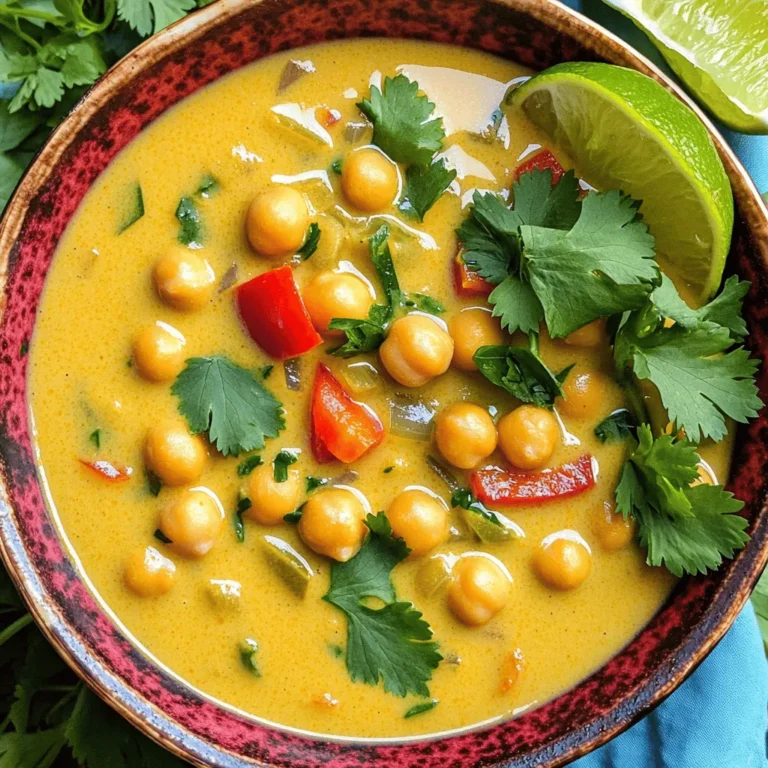 - 1 tablespoon coconut oil - 1 medium onion, finely chopped - 3 cloves garlic, finely minced - 1 tablespoon fresh ginger, freshly grated - 1 tablespoon red curry paste - 1 can (14 oz) full-fat coconut milk - 2 cups low-sodium vegetable broth - 1 can (15 oz) chickpeas, thoroughly drained and rinsed - 1 large red bell pepper, diced into bite-sized pieces - 1 teaspoon ground turmeric - 1 teaspoon ground cumin - Sea salt and freshly ground black pepper, to taste - Fresh cilantro leaves, roughly chopped, for garnish - Lime wedges, for serving This recipe is vegan and gluten-free. It uses chickpeas for protein. Coconut milk adds creaminess without dairy. The spices offer health benefits, like anti-inflammatory properties. Always check labels on the broth and curry paste for hidden gluten or animal products. If you want a different flavor, try using green curry paste instead of red. You can swap chickpeas for lentils for a different texture. If you dislike red bell pepper, use carrots or zucchini instead. For a lighter soup, use light coconut milk. If you want more protein, add tofu or shredded chicken. To start, grab a spacious pot. Heat 1 tablespoon of coconut oil over medium heat. Once hot, add 1 medium onion that is finely chopped. Sauté it for about 5 minutes. You want the onion to look soft and translucent. Next, add 3 cloves of finely minced garlic and 1 tablespoon of freshly grated ginger. Cook this mix for 2 minutes. Stir it often until you smell that lovely aroma. Now, it’s time to add flavor. Toss in 1 tablespoon of red curry paste, 1 teaspoon of ground turmeric, and 1 teaspoon of ground cumin. Stir well to blend all the spices. Cook for another 2 minutes. Let those spices bloom and fill your kitchen with warmth. Now, we’ll make the soup creamy. Gradually pour in 1 can (14 oz) of full-fat coconut milk. Then, add 2 cups of low-sodium vegetable broth. Stir this mix well. Bring it to a gentle simmer over medium heat. Once simmering, add 1 can (15 oz) of thoroughly drained and rinsed chickpeas. Also, add 1 large red bell pepper, diced into bite-sized pieces. Let the soup simmer for 15 to 20 minutes. Stir occasionally to help the flavors meld together. Before serving, taste the soup. Add sea salt and freshly ground black pepper to your liking. If you want a thinner soup, gently stir in more vegetable broth. Now for the finishing touch! Garnish the soup with fresh cilantro leaves that you roughly chopped. Squeeze some lime juice over the top for a burst of flavor. For a great presentation, ladle the soup into colorful bowls. Place a lime wedge on the rim of each bowl for a nice look. You can even drizzle some coconut milk on top for an elegant touch. Enjoy your Coconut Curry Chickpea Soup! To boost the flavor of your coconut curry chickpea soup, use fresh herbs. Add fresh cilantro at the end for a bright taste. A squeeze of lime juice also adds zest. You can try adding a dash of soy sauce for umami. If you love garlic, add more minced garlic for depth. For sweetness, toss in a few diced sweet potatoes during cooking. If you want a creamier soup, use full-fat coconut milk. This adds rich texture. For extra creaminess, blend a part of the soup. Use an immersion blender for a few seconds. You can also stir in some cashew cream or a splash of heavy cream. These options will elevate the soup’s smoothness and richness. To change the heat level, start with less red curry paste. You can always add more later if you want it spicier. For a milder version, use sweet curry powder. If you want more heat, add red pepper flakes or chopped fresh chili. Taste as you go to find your perfect spice level. {{image_4}} You can make this soup even heartier by adding protein. Chickpeas are great, but you can mix in cooked chicken, shrimp, or tofu. Each option adds flavor and texture. If you want a vegetarian choice, try lentils. They cook fast and soak up the spices well. Feel free to change the veggies based on what you have. You can use sweet potatoes, carrots, or spinach. Each adds a unique taste. If you want a bit of crunch, add green beans or snap peas. Just remember to add them near the end of cooking so they stay crisp. You can easily adjust the spice level in this soup. For a mild version, use less red curry paste. If you like heat, add sliced jalapeños or crushed red pepper flakes. Taste as you go, and find the right balance for your palate. Don't forget to serve lime wedges on the side to add brightness! To store leftovers, let the soup cool to room temperature. Then, pour it into an airtight container. This keeps the soup fresh and tasty. You can store it in the fridge for up to three days. Just make sure to seal it well to avoid any spills. If you want to save it longer, freezing works great! Use freezer-safe containers or bags. Make sure to leave some space at the top, as soup expands when frozen. The soup can last up to three months in the freezer. Label the containers with the date, so you know when you made it. When you’re ready to enjoy it again, take it out of the fridge or freezer. For fridge leftovers, just pour it into a pot. Heat over medium heat until warm, stirring often. If it’s frozen, let it thaw in the fridge overnight. Then, reheat it in a pot. You can add a splash of vegetable broth if it’s too thick. Enjoy your soup warm! Yes, you can use low-fat coconut milk. It will change the creaminess of the soup. The full-fat version adds richness and depth. Low-fat will still taste good but may be less creamy. You can serve this soup with many tasty sides: - Crusty bread for dipping - Rice or quinoa for extra fiber - A fresh salad for crunch - Naan bread for a fun twist These options pair well and add more texture to your meal. Coconut Curry Chickpea Soup lasts about 4 to 5 days in the fridge. Store it in a sealed container to keep it fresh. You can also freeze it for up to 3 months. Just thaw in the fridge before reheating. This article covered how to make Coconut Curry Chickpea Soup. We listed key ingredients, alternative choices, and dietary notes. You learned step-by-step cooking techniques and tips for flavor, creaminess, and spice. We discussed various versions and how to store leftovers properly. This simple recipe is perfect for any meal. Enjoy making it your own and sharing it with others!
