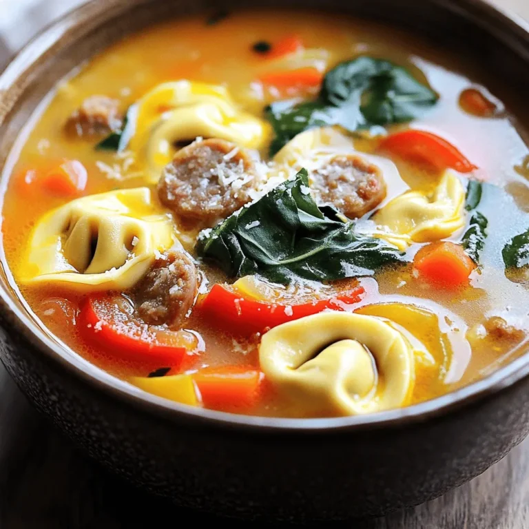 To make this soup, you need a few key ingredients to get it right. Here’s what you’ll need: - 1 tablespoon olive oil - 1 pound spicy Italian sausage, casings removed - 1 medium onion, finely diced - 3 cloves garlic, minced - 1 carrot, peeled and diced - 1 red bell pepper, diced - 1 can (14 oz) diced tomatoes, including juices - 4 cups vegetable or chicken broth - 1 teaspoon dried basil - 1 teaspoon dried oregano - ½ teaspoon red pepper flakes (adjust for spice) - 1 package (9 oz) cheese tortellini - 2 cups fresh spinach, roughly chopped - Salt and pepper to taste - Grated Parmesan cheese, for serving (optional) - Fresh basil leaves, for garnish (optional) These ingredients work together to create a warm and hearty flavor. The spicy sausage adds a kick, while the cheese tortellini makes it filling. While the essential ingredients are great, you can add a few optional items for extra flavor: - A splash of heavy cream for richness - A squeeze of lemon juice for brightness - Fresh herbs like thyme or parsley for freshness These additions can take your soup to the next level. You can mix and match based on what you have at home. When picking sausage, go for high-quality spicy Italian sausage. Fresh sausage has the best flavor. Look for one with visible herbs and spices. For tortellini, choose cheese tortellini for a creamy texture. Fresh tortellini cooks faster and tastes great. If you want a different flavor, try spinach or meat-filled tortellini instead. Always read the labels to check for allergens if needed. This ensures everyone can enjoy the soup happily. Start by heating 1 tablespoon of olive oil in a large pot or Dutch oven over medium heat. Once the oil is warm, add 1 pound of spicy Italian sausage. Use a wooden spoon to break it apart as it cooks. Sauté the sausage for about 5 to 7 minutes until it turns brown and is fully cooked. Next, add 1 medium diced onion, 3 cloves of minced garlic, 1 diced carrot, and 1 diced red bell pepper. Cook these ingredients for another 5 minutes. Stir them often to help the veggies soften and smell great. Now it’s time to add more flavor. Pour in 1 can of diced tomatoes, including the juices. Then, add 4 cups of vegetable or chicken broth. Mix in 1 teaspoon of dried basil, 1 teaspoon of dried oregano, and ½ teaspoon of red pepper flakes. Stir everything well and bring the soup to a gentle simmer. This helps the flavors blend together nicely. When the soup begins to simmer, add 1 package of cheese tortellini. Cook the tortellini based on the package instructions, usually about 3 to 5 minutes. They should be tender and floating when done. After the tortellini cooks, stir in 2 cups of roughly chopped fresh spinach. Let it cook for 2 more minutes until the spinach wilts and looks vibrant. Taste the soup and add salt and pepper as needed. Enjoy the delicious smell as you prepare to serve! To adjust the spice, play with the red pepper flakes. Start with a little. You can always add more later. If you want less heat, skip the flakes entirely. For a milder soup, use sweet Italian sausage instead. This way, you keep the flavor without the spice. If your soup seems too thin, you can thicken it easily. Add a bit more tortellini and let it cook longer. The pasta will soak up some broth. Another option is to blend a small portion of the soup. Use a blender or an immersion blender. This creates a thicker base while keeping chunky pieces. Serve the soup hot for the best taste. Ladle it into bowls and add a sprinkle of Parmesan cheese. Fresh basil leaves add color and flavor. Pair it with crusty bread for dipping. Enjoy your meal with family or friends for a warm gathering. {{image_4}} To make a vegetarian version, swap the spicy Italian sausage for plant-based sausage or lentils. This change keeps the soup hearty and flavorful. Use vegetable broth instead of chicken broth for added depth. When using lentils, add them early to cook through. Fresh herbs like thyme or rosemary can also boost flavor. Feel free to add more vegetables to the soup. Zucchini, kale, or mushrooms work great. You can also add beans for protein. Chickpeas or white beans are excellent choices. Adjust cooking times if needed to ensure everything is tender. Mix and match your favorites for a unique twist every time. If you want a creamy soup, add a splash of coconut milk or cashew cream. This addition gives it a rich texture without overpowering the flavors. Stir in the cream just before serving to keep it fresh. You can also top with a dollop of sour cream or yogurt for extra creaminess. To keep your soup fresh, store leftovers in an airtight container. Let the soup cool to room temp first. Then, cover it well and place it in the fridge. This way, it can stay fresh for about 3 to 4 days. If you want to enjoy it later, freezing is a great option. When you're ready to eat, heat the soup on the stove for the best taste. Pour it into a pot over medium heat. Stir the soup often and cook until it's hot. This helps keep the flavors bright. You can also use a microwave if you're in a hurry. Just heat it in a bowl, stirring every minute until warm. Freezing the soup is simple. Use freezer-safe containers or bags. Make sure to leave some space at the top, as liquids expand when frozen. It can last in the freezer for up to 3 months. When you're ready to eat it, thaw it overnight in the fridge. Then, reheat on the stove. Enjoy your comforting soup anytime! Yes, you can use frozen tortellini. Just add them directly to the soup. Cook them for about 5-7 minutes, or until they float. This brings great flavor and saves time. You can use ground turkey or chicken for a lighter option. If you want more flavor, add spices like fennel or paprika. For a vegetarian choice, try crumbled tempeh or plant-based sausage. The soup lasts about 3-4 days in the fridge. Store it in an airtight container to keep it fresh. Just reheat it on the stove or in the microwave before serving. To sum it up, this blog post guides you through making spicy sausage tortellini soup. We covered key ingredients, step-by-step instructions, and tips for extra flavor. You learned how to choose the best sausage and tortellini and how to adjust spice levels. We also explored variations and how to store leftovers. I hope you feel inspired to try this soup. It’s tasty, easy to make, and offers many options for customization. Enjoy each bowl filled with warmth and flavor!