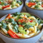 - 300g udon noodles - 2 tablespoons chili crisp oil (store-bought or homemade) - 1 tablespoon soy sauce - 1 teaspoon sesame oil - 1 teaspoon rice vinegar - 2 cloves garlic, minced - ½ inch ginger, grated - 1 red bell pepper, thinly sliced - 1 cup bok choy, roughly chopped - 2 spring onions, sliced (separate the green and white parts) - 1 tablespoon toasted sesame seeds - Fresh cilantro for garnish - Salt and pepper to taste Udon noodles are thick, chewy, and full of flavor. They soak up sauce well. Chili crisp oil adds heat and crunch. It brings a unique taste to this dish. Soy sauce gives a savory depth. Sesame oil adds a nutty note. Rice vinegar brightens the flavors and balances the heat. Fresh garlic and ginger give a warm, aromatic base. Red bell pepper and bok choy add color and crunch. Spring onions lend freshness, while toasted sesame seeds add a nice texture. Finally, fresh cilantro is a must for a burst of flavor. If you can't find udon noodles, use rice noodles or spaghetti. For the chili crisp oil, you can use regular chili oil or make your own. Soy sauce can be swapped with tamari for a gluten-free option. If you want less heat, skip the chili oil. You can use olive oil instead of sesame oil. For a different taste, apple cider vinegar works in place of rice vinegar. If bok choy is not available, try spinach or kale. Lastly, if you don’t have fresh cilantro, use parsley for garnish. Start by boiling salted water in a large pot. Once the water bubbles, add the udon noodles. Cook them for 8 to 10 minutes based on the package directions. When they’re done, drain and rinse them under cold water. This stops the cooking and keeps them firm. Set the noodles aside in a colander. In a medium bowl, mix the chili crisp oil, soy sauce, sesame oil, and rice vinegar. Whisk until everything is well combined. This sauce will add amazing flavor to the dish. Set it aside for later use. Heat a splash of oil in a large skillet or wok over medium heat. When the oil is hot, add minced garlic and grated ginger. Sauté them for about 30 seconds. You’ll smell a great aroma soon! Next, toss in the sliced red bell pepper and chopped bok choy. Stir-fry these for 3 to 4 minutes. You want them to soften just a bit but still stay crisp. Now it’s time to bring everything together. Add the cooked udon noodles to the skillet with the veggies. Pour your prepared sauce over the top. Use tongs to gently toss everything together. Make sure every noodle and veggie gets coated in that tasty sauce. If it feels dry, add a little water to help mix. Take a moment to taste your dish. Add salt and pepper as needed. Once it’s to your liking, remove the skillet from heat. Garnish with sliced spring onions, toasted sesame seeds, and fresh cilantro. To serve, use deep bowls for the noodles. Drizzle some extra chili crisp oil on top for added heat and flavor. Enjoy your Spicy Chili Crisp Udon! To cook udon noodles, start with a big pot. Fill it with water and add a pinch of salt. Bring the water to a rolling boil. Once boiling, add the udon noodles. Cook them for about 8-10 minutes. Stir occasionally to keep them from sticking. When done, drain the noodles and rinse them under cold water. This stops the cooking and keeps them firm. You can boost the flavor of your udon dish with some extras. Try adding sliced mushrooms for umami. Carrots add a nice crunch and sweetness. You could even toss in some baby corn for fun. For a protein boost, add tofu or shrimp. Just stir-fry them with the veggies. This makes the dish more filling and tasty. When serving your Spicy Chili Crisp Udon, choose deep, colorful bowls. This makes the dish pop. Drizzle some extra chili crisp oil on top for flair. It adds heat and a glossy look. Garnish with sliced spring onions and fresh cilantro. This gives a fresh touch. Your friends and family will love the look and taste! {{image_4}} You can easily make this dish vegetarian or vegan. Simply swap the chili crisp oil with a plant-based version. Use soy sauce or tamari for an extra umami kick. You can add more vegetables like carrots, mushrooms, or snap peas to enhance the flavor. Try using vegetable broth instead of water when cooking the noodles for added taste. If you want to boost protein, consider adding tofu, chicken, or shrimp. For tofu, use firm or extra-firm. Cut it into cubes and sauté until golden. For chicken, slice it thinly and cook it in the pan before adding the vegetables. Shrimp cooks quickly, so add it just before the noodles. These proteins blend well with the spicy chili crisp sauce. You can adjust the spice level to suit your taste. For a milder dish, use less chili crisp oil. You can also add a bit of sugar to balance the heat. If you love spice, feel free to add extra chili flakes or a splash of hot sauce. This way, you control the heat and make it just right for you! To store leftover Spicy Chili Crisp Udon, let it cool down first. Place the noodles in an airtight container. Make sure to separate the noodles from the sauce to keep them fresh. Store them in the fridge for up to three days. When reheating, add a splash of water to the noodles. This helps to keep them moist. Heat them in a skillet over medium heat. Stir the noodles for even warming. You can also use a microwave. Cover the bowl with a damp paper towel to prevent drying out. Heat for one to two minutes, checking often. Freezing udon noodles is easy. First, cook them but don't let them overcook. Drain and cool the noodles completely. Place them in a freezer-safe bag. Squeeze out excess air and seal tightly. They can last in the freezer for up to three months. To use, thaw them overnight in the fridge before reheating. Chili crisp is a spicy oil mix. It has crunchy bits, like garlic and onion. To make it, heat oil and add these ingredients. Let them cook until golden brown. Then, add chili flakes and other spices. This mix brings heat and texture to dishes. You can find it in stores or make it fresh at home. Yes, you can use other noodles! Rice noodles or soba are great choices. They add different flavors and textures. Just make sure to adjust the cooking time as needed. Each noodle type has its own unique taste, which can change your dish. To make this dish gluten-free, switch to gluten-free udon noodles. These are made from rice or other gluten-free grains. Check the labels to ensure they fit your needs. You can also use tamari instead of soy sauce for a gluten-free option. Many side dishes pair well with udon. Some popular options include: - Edamame - Seaweed salad - Tempura vegetables - Pickled vegetables These sides add variety and make your meal more enjoyable. For meal prep, cook the noodles and store them separately. Keep the sauce and veggies in another container. When you are ready to eat, heat them together. This keeps the noodles from getting soggy. You can also double the recipe to have more servings ready! This blog post explored delicious udon noodles and how to make them. We looked at key ingredients, how to cook them, and tips for great flavor. You also learned about variations, storage, and answers to common questions. Enjoy experimenting with your own noodle dishes. Share your flavors with friends and family, and get creative. Your kitchen is a great place for fun and tasty meals. Happy cooking!
