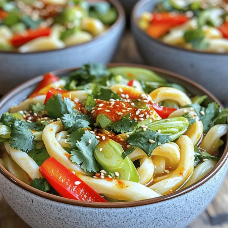 - 300g udon noodles - 2 tablespoons chili crisp oil (store-bought or homemade) - 1 tablespoon soy sauce - 1 teaspoon sesame oil - 1 teaspoon rice vinegar - 2 cloves garlic, minced - ½ inch ginger, grated - 1 red bell pepper, thinly sliced - 1 cup bok choy, roughly chopped - 2 spring onions, sliced (separate the green and white parts) - 1 tablespoon toasted sesame seeds - Fresh cilantro for garnish - Salt and pepper to taste Udon noodles are thick, chewy, and full of flavor. They soak up sauce well. Chili crisp oil adds heat and crunch. It brings a unique taste to this dish. Soy sauce gives a savory depth. Sesame oil adds a nutty note. Rice vinegar brightens the flavors and balances the heat. Fresh garlic and ginger give a warm, aromatic base. Red bell pepper and bok choy add color and crunch. Spring onions lend freshness, while toasted sesame seeds add a nice texture. Finally, fresh cilantro is a must for a burst of flavor. If you can't find udon noodles, use rice noodles or spaghetti. For the chili crisp oil, you can use regular chili oil or make your own. Soy sauce can be swapped with tamari for a gluten-free option. If you want less heat, skip the chili oil. You can use olive oil instead of sesame oil. For a different taste, apple cider vinegar works in place of rice vinegar. If bok choy is not available, try spinach or kale. Lastly, if you don’t have fresh cilantro, use parsley for garnish. Start by boiling salted water in a large pot. Once the water bubbles, add the udon noodles. Cook them for 8 to 10 minutes based on the package directions. When they’re done, drain and rinse them under cold water. This stops the cooking and keeps them firm. Set the noodles aside in a colander. In a medium bowl, mix the chili crisp oil, soy sauce, sesame oil, and rice vinegar. Whisk until everything is well combined. This sauce will add amazing flavor to the dish. Set it aside for later use. Heat a splash of oil in a large skillet or wok over medium heat. When the oil is hot, add minced garlic and grated ginger. Sauté them for about 30 seconds. You’ll smell a great aroma soon! Next, toss in the sliced red bell pepper and chopped bok choy. Stir-fry these for 3 to 4 minutes. You want them to soften just a bit but still stay crisp. Now it’s time to bring everything together. Add the cooked udon noodles to the skillet with the veggies. Pour your prepared sauce over the top. Use tongs to gently toss everything together. Make sure every noodle and veggie gets coated in that tasty sauce. If it feels dry, add a little water to help mix. Take a moment to taste your dish. Add salt and pepper as needed. Once it’s to your liking, remove the skillet from heat. Garnish with sliced spring onions, toasted sesame seeds, and fresh cilantro. To serve, use deep bowls for the noodles. Drizzle some extra chili crisp oil on top for added heat and flavor. Enjoy your Spicy Chili Crisp Udon! To cook udon noodles, start with a big pot. Fill it with water and add a pinch of salt. Bring the water to a rolling boil. Once boiling, add the udon noodles. Cook them for about 8-10 minutes. Stir occasionally to keep them from sticking. When done, drain the noodles and rinse them under cold water. This stops the cooking and keeps them firm. You can boost the flavor of your udon dish with some extras. Try adding sliced mushrooms for umami. Carrots add a nice crunch and sweetness. You could even toss in some baby corn for fun. For a protein boost, add tofu or shrimp. Just stir-fry them with the veggies. This makes the dish more filling and tasty. When serving your Spicy Chili Crisp Udon, choose deep, colorful bowls. This makes the dish pop. Drizzle some extra chili crisp oil on top for flair. It adds heat and a glossy look. Garnish with sliced spring onions and fresh cilantro. This gives a fresh touch. Your friends and family will love the look and taste! {{image_4}} You can easily make this dish vegetarian or vegan. Simply swap the chili crisp oil with a plant-based version. Use soy sauce or tamari for an extra umami kick. You can add more vegetables like carrots, mushrooms, or snap peas to enhance the flavor. Try using vegetable broth instead of water when cooking the noodles for added taste. If you want to boost protein, consider adding tofu, chicken, or shrimp. For tofu, use firm or extra-firm. Cut it into cubes and sauté until golden. For chicken, slice it thinly and cook it in the pan before adding the vegetables. Shrimp cooks quickly, so add it just before the noodles. These proteins blend well with the spicy chili crisp sauce. You can adjust the spice level to suit your taste. For a milder dish, use less chili crisp oil. You can also add a bit of sugar to balance the heat. If you love spice, feel free to add extra chili flakes or a splash of hot sauce. This way, you control the heat and make it just right for you! To store leftover Spicy Chili Crisp Udon, let it cool down first. Place the noodles in an airtight container. Make sure to separate the noodles from the sauce to keep them fresh. Store them in the fridge for up to three days. When reheating, add a splash of water to the noodles. This helps to keep them moist. Heat them in a skillet over medium heat. Stir the noodles for even warming. You can also use a microwave. Cover the bowl with a damp paper towel to prevent drying out. Heat for one to two minutes, checking often. Freezing udon noodles is easy. First, cook them but don't let them overcook. Drain and cool the noodles completely. Place them in a freezer-safe bag. Squeeze out excess air and seal tightly. They can last in the freezer for up to three months. To use, thaw them overnight in the fridge before reheating. Chili crisp is a spicy oil mix. It has crunchy bits, like garlic and onion. To make it, heat oil and add these ingredients. Let them cook until golden brown. Then, add chili flakes and other spices. This mix brings heat and texture to dishes. You can find it in stores or make it fresh at home. Yes, you can use other noodles! Rice noodles or soba are great choices. They add different flavors and textures. Just make sure to adjust the cooking time as needed. Each noodle type has its own unique taste, which can change your dish. To make this dish gluten-free, switch to gluten-free udon noodles. These are made from rice or other gluten-free grains. Check the labels to ensure they fit your needs. You can also use tamari instead of soy sauce for a gluten-free option. Many side dishes pair well with udon. Some popular options include: - Edamame - Seaweed salad - Tempura vegetables - Pickled vegetables These sides add variety and make your meal more enjoyable. For meal prep, cook the noodles and store them separately. Keep the sauce and veggies in another container. When you are ready to eat, heat them together. This keeps the noodles from getting soggy. You can also double the recipe to have more servings ready! This blog post explored delicious udon noodles and how to make them. We looked at key ingredients, how to cook them, and tips for great flavor. You also learned about variations, storage, and answers to common questions. Enjoy experimenting with your own noodle dishes. Share your flavors with friends and family, and get creative. Your kitchen is a great place for fun and tasty meals. Happy cooking!