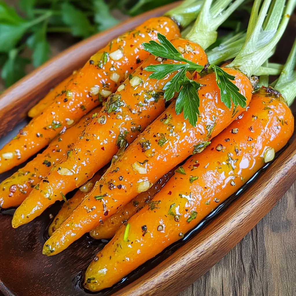 To create this tasty dish, you need these key items: - 1 pound baby carrots, peeled and trimmed - 4 cloves garlic, minced - 3 tablespoons extra virgin olive oil - 1 tablespoon fresh rosemary, finely chopped - 1 tablespoon fresh thyme, finely chopped - 1 teaspoon honey - Salt and freshly ground black pepper, to taste - Fresh parsley, chopped for garnish These ingredients work together to give the carrots great flavor. The garlic adds a punch, while the herbs bring warmth. You can also try these extras to boost taste: - Lemon juice for brightness - Red pepper flakes for a kick - Balsamic vinegar for sweetness Using these optional ingredients can change the dish’s flavor profile. Experimenting can lead to new favorites. If you lack any ingredients, here are some swaps: - Use regular carrots instead of baby carrots. - Try dried herbs if fresh ones are not available. - Swap olive oil for another oil like avocado oil. These substitutions can still deliver great results. Don’t be afraid to get creative with what you have on hand. Start by preheating your oven to 425°F (220°C). This heat will help the carrots roast nicely. Next, take 1 pound of baby carrots. Peel and trim them to get rid of any rough edges. In a large bowl, mix the carrots with 4 cloves of minced garlic. Add 3 tablespoons of extra virgin olive oil for flavor and moisture. Now, you’ll want to add 1 tablespoon of finely chopped rosemary and 1 tablespoon of finely chopped thyme. These herbs will give the dish a fresh taste. Don't forget the honey—1 teaspoon will add a touch of sweetness. Finally, season your mixture with salt and freshly ground black pepper. Toss everything well with your hands or a spatula until each carrot gets a good coat of the tasty mix. Spread the carrots on a baking sheet lined with parchment paper. Make sure they are in a single layer. This step is key for even cooking and caramelization. Now, it's time to roast! Place the baking sheet in your hot oven. Roast the carrots for 25 to 30 minutes. Halfway through, give them a gentle toss. This helps them cook evenly. You want them tender and beautifully browned when they're done. When the carrots finish roasting, take them out of the oven. Transfer them to a nice serving dish. To make them pop, sprinkle some freshly chopped parsley on top. This adds color and a fresh flavor. Enjoy your garlic herb roasted carrots as a side dish. They pair well with meats or grains. They are not just tasty; they look great on the table! To get perfectly roasted carrots, start with fresh baby carrots. Peel and trim them for even cooking. Make sure your oven is hot, around 425°F (220°C). This high heat helps caramelize the sugars. Spread the carrots in a single layer on the baking sheet. This prevents steaming. Toss them halfway through to ensure even browning. Keep an eye on them to avoid burning. Aim for a golden brown color for the best flavor. Garlic herb roasted carrots go well with many dishes. Try serving them with roasted chicken or grilled fish. They also pair nicely with quinoa or rice. For a fresh twist, add a squeeze of lemon juice. Fresh herbs like dill or cilantro can enhance the flavor too. Don't forget to season with salt and pepper to taste. These simple additions can elevate your dish. You need a few key tools to make this dish. A large mixing bowl is essential for combining the ingredients. A baking sheet lined with parchment paper helps with cleanup. Use a sharp knife for chopping herbs and garlic. A spatula or your hands works well for tossing the carrots. If you have a meat thermometer, it can help ensure even cooking. These tools make the process easier and more efficient. {{image_4}} You can change up the herbs for new flavors. Try using fresh dill or oregano instead of rosemary and thyme. Basil adds a nice touch, especially in summer. Each herb brings its own taste and aroma to the dish. Experiment with combinations to find what you love best. Want to add more depth? You can mix in a little brown sugar or maple syrup for sweetness. Add a splash of balsamic vinegar for tanginess. You can also toss in some chopped nuts like walnuts or pecans for crunch. These additions create a balance of flavors that makes the dish pop. This recipe is already vegan and gluten-free. You can enjoy it without worry. If you need a nut-free option, just skip the nuts. Use the same ingredients for a delicious and safe dish. Garlic herb roasted carrots fit many diets, making them a great choice for gatherings. To store leftover garlic herb roasted carrots, first let them cool down. Place them in an airtight container. You can keep them in the fridge for up to three days. Make sure to label the container with the date. This helps you remember when you made them. When you are ready to enjoy your leftovers, preheat your oven to 350°F (175°C). Spread the carrots on a baking sheet. Heat them for about 10-15 minutes, or until warm. This method keeps the carrots crispy and tasty. You can also microwave them for 1-2 minutes, but the oven gives better results. If you want to freeze roasted carrots, first let them cool completely. Place them in a freezer-safe bag, removing as much air as you can. They will last for up to three months in the freezer. When you are ready to eat them, thaw in the fridge overnight. Reheat in the oven for the best texture and taste. Yes, you can use regular carrots. Just cut them into similar sizes for even cooking. Baby carrots are tender and sweet, but regular ones work too. Peel them first for the best texture. Garlic Herb Roasted Carrots pair well with many dishes. Try them with roasted chicken or grilled fish. They also go great with quinoa or rice. Add a fresh salad for a complete meal. Leftovers last about three to four days in the fridge. Store them in an airtight container. Reheat them in the oven to keep them crispy. Yes, you can prepare the carrots ahead of time. Toss them with the herbs and oil. Store them in the fridge for up to 24 hours. Roast them just before serving for the best flavor. Garlic herb roasted carrots are simple and tasty. We explored key ingredients and optional add-ins for more flavor. The step-by-step guide showed how to prep, roast, and serve these carrots. I shared useful tips for roasting perfection and creative variations, plus storage and reheating advice. These carrots fit many diets and make any meal special. Try different herbs or spices to make the dish your own. Enjoy delicious roasted carrots with ease!