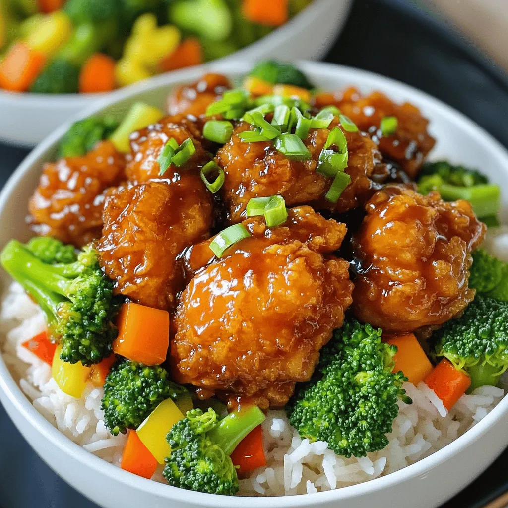 - 1 pound boneless, skinless chicken thighs, cut into bite-sized pieces - 2 tablespoons cornstarch - 2 tablespoons vegetable oil - 3 cloves garlic, minced - 1-inch piece of ginger, freshly grated - 1/4 cup soy sauce (low-sodium recommended for balanced flavor) - 2 tablespoons packed brown sugar - 1 tablespoon rice vinegar - 1 tablespoon toasted sesame oil - 1 teaspoon red pepper flakes (adjust according to spice preference) - 1 cup broccoli florets (fresh or frozen) - 1 bell pepper, diced (choose red for sweetness or green for a more peppery flavor) - 1 carrot, thinly sliced (for added crunch and color) - 2 green onions, sliced (for garnish) - Cooked jasmine rice (for serving, about 2 cups) Serving Size Clarifications This recipe serves four people. Each person gets a bowl with chicken and veggies on rice. Adjustments for Personal Preferences You can change the spice level by adding more or less red pepper flakes. If you want more veggies, add extra broccoli or bell peppers. You can also swap chicken for tofu for a plant-based meal. - Coating with Cornstarch First, take one pound of boneless, skinless chicken thighs. Cut them into bite-sized pieces. In a medium bowl, toss the chicken with two tablespoons of cornstarch. This coating helps the chicken get nice and crispy. - Crispy Sautéing Technique Heat two tablespoons of vegetable oil in a large skillet over medium-high heat. Once the oil is hot, add the coated chicken. Cook for about 5 to 7 minutes. Stir occasionally until the chicken is golden brown and crispy. Once done, set the chicken aside on a plate. - Importance of Timing with Garlic and Ginger In the same skillet, add three cloves of minced garlic and one inch of freshly grated ginger. Sauté them for about 30 seconds. Stir often to make sure they do not burn. This step adds a lot of flavor to your dish. - Whisking Technique In a small bowl, whisk together 1/4 cup of soy sauce, two tablespoons of brown sugar, one tablespoon of rice vinegar, one tablespoon of toasted sesame oil, and one teaspoon of red pepper flakes. Mix until the sugar is mostly dissolved. - Simmering for Flavor Development Pour the sauce mixture into the skillet with the garlic and ginger. Bring it to a gentle simmer for 2 to 3 minutes. This allows all the flavors to blend well together. - Tender-Crisp Cooking Method Now, add one cup of broccoli florets, one diced bell pepper, and one thinly sliced carrot to the skillet. Stir everything to coat with sauce. Cook for an additional 3 to 4 minutes. The vegetables should be tender but still crisp. - Techniques for Even Coating Return the crispy chicken back to the skillet with the vegetables and sauce. Stir everything together well. Make sure the chicken is fully coated with the sauce. - Final Cooking Duration Let the mixture cook for another 1 to 2 minutes. This helps the flavors mix nicely. - Plating Suggestions Spoon the General Tso's chicken and vegetables over bowls of warm jasmine rice. - Garnishing with Green Onions Top each bowl with sliced green onions. This adds a fresh touch and color to your dish. - Use cornstarch to coat the chicken. This helps it crisp up nicely. - Heat your skillet well before adding the chicken. A hot pan seals in moisture. - Cook in batches if needed. Overcrowding can lead to steaming rather than frying. - Swap soy sauce for tamari to make it gluten-free. - For a kick, add more red pepper flakes or try sriracha. - Use honey instead of brown sugar for a different sweet note. - Cook chicken to 165°F for safety. Use a meat thermometer for accuracy. - Cut vegetables into equal sizes for even cooking. This helps them finish at the same time. - Always wash fresh veggies under running water before cooking. This removes dirt and germs. {{image_4}} Substitutes for Chicken You can easily swap chicken for other meats. Pork works great in this dish. Use tender pork tenderloin or even shrimp for a quick meal. Both cook fast and absorb flavors well. Vegetarian Options If you want a meat-free dish, try tofu or tempeh. Press tofu to remove excess water. Cut it into cubes and coat with cornstarch like chicken. This gives it a nice crisp. Using Seasonal Produce Feel free to get creative with veggies. In summer, add zucchini or snap peas. In fall, use butternut squash or Brussels sprouts. Fresh, seasonal produce gives your dish a new twist. Additional Flavor Boosts For more flavor, add a splash of orange juice or zest. You can also toss in some cashews or peanuts for crunch. These small changes can make your meal pop. Creative Rice Substitutes While jasmine rice is great, try cauliflower rice for a low-carb option. Quinoa adds protein and a nutty taste. Both give you a different feel for the meal. Bowl Customizations Make your bowls unique! Add avocado slices or a fried egg on top. You can also serve it with a side of spring rolls. These extras can make your dinner feel special. - Best Practices for Refrigeration Store leftover General Tso's chicken bowls in an airtight container. Place them in the fridge. They will stay fresh for about three days. Make sure to cool down the dish first before sealing. This prevents moisture build-up and keeps the chicken crispy. - Freezing Tips for Longevity If you want to save the meal longer, freezing is a great option. Use freezer-safe containers or bags. Label them with the date. General Tso's chicken can last up to three months in the freezer. When ready to eat, let it thaw in the fridge overnight. - Techniques to Maintain Crispiness To keep the chicken crispy, reheat it in a skillet. Use medium heat and add a splash of oil. Stir it gently until heated through. This avoids sogginess. You can also use an air fryer for a quick and crisp result. - Safety Tips for Reheating When reheating, make sure the chicken reaches 165°F for safety. Use a food thermometer to check. This ensures you kill any harmful germs. Avoid reheating multiple times. It’s best to heat only what you will eat. General Tso's Chicken is a popular Chinese dish. It features crispy chicken in a sweet and spicy sauce. The sauce often includes soy sauce, sugar, and ginger. You can also find vegetables like broccoli and bell peppers mixed in. This dish is known for its bold flavors and beautiful colors. Yes, you can make General Tso’s Chicken gluten-free. To do this, swap regular soy sauce for gluten-free soy sauce. You can also use cornstarch as a thickener, which is gluten-free. Check all labels for hidden gluten in sauces or other ingredients. To make General Tso’s Chicken less spicy, reduce the red pepper flakes. You can start with just a pinch and taste as you go. Another option is to add more sugar or honey to balance the heat. Adding extra vegetables can also help tone down the spice. General Tso’s Chicken Bowls pair well with jasmine rice. You can also serve it with steamed broccoli or a fresh salad. For drinks, try green tea or a light beer. These choices complement the dish's flavors nicely. Yes, you can prepare General Tso’s Chicken ahead of time. Cook the chicken and sauce, then store them separately. Keep the chicken crispy by reheating it in the oven. This way, you can enjoy a quick, tasty meal on busy nights. This blog post covered the essentials of making General Tso's Chicken. We discussed ingredients, cooking techniques, and serving ideas. You learned about achieving the perfect crispiness and flavor. Remember, personalization is key—tweak ingredients to your taste. Always prioritize food safety and proper storage. Enjoy experimenting with variations to keep meals exciting. With these tips, you can create delicious dishes that impress. Happy cooking!